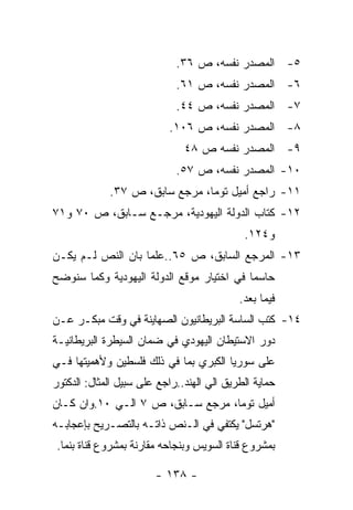 ‫٥- ﺍﻟﻤﺼﺩﺭ ﻨﻔﺴﻪ، ﺹ ٦٣.‬
                             ‫٦- ﺍﻟﻤﺼﺩﺭ ﻨﻔﺴﻪ، ﺹ ١٦.‬
                             ‫٧- ﺍﻟﻤﺼﺩﺭ ﻨﻔﺴﻪ، ﺹ ٤٤.‬
                           ‫٨- ﺍﻟﻤﺼﺩﺭ ﻨﻔﺴﻪ، ﺹ ٦٠١.‬
                               ‫٩- ﺍﻟﻤﺼﺩﺭ ﻨﻔﺴﻪ ﺹ ٨٤‬
                             ‫٠١- ﺍﻟﻤﺼﺩﺭ ﻨﻔﺴﻪ، ﺹ ٧٥.‬
             ‫١١- ﺭﺍﺠﻊ ﺃﻤﻴل ﺘﻭﻤﺎ، ﻤﺭﺠﻊ ﺴﺎﺒﻕ، ﺹ ٧٣.‬
‫٢١- ﻜﺘﺎﺏ ﺍﻟﺩﻭﻟﺔ ﺍﻟﻴﻬﻭﺩﻴﺔ، ﻤﺭﺠـﻊ ﺴـﺎﺒﻕ، ﺹ ٠٧ ﻭ١٧‬
                                             ‫ﻭ٤٢١.‬
‫٣١- ﺍﻟﻤﺭﺠﻊ ﺍﻟﺴﺎﺒﻕ، ﺹ ٥٦..ﻋﻠﻤﺎ ﺒﺎﻥ ﺍﻟﻨﺹ ﻟـﻡ ﻴﻜـﻥ‬
‫ﺤﺎﺴﻤﺎ ﻓﻲ ﺍﺨﺘﻴﺎﺭ ﻤﻭﻗﻊ ﺍﻟﺩﻭﻟﺔ ﺍﻟﻴﻬﻭﺩﻴﺔ ﻭﻜﻤﺎ ﺴﻨﻭﻀﺢ‬
                                            ‫ﻓﻴﻤﺎ ﺒﻌﺩ.‬
‫٤١- ﻜﺘﺏ ﺍﻟﺴﺎﺴﺔ ﺍﻟﺒﺭﻴﻁﺎﻨﻴﻭﻥ ﺍﻟﺼﻬﺎﻴﻨﺔ ﻓﻲ ﻭﻗﺕ ﻤﺒﻜـﺭ ﻋـﻥ‬
‫ﺩﻭﺭ ﺍﻻﺴﺘﻴﻁﺎﻥ ﺍﻟﻴﻬﻭﺩﻱ ﻓﻲ ﻀﻤﺎﻥ ﺍﻟﺴﻴﻁﺭﺓ ﺍﻟﺒﺭﻴﻁﺎﻨﻴـﺔ‬
‫ﻋﻠﻰ ﺴﻭﺭﻴﺎ ﺍﻟﻜﺒﺭﻱ ﺒﻤﺎ ﻓﻲ ﺫﻟﻙ ﻓﻠﺴﻁﻴﻥ ﻭﻷﻫﻤﻴﺘﻬﺎ ﻓـﻲ‬
‫ﺤﻤﺎﻴﺔ ﺍﻟﻁﺭﻴﻕ ﺍﻟﻲ ﺍﻟﻬﻨﺩ..ﺭﺍﺠﻊ ﻋﻠﻰ ﺴﺒﻴل ﺍﻟﻤﺜﺎل: ﺍﻟﺩﻜﺘﻭﺭ‬
‫ﺃﻤﻴل ﺘﻭﻤﺎ، ﻤﺭﺠﻊ ﺴـﺎﺒﻕ، ﺹ ٧ ﺍﻟـﻲ ٠١.ﻭﺍﻥ ﻜـﺎﻥ‬
‫"ﻫﺭﺘﺴل" ﻴﻜﺘﻔﻲ ﻓﻲ ﺍﻟـﻨﺹ ﺫﺍﺘـﻪ ﺒﺎﻟﺘﺼـﺭﻴﺢ ﺒﺈﻋﺠﺎﺒـﻪ‬
 ‫ﺒﻤﺸﺭﻭﻉ ﻗﻨﺎﺓ ﺍﻟﺴﻭﻴﺱ ﻭﺒﻨﺠﺎﺤﻪ ﻤﻘﺎﺭﻨﺔ ﺒﻤﺸﺭﻭﻉ ﻗﻨﺎﺓ ﺒﻨﻤﺎ.‬

                        ‫- ٨٣١ -‬
 