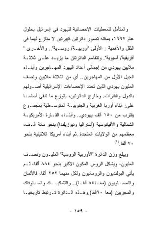 ‫ﻭﺍﻟﻤﺘﺄﻤل ﻟﻠﻤﻌﻁﻴﺎﺕ ﺍﻹﺤﺼﺎﺌﻴﺔ ﻟﻠﻴﻬﻭﺩ ﻓﻲ ﺇﺴﺭﺍﺌﻴل ﺒﺤﻠﻭل‬
‫ﻋﺎﻡ ٧٩٩١، ﻴﻤﻜﻨﻪ ﺘﺼﻭﺭ ﺩﺍﺌﺭﺘﻴﻥ ﻜﺒﻴﺭﺘﻴﻥ ﻻ ﻤﻨﺎﺯﻉ ﻟﻬﻤﺎ ﻓﻲ‬
‫ﺍﻟﺜﻘل ﻭﺍﻷﻫﻤﻴﺔ : ﺍﻷﻭﻟﻰ "ﺃﻭﺭﺒﻴـﺔ/ ﺭﻭﺴـﻴﺔ".. ﻭﺍﻷﺨـﺭﻯ "‬
‫ﺃﻓﺭﻴﻘﻴﺔ/ ﺁﺴﻴﻭﻴﺔ". ﻭﺘﺘﻘﺎﺴﻡ ﺍﻟﺩﺍﺌﺭﺘﺎﻥ ﻤﺎ ﻴﺯﻴـﺩ ﻋﻠـﻰ ﺜﻼﺜـﺔ‬
‫ﻤﻼﻴﻴﻥ ﻴﻬﻭﺩﻱ ﻤﻥ ﺇﺠﻤﺎﻟﻲ ﺃﻋﺩﺍﺩ ﺍﻟﻴﻬﻭﺩ ﺍﻟﻤﻬـﺎﺠﺭﻴﻥ ﻭﺃﺒﻨـﺎﺀ‬
‫ﺍﻟﺠﻴل ﺍﻷﻭل ﻤﻥ ﺍﻟﻤﻬﺎﺠﺭﻴﻥ.. ﺃﻱ ﻤﻥ ﺍﻟﺜﻼﺜﺔ ﻤﻼﻴﻴﻥ ﻭﻨﺼﻑ‬
‫ﺍﻟﻤﻠﻴﻭﻥ ﻴﻬﻭﺩﻱ ﺍﻟﺫﻴﻥ ﺘﺤﺩﺩ ﺍﻹﺤﺼﺎﺀﺍﺕ ﺍﻹﺴﺭﺍﺌﻴﻠﻴﺔ ﺃﺼـﻭﻟﻬﻡ‬
‫ﺒﺎﻟﺩﻭل ﻭﺍﻟﻘﺎﺭﺍﺕ. ﻭﺨﺎﺭﺝ ﺍﻟﺩﺍﺌﺭﺘﻴﻥ، ﻴﺘﻭﺯﻉ ﻤﺎ ﺘﺒﻘﻰ ﺃﺴﺎﺴـﺎ‬
‫ﻋﻠﻰ: ﺃﺒﻨﺎﺀ ﺃﻭﺭﺒﺎ ﺍﻟﻐﺭﺒﻴﺔ ﻭﺍﻟﺠﻨﻭﺒﻴـﺔ ﺍﻟﻤﺘﻭﺴـﻁﻴﺔ ﺒﻤﺠﻤـﻭﻉ‬
‫ﻴﻘﺘﺭﺏ ﻤﻥ ٠٥١ ﺃﻟﻑ ﻴﻬﻭﺩﻱ.. ﻭﺃﺒﻨـﺎﺀ ﺍﻟﻘـﺎﺭﺓ ﺍﻷﻤﺭﻴﻜﻴـﺔ‬
‫ﺍﻟﺸﻤﺎﻟﻴﺔ ﻭﺍﻷﻗﻴﺎﻨﻭﺴﻴﺔ )ﺃﺴﺘﺭﺍﻟﻴﺎ ﻭﻨﻴﻭﺯﻴﻠﻨﺩﺍ( ﺒﻨﺤﻭ ﻤﺎﺌﺔ ﺃﻟـﻑ،‬
‫ﻤﻌﻅﻤﻬﻡ ﻤﻥ ﺍﻟﻭﻻﻴﺎﺕ ﺍﻟﻤﺘﺤﺩﺓ..ﺜﻡ ﺃﺒﻨﺎﺀ ﺃﻤﺭﻴﻜﺎ ﺍﻟﻼﺘﻴﻨﻴﺔ ﺒﻨﺤﻭ‬
                                               ‫) ٩(‬
                                                      ‫٠٧ ﺃﻟﻔﺎ.‬
‫ﻭﻴﺒﻠﻎ ﻭﺯﻥ ﺍﻟﺩﺍﺌﺭﺓ "ﺍﻷﻭﺭﺒﻴﺔ ﺍﻟﺭﻭﺴﻴﺔ" ﺍﻟﻤﻠﻴـﻭﻥ ﻭﻨﺼـﻑ‬
‫ﺍﻟﻤﻠﻴﻭﻥ، ﻭﻴﺸﻜل ﺍﻟﺭﻭﺱ ﺍﻟﻤﻜﻭﻥ ﺍﻷﻜﺒﺭ ﺒﻨﺤﻭ ٤٨٨ ﺃﻟﻔﺎ، ﺜـﻡ‬
‫ﻴﺄﺘﻲ ﺍﻟﺒﻭﻟﻨﺩﻴﻭﻥ ﻭﺍﻟﺭﻭﻤﺎﻨﻴﻭﻥ ﻭﻟﻜل ﻤﻨﻬﻤﺎ ٢٥٢ ﺃﻟﻔﺎ، ﻓﺎﻷﻟﻤﺎﻥ‬
‫ﻭﺍﻟﻨﻤﺴـﺎﻭﻴﻭﻥ )ﻤﻌـﺎ٤٨ ﺃﻟﻔـﺎ(.. ﻭﺍﻟﺘﺸﻜﻴــﻙ ﻭﺍﻟﺴـﻠﻭﻓﺎﻙ‬
     ‫ـ‬                    ‫ـ‬       ‫ـ‬         ‫ـ‬
‫ﻭﺍﻟﻤﺠﺭﻴﻴﻥ )ﻤﻌﺎ ٠٦ﺃﻟﻔﺎ(.ﻭﻫـﺫﻩ ﺍﻟـﺩﺍﺌﺭﺓ ﺘـﺭﺘﺒﻁ ﺘﺎﺭﻴﺨﻴـﺎ‬


                        ‫- ٩٥١ -‬
 