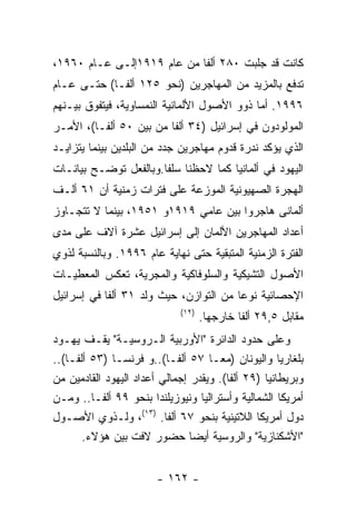 ‫ﻜﺎﻨﺕ ﻗﺩ ﺠﻠﺒﺕ ٠٨٢ ﺃﻟﻔﺎ ﻤﻥ ﻋﺎﻡ ٩١٩١ﺇﻟـﻰ ﻋـﺎﻡ ٠٦٩١،‬
‫ﺘﺩﻓﻊ ﺒﺎﻟﻤﺯﻴﺩ ﻤﻥ ﺍﻟﻤﻬﺎﺠﺭﻴﻥ )ﻨﺤﻭ ٥٢١ ﺃﻟﻔـﺎ( ﺤﺘـﻰ ﻋـﺎﻡ‬
‫٦٩٩١. ﺃﻤﺎ ﺫﻭﻭ ﺍﻷﺼﻭل ﺍﻷﻟﻤﺎﻨﻴﺔ ﺍﻟﻨﻤﺴﺎﻭﻴﺔ، ﻓﻴﺘﻔﻭﻕ ﺒﻴـﻨﻬﻡ‬
‫ﺍﻟﻤﻭﻟﻭﺩﻭﻥ ﻓﻲ ﺇﺴﺭﺍﺌﻴل )٤٣ ﺃﻟﻔﺎ ﻤﻥ ﺒﻴﻥ ٠٥ ﺃﻟﻔـﺎ(، ﺍﻷﻤـﺭ‬
‫ﺍﻟﺫﻱ ﻴﺅﻜﺩ ﻨﺩﺭﺓ ﻗﺩﻭﻡ ﻤﻬﺎﺠﺭﻴﻥ ﺠﺩﺩ ﻤﻥ ﺍﻟﺒﻠﺩﻴﻥ ﺒﻴﻨﻤﺎ ﻴﺘﺯﺍﻴـﺩ‬
‫ﺍﻟﻴﻬﻭﺩ ﻓﻲ ﺃﻟﻤﺎﻨﻴﺎ ﻜﻤﺎ ﻻﺤﻅﻨﺎ ﺴﻠﻔﺎ.ﻭﺒﺎﻟﻔﻌل ﺘﻭﻀـﺢ ﺒﻴﺎﻨـﺎﺕ‬
‫ﺍﻟﻬﺠﺭﺓ ﺍﻟﺼﻬﻴﻭﻨﻴﺔ ﺍﻟﻤﻭﺯﻋﺔ ﻋﻠﻰ ﻓﺘﺭﺍﺕ ﺯﻤﻨﻴﺔ ﺃﻥ ١٦ ﺃﻟـﻑ‬
‫ﺃﻟﻤﺎﻨﻰ ﻫﺎﺠﺭﻭﺍ ﺒﻴﻥ ﻋﺎﻤﻲ ٩١٩١ﻭ ١٥٩١، ﺒﻴﻨﻤﺎ ﻻ ﺘﺘﺠـﺎﻭﺯ‬
‫ﺃﻋﺩﺍﺩ ﺍﻟﻤﻬﺎﺠﺭﻴﻥ ﺍﻷﻟﻤﺎﻥ ﺇﻟﻰ ﺇﺴﺭﺍﺌﻴل ﻋﺸﺭﺓ ﺁﻻﻑ ﻋﻠﻰ ﻤﺩﻯ‬
‫ﺍﻟﻔﺘﺭﺓ ﺍﻟﺯﻤﻨﻴﺔ ﺍﻟﻤﺘﺒﻘﻴﺔ ﺤﺘﻰ ﻨﻬﺎﻴﺔ ﻋﺎﻡ ٦٩٩١. ﻭﺒﺎﻟﻨﺴﺒﺔ ﻟﺫﻭﻱ‬
‫ﺍﻷﺼﻭل ﺍﻟﺘﺸﻴﻜﻴﺔ ﻭﺍﻟﺴﻠﻭﻓﺎﻜﻴﺔ ﻭﺍﻟﻤﺠﺭﻴﺔ، ﺘﻌﻜﺱ ﺍﻟﻤﻌﻁﻴـﺎﺕ‬
‫ﺍﻹﺤﺼﺎﺌﻴﺔ ﻨﻭﻋﺎ ﻤﻥ ﺍﻟﺘﻭﺍﺯﻥ، ﺤﻴﺙ ﻭﻟﺩ ١٣ ﺃﻟﻔﺎ ﻓﻲ ﺇﺴﺭﺍﺌﻴل‬
                             ‫)٢١(‬
                                    ‫ﻤﻘﺎﺒل ٥,٩٢ ﺃﻟﻔﺎ ﺨﺎﺭﺠﻬﺎ.‬
‫ﻭﻋﻠﻰ ﺤﺩﻭﺩ ﺍﻟﺩﺍﺌﺭﺓ "ﺍﻷﻭﺭﺒﻴﺔ ﺍﻟـﺭﻭﺴﻴـﺔ" ﻴﻘـﻑ ﻴﻬـﻭﺩ‬
‫ﺒﻠﻐﺎﺭﻴﺎ ﻭﺍﻟﻴﻭﻨﺎﻥ )ﻤﻌـﺎ ٧٥ ﺃﻟﻔـﺎ(..ﻭ ﻓﺭﻨﺴـﺎ )٣٥ ﺃﻟﻔـﺎ(..‬
‫ﻭﺒﺭﻴﻁﺎﻨﻴﺎ )٩٢ ﺃﻟﻔﺎ(. ﻭﻴﻘﺩﺭ ﺇﺠﻤﺎﻟﻲ ﺃﻋﺩﺍﺩ ﺍﻟﻴﻬﻭﺩ ﺍﻟﻘﺎﺩﻤﻴﻥ ﻤﻥ‬
‫ﺃﻤﺭﻴﻜﺎ ﺍﻟﺸﻤﺎﻟﻴﺔ ﻭﺃﺴﺘﺭﺍﻟﻴﺎ ﻭﻨﻴﻭﺯﻴﻠﻨﺩﺍ ﺒﻨﺤﻭ ٩٩ ﺃﻟﻔـﺎ.. ﻭﻤـﻥ‬
‫ﺩﻭل ﺃﻤﺭﻴﻜﺎ ﺍﻟﻼﺘﻴﻨﻴﺔ ﺒﻨﺤﻭ ٧٦ ﺃﻟﻔﺎ. )٣١(، ﻭﻟـﺫﻭﻱ ﺍﻷﺼـﻭل‬
       ‫"ﺍﻷﺸﻜﻨﺎﺯﻴﺔ" ﻭﺍﻟﺭﻭﺴﻴﺔ ﺃﻴﻀﺎ ﺤﻀﻭﺭ ﻻﻓﺕ ﺒﻴﻥ ﻫﺅﻻﺀ.‬


                        ‫- ٢٦١ -‬
 