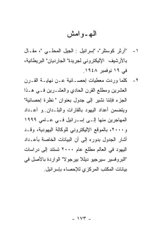 ‫ﺍﻟﻬـﻭﺍﻤﺵ‬
‫١- "ﺁﺭﺜﺭ ﻜﻭﺴﺘﻠﺭ"، "ﺇﺴﺭﺍﺌﻴل : ﺍﻟﺠﻴل ﺍﻟﻤﺤﻠـﻲ "، ﻤﻘـﺎل‬
‫ﺒﺎﻷﺭﺸﻴﻑ ﺍﻹﻟﻴﻜﺘﺭﻭﻨﻲ ﻟﺠﺭﻴﺩﺓ" ﺍﻟﺠﺎﺭﺩﻴﺎﻥ" ﺍﻟﺒﺭﻴﻁﺎﻨﻴﺔ،‬
                            ‫ﻓﻲ ٩١ ﻨﻭﻓﻤﺒﺭ ٨٤٩١.‬
‫٢- ﻜﻠﻤﺎ ﻭﺭﺩﺕ ﻤﻌﻁﻴﺎﺕ ﺇﺤﺼـﺎﺌﻴﺔ ﻋـﻥ ﻨﻬﺎﻴـﺔ ﺍﻟﻘـﺭﻥ‬
‫ﺍﻟﻌﺸﺭﻴﻥ ﻭﻤﻁﻠﻊ ﺍﻟﻘﺭﻥ ﺍﻟﺤﺎﺩﻱ ﻭﺍﻟﻌﺸـﺭﻴﻥ ﻓـﻲ ﻫـﺫﺍ‬
‫ﺍﻟﺠﺯﺀ ﻓﺈﻨﻨﺎ ﻨﺸﻴﺭ ﺇﻟﻰ ﺠﺩﻭل ﺒﻌﻨﻭﺍﻥ " ﻨﻅﺭﺓ ﺇﺤﺼﺎﺌﻴﺔ"‬
‫ﻭﻴﺘﻀﻤﻥ ﺃﻋﺩﺍﺩ ﺍﻟﻴﻬﻭﺩ ﺒﺎﻟﻘﺎﺭﺍﺕ ﻭﺍﻟﺒﻠـﺩﺍﻥ..ﻭ ﺃﻋـﺩﺍﺩ‬
‫ﺍﻟﻤﻬﺎﺠﺭﻴﻥ ﻤﻨﻬﺎ ﺇﻟـﻰ ﺇﺴـﺭﺍﺌﻴل ﻓـﻲ ﻋـﺎﻤﻲ ٩٩٩١‬
‫ﻭ٠٠٠٢، ﺒﺎﻟﻤﻭﻗﻊ ﺍﻹﻟﻴﻜﺘﺭﻭﻨﻲ ﻟﻠﻭﻜﺎﻟﺔ ﺍﻟﻴﻬﻭﺩﻴﺔ، ﻭﻗـﺩ‬
‫ﺃﺸﺎﺭ ﺍﻟﺠﺩﻭل ﺒﺩﻭﺭﻩ ﺇﻟﻰ ﺃﻥ ﺍﻟﺒﻴﺎﻨﺎﺕ ﺍﻟﺨﺎﺼﺔ ﺒﺄﻋـﺩﺍﺩ‬
‫ﺍﻟﻴﻬﻭﺩ ﻓﻲ ﺍﻟﻌﺎﻟﻡ ﻤﻁﻠﻊ ﻋﺎﻡ ٠٠٠٢ ﺘﺴﺘﻨﺩ ﺇﻟﻰ ﺩﺭﺍﺴﺎﺕ‬
‫"ﺍﻟﺒﺭﻭﻓﺴﻴﺭ ﺴﻴﺭﺠﻴﻭ ﺩﻴﻠﻼ ﺒﻴﺭﺠﻭﻻ" ﺍﻟﻭﺍﺭﺩﺓ ﺒﺎﻷﺼل ﻓﻲ‬
         ‫ﺒﻴﺎﻨﺎﺕ ﺍﻟﻤﻜﺘﺏ ﺍﻟﻤﺭﻜﺯﻱ ﻟﻺﺤﺼﺎﺀ ﺒﺈﺴﺭﺍﺌﻴل.‬




                      ‫- ٣٧١ -‬
 