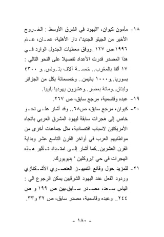 ‫٨١- ﻤﺄﻤﻭﻥ ﻜﻴﻭﺍﻥ، "ﺍﻟﻴﻬﻭﺩ ﻓﻲ ﺍﻟﺸﺭﻕ ﺍﻷﻭﺴﻁ : ﺍﻟﺨـﺭﻭﺝ‬
‫ﺍﻷﺨﻴﺭ ﻤﻥ ﺍﻟﺠﻴﺘﻭ ﺍﻟﺠﺩﻴﺩ"، ﺩﺍﺭ ﺍﻷﻫﻠﻴﺔ، ﻋﻤـﺎﻥ، ﻋـﺎﻡ‬
‫٦٩٩١،ﺹ ٧٢١..ﻭﻭﻓﻕ ﻤﻌﻁﻴﺎﺕ ﺍﻟﺠﺩﻭل ﺍﻟﻭﺍﺭﺩ ﻓـﻲ‬
‫ﻫﺫﺍ ﺍﻟﻤﺼﺩﺭ ﻗﺩﺭﺕ ﺍﻷﻋﺩﺍﺩ ﺘﻔﺼﻴﻼ ﻋﻠﻰ ﺍﻟﻨﺤﻭ ﺍﻟﺘﺎﻟﻲ :‬
‫٧١ ﺃﻟﻔﺎ ﺒﺎﻟﻤﻐﺭﺏ.. ﺨﻤﺴـﺔ ﺁﻻﻑ ﺒﺘـﻭﻨﺱ..ﻭ ٠٠٣٤‬
‫ﺒﺴﻭﺭﻴﺎ..ﻭ٠٠٠١ ﺒﺎﻟﻴﻤﻥ.. ﻭﺨﻤﺴﻤﺎﺌﺔ ﺒﻜل ﻤﻥ ﺍﻟﺠﺯﺍﺌﺭ‬
        ‫ﻭﻟﺒﻨﺎﻥ..ﻭﻤﺎﺌﺔ ﺒﻤﺼﺭ..ﻭﻋﺸﺭﻭﻥ ﻴﻬﻭﺩﻴﺎ ﺒﻠﻴﺒﻴﺎ.‬
             ‫٩١- ﻋﺒﺩﻩ ﻭﻗﺎﺴﻤﻴﺔ، ﻤﺭﺠﻊ ﺴﺎﺒﻕ، ﺹ ٧٦٢.‬
‫٠٢- ﻜﻴﻭﺍﻥ، ﻤﺭﺠﻊ ﺴﺎﺒﻕ، ﺹ٨٦.. ﻭﻗﺩ ﺃﺸﺎﺭ ﻋﻠـﻰ ﻨﺤـﻭ‬
‫ﺨﺎﺹ ﺇﻟﻰ ﻫﺠﺭﺍﺕ ﺴﺎﺒﻘﺔ ﻟﻴﻬﻭﺩ ﺍﻟﻤﺸﺭﻕ ﺍﻟﻌﺭﺒﻲ ﺒﺎﺘﺠﺎﻩ‬
‫ﺍﻷﻤﺭﻴﻜﺘﻴﻥ ﻻﺴﺒﺎﺏ ﺍﻗﺘﺼﺎﺩﻴﺔ، ﻤﺜل ﺠﻤﺎﻋﺎﺕ ﺃﺨﺭﻯ ﻤﻥ‬
‫ﻤﻭﺍﻁﻨﻴﻬﻡ ﺍﻟﻌﺭﺏ ﻓﻲ ﺃﻭﺍﺨﺭ ﺍﻟﻘﺭﻥ ﺍﻟﺘﺎﺴﻊ ﻋﺸﺭ ﻭﺒﺩﺍﻴﺔ‬
‫ﺍﻟﻘﺭﻥ ﺍﻟﻌﺸﺭﻴﻥ..ﻜﻤﺎ ﺃﺸﺎﺭ ﺇﻟـﻰ ﺍﻤﺘـﺩﺍﺩ ﺘـﺄﺜﻴﺭ ﻫـﺫﻩ‬
             ‫ﺍﻟﻬﺠﺭﺍﺕ ﻓﻲ ﺤﻲ "ﺒﺭﻭﻜﻠﻴﻥ " ﺒﻨﻴﻭﻴﻭﺭﻙ.‬
‫١٢- ﻟﻠﻤﺯﻴﺩ ﺤﻭل ﻭﻗﺎﺌﻊ ﺍﻟﺘﻤﻴﻴـﺯ ﺍﻟﻌﻨﺼـﺭﻱ ﺍﻷﺸـﻜﻨﺎﺯﻱ‬
‫ﻭﺭﺩﻭﺩ ﺍﻟﻔﻌل ﻋﻨﺩ ﺍﻟﻴﻬﻭﺩ ﺍﻟﺸﺭﻗﻴﻴﻥ ﻴﻤﻜﻥ ﺍﻟﺭﺠﻭﻉ ﺍﻟﻲ :‬
‫ﺍﻟﻴﺎﺱ ﺴـﻌﺩ، ﻤﺼـﺩﺭ ﺴـﺎﺒﻕ،ﺒﻴﻥ ﺹ ٩٩١ ﻭ ﺹ‬
‫٤٤٢.. ﻭﻋﺒﺩﻩ ﻭﻗﺎﺴﻤﻴﺔ، ﻤﺼﺩﺭ ﺴﺎﺒﻕ، ﺹ ٢٣ ﻭ٣٣.‬


                      ‫- ٠٨١ -‬
 