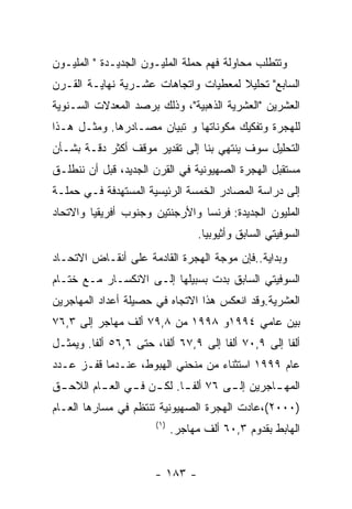 ‫ﻭﺘﺘﻁﻠﺏ ﻤﺤﺎﻭﻟﺔ ﻓﻬﻡ ﺤﻤﻠﺔ ﺍﻟﻤﻠﻴـﻭﻥ ﺍﻟﺠﺩﻴـﺩﺓ " ﺍﻟﻤﻠﻴـﻭﻥ‬
‫ﺍﻟﺴﺎﺒﻊ" ﺘﺤﻠﻴﻼ ﻟﻤﻌﻁﻴﺎﺕ ﻭﺍﺘﺠﺎﻫﺎﺕ ﻋﺸـﺭﻴﺔ ﻨﻬﺎﻴـﺔ ﺍﻟﻘـﺭﻥ‬
‫ﺍﻟﻌﺸﺭﻴﻥ "ﺍﻟﻌﺸﺭﻴﺔ ﺍﻟﺫﻫﺒﻴﺔ"، ﻭﺫﻟﻙ ﺒﺭﺼﺩ ﺍﻟﻤﻌﺩﻻﺕ ﺍﻟﺴـﻨﻭﻴﺔ‬
‫ﻟﻠﻬﺠﺭﺓ ﻭﺘﻔﻜﻴﻙ ﻤﻜﻭﻨﺎﺘﻬﺎ ﻭ ﺘﺒﻴﺎﻥ ﻤﺼـﺎﺩﺭﻫﺎ. ﻭﻤﺜـل ﻫـﺫﺍ‬
‫ﺍﻟﺘﺤﻠﻴل ﺴﻭﻑ ﻴﻨﺘﻬﻲ ﺒﻨﺎ ﺇﻟﻰ ﺘﻘﺩﻴﺭ ﻤﻭﻗﻑ ﺃﻜﺜﺭ ﺩﻗـﺔ ﺒﺸـﺄﻥ‬
‫ﻤﺴﺘﻘﺒل ﺍﻟﻬﺠﺭﺓ ﺍﻟﺼﻬﻴﻭﻨﻴﺔ ﻓﻲ ﺍﻟﻘﺭﻥ ﺍﻟﺠﺩﻴﺩ، ﻗﺒل ﺃﻥ ﻨﻨﻁﻠـﻕ‬
‫ﺇﻟﻰ ﺩﺭﺍﺴﺔ ﺍﻟﻤﺼﺎﺩﺭ ﺍﻟﺨﻤﺴﺔ ﺍﻟﺭﺌﻴﺴﻴﺔ ﺍﻟﻤﺴﺘﻬﺩﻓﺔ ﻓـﻲ ﺤﻤﻠـﺔ‬
‫ﺍﻟﻤﻠﻴﻭﻥ ﺍﻟﺠﺩﻴﺩﺓ: ﻓﺭﻨﺴﺎ ﻭﺍﻷﺭﺠﻨﺘﻴﻥ ﻭﺠﻨﻭﺏ ﺃﻓﺭﻴﻘﻴﺎ ﻭﺍﻻﺘﺤﺎﺩ‬
                                    ‫ﺍﻟﺴﻭﻓﻴﺘﻲ ﺍﻟﺴﺎﺒﻕ ﻭﺃﺜﻴﻭﺒﻴﺎ.‬
‫ﻭﺒﺩﺍﻴﺔ..ﻓﺈﻥ ﻤﻭﺠﺔ ﺍﻟﻬﺠﺭﺓ ﺍﻟﻘﺎﺩﻤﺔ ﻋﻠﻰ ﺃﻨﻘـﺎﺽ ﺍﻻﺘﺤـﺎﺩ‬
‫ﺍﻟﺴﻭﻓﻴﺘﻲ ﺍﻟﺴﺎﺒﻕ ﺒﺩﺕ ﺒﺴﺒﻴﻠﻬﺎ ﺇﻟـﻰ ﺍﻻﻨﻜﺴـﺎﺭ ﻤـﻊ ﺨﺘـﺎﻡ‬
‫ﺍﻟﻌﺸﺭﻴﺔ.ﻭﻗﺩ ﺍﻨﻌﻜﺱ ﻫﺫﺍ ﺍﻻﺘﺠﺎﻩ ﻓﻲ ﺤﺼﻴﻠﺔ ﺃﻋﺩﺍﺩ ﺍﻟﻤﻬﺎﺠﺭﻴﻥ‬
‫ﺒﻴﻥ ﻋﺎﻤﻲ ٤٩٩١ﻭ ٨٩٩١ ﻤﻥ ٨,٩٧ ﺃﻟﻑ ﻤﻬﺎﺠﺭ ﺇﻟﻰ ٣,٦٧‬
‫ﺃﻟﻔﺎ ﺇﻟﻰ ٩,٠٧ ﺃﻟﻔﺎ ﺇﻟﻰ ٩,٧٦ ﺃﻟﻔﺎ، ﺤﺘﻰ ٦,٦٥ ﺃﻟﻔﺎ. ﻭﻴﻤﺜـل‬
‫ﻋﺎﻡ ٩٩٩١ ﺍﺴﺘﺜﻨﺎﺀ ﻤﻥ ﻤﻨﺤﻨﻲ ﺍﻟﻬﺒﻭﻁ، ﻋﻨـﺩﻤﺎ ﻗﻔـﺯ ﻋـﺩﺩ‬
‫ﺍﻟﻤﻬ ـﺎﺠﺭﻴﻥ ﺇﻟ ـﻰ ٦٧ ﺃﻟﻔ ـﺎ. ﻟﻜ ـﻥ ﻓ ـﻲ ﺍﻟﻌ ـﺎﻡ ﺍﻟﻼﺤ ـﻕ‬
 ‫ـ‬        ‫ـ‬      ‫ـ ـ‬         ‫ـ‬         ‫ـ‬         ‫ـ‬
‫)٠٠٠٢(،ﻋﺎﺩﺕ ﺍﻟﻬﺠﺭﺓ ﺍﻟﺼﻬﻴﻭﻨﻴﺔ ﺘﻨﺘﻅﻡ ﻓﻲ ﻤﺴﺎﺭﻫﺎ ﺍﻟﻌـﺎﻡ‬
                       ‫) ١(‬
                              ‫ﺍﻟﻬﺎﺒﻁ ﺒﻘﺩﻭﻡ ٣,٠٦ ﺃﻟﻑ ﻤﻬﺎﺠﺭ.‬


                      ‫- ٣٨١ -‬
 