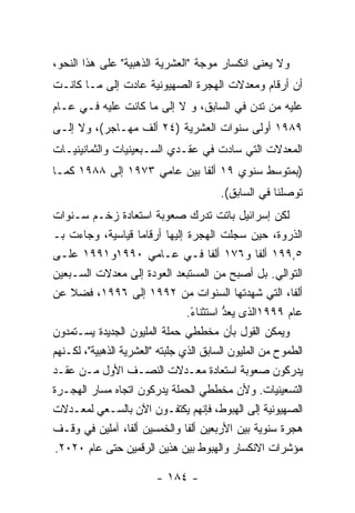 ‫ﻭﻻ ﻴﻌﻨﻰ ﺍﻨﻜﺴﺎﺭ ﻤﻭﺠﺔ "ﺍﻟﻌﺸﺭﻴﺔ ﺍﻟﺫﻫﺒﻴﺔ" ﻋﻠﻰ ﻫﺫﺍ ﺍﻟﻨﺤﻭ،‬
‫ﺃﻥ ﺃﺭﻗﺎﻡ ﻭﻤﻌﺩﻻﺕ ﺍﻟﻬﺠﺭﺓ ﺍﻟﺼﻬﻴﻭﻨﻴﺔ ﻋﺎﺩﺕ ﺇﻟﻰ ﻤـﺎ ﻜﺎﻨـﺕ‬
‫ﻋﻠﻴﻪ ﻤﻥ ﺘﺩﻥ ﻓﻲ ﺍﻟﺴﺎﺒﻕ، ﻭ ﻻ ﺇﻟﻰ ﻤﺎ ﻜﺎﻨﺕ ﻋﻠﻴﻪ ﻓـﻲ ﻋـﺎﻡ‬
‫٩٨٩١ ﺃﻭﻟﻰ ﺴﻨﻭﺍﺕ ﺍﻟﻌﺸﺭﻴﺔ )٤٢ ﺃﻟﻑ ﻤﻬـﺎﺠﺭ(، ﻭﻻ ﺇﻟـﻰ‬
‫ﺍﻟﻤﻌﺩﻻﺕ ﺍﻟﺘﻲ ﺴﺎﺩﺕ ﻓﻲ ﻋﻘـﺩﻱ ﺍﻟﺴـﺒﻌﻴﻨﻴﺎﺕ ﻭﺍﻟﺜﻤﺎﻨﻴﻨﻴـﺎﺕ‬
‫)ﺒﻤﺘﻭﺴﻁ ﺴﻨﻭﻱ ٩١ ﺃﻟﻔﺎ ﺒﻴﻥ ﻋﺎﻤﻲ ٣٧٩١ ﺇﻟﻰ ٨٨٩١ ﻜﻤـﺎ‬
                                        ‫ﺘﻭﺼﻠﻨﺎ ﻓﻲ ﺍﻟﺴﺎﺒﻕ(.‬
‫ﻟﻜﻥ ﺇﺴﺭﺍﺌﻴل ﺒﺎﺘﺕ ﺘﺩﺭﻙ ﺼﻌﻭﺒﺔ ﺍﺴﺘﻌﺎﺩﺓ ﺯﺨـﻡ ﺴـﻨﻭﺍﺕ‬
‫ﺍﻟﺫﺭﻭﺓ، ﺤﻴﻥ ﺴﺠﻠﺕ ﺍﻟﻬﺠﺭﺓ ﺇﻟﻴﻬﺎ ﺃﺭﻗﺎﻤﺎ ﻗﻴﺎﺴﻴﺔ، ﻭﺠﺎﺀﺕ ﺒـ‬
‫٥,٩٩١ ﺃﻟﻔﺎ ﻭ٦٧١ ﺃﻟﻔﺎ ﻓـﻲ ﻋـﺎﻤﻲ ٠٩٩١ﻭ١٩٩١ ﻋﻠـﻰ‬
‫ﺍﻟﺘﻭﺍﻟﻲ. ﺒل ﺃﺼﺒﺢ ﻤﻥ ﺍﻟﻤﺴﺘﺒﻌﺩ ﺍﻟﻌﻭﺩﺓ ﺇﻟﻰ ﻤﻌﺩﻻﺕ ﺍﻟﺴـﺒﻌﻴﻥ‬
‫ﺃﻟﻔﺎ، ﺍﻟﺘﻲ ﺸﻬﺩﺘﻬﺎ ﺍﻟﺴﻨﻭﺍﺕ ﻤﻥ ٢٩٩١ ﺇﻟﻰ ٦٩٩١، ﻓﻀﻼ ﻋﻥ‬
                                 ‫ﻋﺎﻡ ٩٩٩١ﺍﻟﺫﻯ ‪‬ﻌﺩ ﺍﺴﺘﺜﻨﺎﺀ.‬
                                  ‫ً‬       ‫ﻴ ﱡ‬
‫ﻭﻴﻤﻜﻥ ﺍﻟﻘﻭل ﺒﺄﻥ ﻤﺨﻁﻁﻲ ﺤﻤﻠﺔ ﺍﻟﻤﻠﻴﻭﻥ ﺍﻟﺠﺩﻴﺩﺓ ﻴﺴـﺘﻤﺩﻭﻥ‬
‫ﺍﻟﻁﻤﻭﺡ ﻤﻥ ﺍﻟﻤﻠﻴﻭﻥ ﺍﻟﺴﺎﺒﻕ ﺍﻟﺫﻱ ﺠﻠﺒﺘﻪ "ﺍﻟﻌﺸﺭﻴﺔ ﺍﻟﺫﻫﺒﻴﺔ"، ﻟﻜـﻨﻬﻡ‬
‫ﻴﺩﺭﻜﻭﻥ ﺼﻌﻭﺒﺔ ﺍﺴﺘﻌﺎﺩﺓ ﻤﻌـﺩﻻﺕ ﺍﻟﻨﺼـﻑ ﺍﻷﻭل ﻤـﻥ ﻋﻘـﺩ‬
‫ﺍﻟﺘﺴﻌﻴﻨﻴﺎﺕ. ﻭﻷﻥ ﻤﺨﻁﻁﻲ ﺍﻟﺤﻤﻠﺔ ﻴﺩﺭﻜﻭﻥ ﺍﺘﺠﺎﻩ ﻤﺴﺎﺭ ﺍﻟﻬﺠـﺭﺓ‬
‫ﺍﻟﺼﻬﻴﻭﻨﻴﺔ ﺇﻟﻰ ﺍﻟﻬﺒﻭﻁ، ﻓﺈﻨﻬﻡ ﻴﻜﺘﻔـﻭﻥ ﺍﻵﻥ ﺒﺎﻟﺴـﻌﻲ ﻟﻤﻌـﺩﻻﺕ‬
‫ﻫﺠﺭﺓ ﺴﻨﻭﻴﺔ ﺒﻴﻥ ﺍﻷﺭﺒﻌﻴﻥ ﺃﻟﻔﺎ ﻭﺍﻟﺨﻤﺴﻴﻥ ﺃﻟﻔﺎ، ﺁﻤﻠﻴﻥ ﻓﻲ ﻭﻗـﻑ‬
 ‫ﻤﺅﺸﺭﺍﺕ ﺍﻻﻨﻜﺴﺎﺭ ﻭﺍﻟﻬﺒﻭﻁ ﺒﻴﻥ ﻫﺫﻴﻥ ﺍﻟﺭﻗﻤﻴﻥ ﺤﺘﻰ ﻋﺎﻡ ٠٢٠٢.‬

                         ‫- ٤٨١ -‬
 