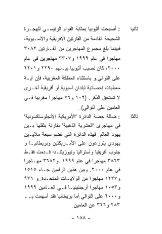 ‫: ﺃﺼﺒﺤﺕ ﺃﺜﻴﻭﺒﻴﺎ ﺒﻤﺜﺎﺒﺔ ﺍﻟﻘﻭﺍﻡ ﺍﻟﺭﺌﻴﺴـﻲ ﻟﻠﻬﺠـﺭﺓ‬      ‫ﺜﺎﻨﻴﺎ‬
‫ﺍﻟﺸﺤﻴﺤﺔ ﺍﻟﻘﺎﺩﻤﺔ ﻤﻥ ﺍﻟﻘﺎﺭﺘﻴﻥ ﺍﻷﻓﺭﻴﻘﻴﺔ ﻭﺍﻵﺴـﻴﻭﻴﺔ،‬
‫ﻓﺒﻴﻨﻤﺎ ﺒﻠﻎ ﻤﺠﻤﻭﻉ ﺍﻟﻤﻬﺎﺠﺭﻴﻥ ﻤﻥ ﺍﻟﻘـﺎﺭﺘﻴﻥ ٢٨٠٣‬
‫ﻤﻬﺎﺠﺭﺍ ﻓﻲ ﻋﺎﻡ ٩٩٩١ ﻭ٧٠٣٣ ﻤﻬﺎﺠﺭﻴﻥ ﻓﻲ ﻋﺎﻡ‬
‫٠٠٠٢، ﻜﺎﻥ ﻨﺼﻴﺏ ﺃﺜﻴﻭﺒﻴﺎ ﺒﻴـﻨﻬﻡ ٠٩٢٢ ﻭ١٠٢٢‬
‫ﻋﻠﻰ ﺍﻟﺘﻭﺍﻟﻲ.ﻭ ﺒﺎﺴﺘﺜﻨﺎﺀ ﺍﻟﻤﻤﻠﻜﺔ ﺍﻟﻤﻐﺭﺒﻴﺔ، ﻓﺈﻥ ﺃﻴـﺔ‬
‫ﻤﻌﻁﻴﺎﺕ ﺇﺤﺼﺎﺌﻴﺔ ﻟﺒﻠﺩﺍﻥ ﺁﺴﻴﻭﻴﺔ ﺃﻭ ﺃﻓﺭﻴﻘﻴﺔ ﺃﺨـﺭﻯ‬
‫ﻻ ﺘﺴﺘﺤﻕ ﺍﻟﺫﻜﺭ. )٢٠١ ﻭ٦٧ ﻤﻬﺎﺠﺭﺍ ﻤﻐﺭﺒﻴﺎ ﻓـﻲ‬
                            ‫ﺍﻟﻌﺎﻤﻴﻥ ﻋﻠﻰ ﺍﻟﺘﻭﺍﻟﻲ(.‬
‫: ﻀﺂﻟﺔ ﺤﺼﺔ ﺍﻟﺩﺍﺌﺭﺓ "ﺍﻷﻤﺭﻴﻜﻴﺔ ﺍﻷﻨﺠﻠﻭﺴﺎﻜﺴﻭﻨﻴﺔ"‬        ‫ﺜﺎﻟﺜﺎ‬
‫ﻓﻲ ﻤﻬﺎﺠﺭﻯ "ﺍﻟﻌﺸﺭﻴﺔ ﺍﻟﺫﻫﺒﻴﺔ" ﻤﻘﺎﺭﻨﺔ ﺒﺜﻘﻠﻬﺎ ﺒـﻴﻥ‬
‫ﻴﻬﻭﺩ ﺍﻟﻌﺎﻟﻡ. ﻓﻬﺫﻩ ﺍﻟﺩﺍﺌﺭﺓ ﺍﻟﺘﻲ ﺘﻀﻡ ﺴﺒﻌﺔ ﻤﻼﻴـﻴﻥ‬
‫ﻴﻬﻭﺩﻱ ﻴﺘﻭﺯﻋﻭﻥ ﻋﻠﻰ ﺍﻷﻤـﺭﻴﻜﺘﻴﻥ ﻭﺒﺭﻴﻁﺎﻨﻴـﺎ ﻭ‬
‫ﺠﻨﻭﺏ ﺃﻓﺭﻴﻘﻴﺎ ﻭﺃﺴﺘﺭﺍﻟﻴﺎ ﻭﻨﻴﻭﺯﻴﻠﻨـﺩﺍ ﻗـﺩﻤﺕ ﻓﻘـﻁ‬
‫٣٦٨٣ ﻤﻬﺎﺠﺭﺍ ﻓﻲ ﻋﺎﻡ ٩٩٩١..ﻭ٢٨٦٣ ﻤﻬـﺎﺠﺭﺍ‬
‫ﻓﻲ ﻋﺎﻡ ٠٠٠٢. ﻭﺒﻴﻥ ﻫﺫﻴﻥ ﺍﻟﺭﻗﻤﻴﻥ ﺠـﺎﺀ ٥١٥١‬
‫ﻭ٧٣٢١ ﻤﻬﺎﺠﺭﺍ ﻤﻥ ﺍﻟﻭﻻﻴـﺎﺕ ﺍﻟﻤﺘﺤـﺩﺓ..ﻭ ٦٣٩‬
‫ﻭ٣٥٠١ ﻤﻬﺎﺠﺭﺍ ﺃﺭﺠﻨﺘﻴﻨﻴـﺎ ﻓـﻲ ﺍﻟﻌـﺎﻤﻴﻥ ٩٩٩١‬
‫ﻭ٠٠٠٢ ﻋﻠﻰ ﺍﻟﺘﻭﺍﻟﻲ.ﺃﻤﺎ ﺒﺭﻴﻁﺎﻨﻴﺎ ﻓﻘﺩ ﺃﺴﻬﻤﺕ ﺒــ‬
                        ‫٣٨٢ ﻭ٦٢٣ ﻋﻥ ﺍﻟﻌﺎﻤﻴﻥ.‬

                        ‫- ٨٨١ -‬
 