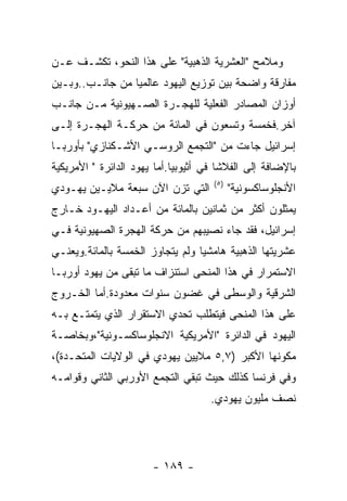 ‫ﻭﻤﻼﻤﺢ "ﺍﻟﻌﺸﺭﻴﺔ ﺍﻟﺫﻫﺒﻴﺔ" ﻋﻠﻰ ﻫﺫﺍ ﺍﻟﻨﺤﻭ، ﺘﻜﺸـﻑ ﻋـﻥ‬
‫ﻤﻔﺎﺭﻗﺔ ﻭﺍﻀﺤﺔ ﺒﻴﻥ ﺘﻭﺯﻴﻊ ﺍﻟﻴﻬﻭﺩ ﻋﺎﻟﻤﻴﺎ ﻤﻥ ﺠﺎﻨـﺏ..ﻭﺒـﻴﻥ‬
‫ﺃﻭﺯﺍﻥ ﺍﻟﻤﺼﺎﺩﺭ ﺍﻟﻔﻌﻠﻴﺔ ﻟﻠﻬﺠـﺭﺓ ﺍﻟﺼـﻬﻴﻭﻨﻴﺔ ﻤـﻥ ﺠﺎﻨـﺏ‬
‫ﺁﺨﺭ.ﻓﺨﻤﺴﺔ ﻭﺘﺴﻌﻭﻥ ﻓﻲ ﺍﻟﻤﺎﺌﺔ ﻤﻥ ﺤﺭﻜـﺔ ﺍﻟﻬﺠـﺭﺓ ﺇﻟـﻰ‬
‫ﺇﺴﺭﺍﺌﻴل ﺠﺎﺀﺕ ﻤﻥ "ﺍﻟﺘﺠﻤﻊ ﺍﻟﺭﻭﺴـﻲ ﺍﻷﺸـﻜﻨﺎﺯﻱ" ﺒﺄﻭﺭﺒـﺎ‬
‫ﺒﺎﻹﻀﺎﻓﺔ ﺇﻟﻰ ﺍﻟﻔﻼﺸﺎ ﻓﻲ ﺃﺜﻴﻭﺒﻴﺎ.ﺃﻤﺎ ﻴﻬﻭﺩ ﺍﻟﺩﺍﺌﺭﺓ " ﺍﻷﻤﺭﻴﻜﻴﺔ‬
                                     ‫) ٥(‬
‫ﺍﻟﺘﻲ ﺘﺯﻥ ﺍﻵﻥ ﺴﺒﻌﺔ ﻤﻼﻴـﻴﻥ ﻴﻬـﻭﺩﻱ‬             ‫ﺍﻷﻨﺠﻠﻭﺴﺎﻜﺴﻭﻨﻴﺔ"‬
‫ﻴﻤﺜﻠﻭﻥ ﺃﻜﺜﺭ ﻤﻥ ﺜﻤﺎﻨﻴﻥ ﺒﺎﻟﻤﺎﺌﺔ ﻤﻥ ﺃﻋـﺩﺍﺩ ﺍﻟﻴﻬـﻭﺩ ﺨـﺎﺭﺝ‬
‫ﺇﺴﺭﺍﺌﻴل، ﻓﻘﺩ ﺠﺎﺀ ﻨﺼﻴﺒﻬﻡ ﻤﻥ ﺤﺭﻜﺔ ﺍﻟﻬﺠﺭﺓ ﺍﻟﺼﻬﻴﻭﻨﻴﺔ ﻓـﻲ‬
‫ﻋﺸﺭﻴﺘﻬﺎ ﺍﻟﺫﻫﺒﻴﺔ ﻫﺎﻤﺸﻴﺎ ﻭﻟﻡ ﻴﺘﺠﺎﻭﺯ ﺍﻟﺨﻤﺴﺔ ﺒﺎﻟﻤﺎﺌﺔ.ﻭﻴﻌﻨـﻲ‬
‫ﺍﻻﺴﺘﻤﺭﺍﺭ ﻓﻲ ﻫﺫﺍ ﺍﻟﻤﻨﺤﻰ ﺍﺴﺘﻨﺯﺍﻑ ﻤﺎ ﺘﺒﻘﻰ ﻤﻥ ﻴﻬﻭﺩ ﺃﻭﺭﺒـﺎ‬
‫ﺍﻟﺸﺭﻗﻴﺔ ﻭﺍﻟﻭﺴﻁﻰ ﻓﻲ ﻏﻀﻭﻥ ﺴﻨﻭﺍﺕ ﻤﻌﺩﻭﺩﺓ.ﺃﻤﺎ ﺍﻟﺨـﺭﻭﺝ‬
‫ﻋﻠﻰ ﻫﺫﺍ ﺍﻟﻤﻨﺤﻰ ﻓﻴﺘﻁﻠﺏ ﺘﺤﺩﻱ ﺍﻻﺴﺘﻘﺭﺍﺭ ﺍﻟﺫﻱ ﻴﺘﻤﺘـﻊ ﺒـﻪ‬
‫ﺍﻟﻴﻬﻭﺩ ﻓﻲ ﺍﻟﺩﺍﺌﺭﺓ "ﺍﻷﻤﺭﻴﻜﻴﺔ ﺍﻻﻨﺠﻠﻭﺴﺎﻜﺴـﻭﻨﻴﺔ"،ﻭﺒﺨﺎﺼـﺔ‬
‫ﻤﻜﻭﻨﻬﺎ ﺍﻷﻜﺒﺭ )٧,٥ ﻤﻼﻴﻴﻥ ﻴﻬﻭﺩﻱ ﻓﻲ ﺍﻟﻭﻻﻴﺎﺕ ﺍﻟﻤﺘﺤـﺩﺓ(،‬
‫ﻭﻓﻲ ﻓﺭﻨﺴﺎ ﻜﺫﻟﻙ ﺤﻴﺙ ﺘﺒﻘﻲ ﺍﻟﺘﺠﻤﻊ ﺍﻷﻭﺭﺒﻲ ﺍﻟﺜﺎﻨﻲ ﻭﻗﻭﺍﻤـﻪ‬
                                     ‫ﻨﺼﻑ ﻤﻠﻴﻭﻥ ﻴﻬﻭﺩﻱ.‬




                       ‫- ٩٨١ -‬
 