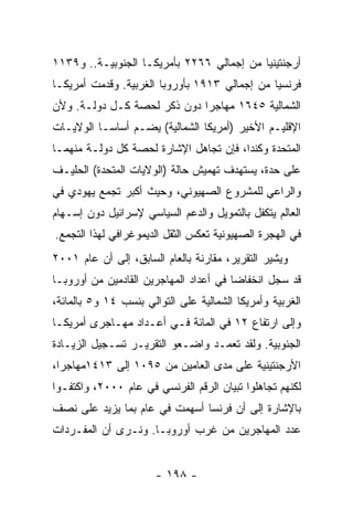 ‫ﺃﺭﺠﻨﺘﻴﻨﻴﺎ ﻤﻥ ﺇﺠﻤﺎﻟﻲ ٦٦٢٢ ﺒﺄﻤﺭﻴﻜـﺎ ﺍﻟﺠﻨﻭﺒﻴـﺔ.. ﻭ٩٣١١‬
                                          ‫ﹰ‬
‫ﻓﺭﻨﺴﻴﺎ ﻤﻥ ﺇﺠﻤﺎﻟﻲ ٣١٩١ ﺒﺄﻭﺭﻭﺒﺎ ﺍﻟﻐﺭﺒﻴﺔ. ﻭﻗﺩﻤﺕ ﺃﻤﺭﻴﻜـﺎ‬
                                              ‫ﹰ‬
‫ﺍﻟﺸﻤﺎﻟﻴﺔ ٥٤٦١ ﻤﻬﺎﺠﺭﺍ ﺩﻭﻥ ﺫﻜﺭ ﻟﺤﺼﺔ ﻜـل ﺩﻭﻟـﺔ. ﻭﻷﻥ‬
                            ‫ﹰ‬
‫ﺍﻹﻗﻠﻴـﻡ ﺍﻷﺨﻴﺭ )ﺃﻤﺭﻴﻜﺎ ﺍﻟﺸﻤﺎﻟﻴﺔ( ﻴﻀـﻡ ﺃﺴﺎﺴـﺎ ﺍﻟﻭﻻﻴـﺎﺕ‬
‫ﺍﻟﻤﺘﺤﺩﺓ ﻭﻜﻨﺩﺍ، ﻓﺈﻥ ﺘﺠﺎﻫل ﺍﻹﺸﺎﺭﺓ ﻟﺤﺼﺔ ﻜل ﺩﻭﻟـﺔ ﻤﻨﻬﻤـﺎ‬
‫ﻋﻠﻰ ﺤﺩﺓ، ﻴﺴﺘﻬﺩﻑ ﺘﻬﻤﻴﺵ ﺤﺎﻟﺔ )ﺍﻟﻭﻻﻴﺎﺕ ﺍﻟﻤﺘﺤﺩﺓ( ﺍﻟﺤﻠﻴـﻑ‬
‫ﻭﺍﻟﺭﺍﻋﻲ ﻟﻠﻤﺸﺭﻭﻉ ﺍﻟﺼﻬﻴﻭﻨﻲ، ﻭﺤﻴﺙ ﺃﻜﺒﺭ ﺘﺠﻤﻊ ﻴﻬﻭﺩﻱ ﻓﻲ‬
‫ﺍﻟﻌﺎﻟﻡ ﻴﺘﻜﻔل ﺒﺎﻟﺘﻤﻭﻴل ﻭﺍﻟﺩﻋﻡ ﺍﻟﺴﻴﺎﺴﻲ ﻹﺴﺭﺍﺌﻴل ﺩﻭﻥ ﺇﺴـﻬﺎﻡ‬
‫ﻓﻲ ﺍﻟﻬﺠﺭﺓ ﺍﻟﺼﻬﻴﻭﻨﻴﺔ ﺘﻌﻜﺱ ﺍﻟﺜﻘل ﺍﻟﺩﻴﻤﻭﻏﺭﺍﻓﻲ ﻟﻬﺫﺍ ﺍﻟﺘﺠﻤﻊ.‬
‫ﻭﻴﺸﻴﺭ ﺍﻟﺘﻘﺭﻴﺭ، ﻤﻘﺎﺭﻨﺔ ﺒﺎﻟﻌﺎﻡ ﺍﻟﺴﺎﺒﻕ، ﺇﻟﻰ ﺃﻥ ﻋﺎﻡ ١٠٠٢‬
‫ﻗﺩ ﺴﺠل ﺍﻨﺨﻔﺎﻀﺎ ﻓﻲ ﺃﻋﺩﺍﺩ ﺍﻟﻤﻬﺎﺠﺭﻴﻥ ﺍﻟﻘﺎﺩﻤﻴﻥ ﻤﻥ ﺃﻭﺭﻭﺒـﺎ‬
‫ﺍﻟﻐﺭﺒﻴﺔ ﻭﺃﻤﺭﻴﻜﺎ ﺍﻟﺸﻤﺎﻟﻴﺔ ﻋﻠﻰ ﺍﻟﺘﻭﺍﻟﻲ ﺒﻨﺴﺏ ٤١ ﻭ٥ ﺒﺎﻟﻤﺎﺌﺔ،‬
‫ﻭﺇﻟﻰ ﺍﺭﺘﻔﺎﻉ ٢١ ﻓﻲ ﺍﻟﻤﺎﺌﺔ ﻓـﻲ ﺃﻋـﺩﺍﺩ ﻤﻬـﺎﺠﺭﻯ ﺃﻤﺭﻴﻜـﺎ‬
‫ﺍﻟﺠﻨﻭﺒﻴﺔ. ﻭﻟﻘﺩ ﺘﻌﻤـﺩ ﻭﺍﻀـﻌﻭ ﺍﻟﺘﻘﺭﻴـﺭ ﺘﺴـﺠﻴل ﺍﻟﺯﻴـﺎﺩﺓ‬
‫ﺍﻷﺭﺠﻨﺘﻴﻨﻴﺔ ﻋﻠﻰ ﻤﺩﻯ ﺍﻟﻌﺎﻤﻴﻥ ﻤﻥ ٥٩٠١ ﺇﻟﻰ ٣١٤١ﻤﻬﺎﺠﺭﺍ،‬
‫ﻟﻜﻨﻬﻡ ﺘﺠﺎﻫﻠﻭﺍ ﺘﺒﻴﺎﻥ ﺍﻟﺭﻗﻡ ﺍﻟﻔﺭﻨﺴﻲ ﻓﻲ ﻋﺎﻡ ٠٠٠٢، ﻭﺍﻜﺘﻔـﻭﺍ‬
‫ﺒﺎﻹﺸﺎﺭﺓ ﺇﻟﻰ ﺃﻥ ﻓﺭﻨﺴﺎ ﺃﺴﻬﻤﺕ ﻓﻲ ﻋﺎﻡ ﺒﻤﺎ ﻴﺯﻴﺩ ﻋﻠﻰ ﻨﺼﻑ‬
‫ﻋﺩﺩ ﺍﻟﻤﻬﺎﺠﺭﻴﻥ ﻤﻥ ﻏﺭﺏ ﺃﻭﺭﻭﺒـﺎ. ﻭﻨـﺭﻯ ﺃﻥ ﺍﻟﻤﻔـﺭﺩﺍﺕ‬


                       ‫- ٨٩١ -‬
 