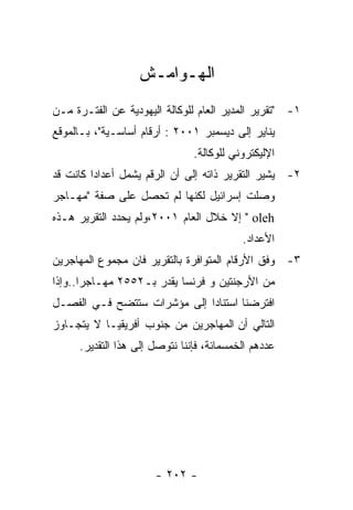 ‫ﺍﻟﻬـﻭﺍﻤـﺵ‬
‫١- "ﺘﻘﺭﻴﺭ ﺍﻟﻤﺩﻴﺭ ﺍﻟﻌﺎﻡ ﻟﻠﻭﻜﺎﻟﺔ ﺍﻟﻴﻬﻭﺩﻴﺔ ﻋﻥ ﺍﻟﻔﺘـﺭﺓ ﻤـﻥ‬
‫ﻴﻨﺎﻴﺭ ﺇﻟﻰ ﺩﻴﺴﻤﺒﺭ ١٠٠٢ : ﺃﺭﻗﺎﻡ ﺃﺴﺎﺴـﻴﺔ"، ﺒـﺎﻟﻤﻭﻗﻊ‬
                               ‫ﺍﻹﻟﻴﻜﺘﺭﻭﻨﻲ ﻟﻠﻭﻜﺎﻟﺔ.‬
‫٢- ﻴﺸﻴﺭ ﺍﻟﺘﻘﺭﻴﺭ ﺫﺍﺘﻪ ﺇﻟﻰ ﺃﻥ ﺍﻟﺭﻗﻡ ﻴﺸﻤل ﺃﻋﺩﺍﺩﺍ ﻜﺎﻨﺕ ﻗﺩ‬
‫ﻭﺼﻠﺕ ﺇﺴﺭﺍﺌﻴل ﻟﻜﻨﻬﺎ ﻟﻡ ﺘﺤﺼل ﻋﻠﻰ ﺼﻔﺔ "ﻤﻬـﺎﺠﺭ‬
‫‪ " oleh‬ﺇﻻ ﺨﻼل ﺍﻟﻌﺎﻡ ١٠٠٢،ﻭﻟﻡ ﻴﺤﺩﺩ ﺍﻟﺘﻘﺭﻴﺭ ﻫـﺫﻩ‬
                                          ‫ﺍﻷﻋﺩﺍﺩ.‬
‫٣- ﻭﻓﻕ ﺍﻷﺭﻗﺎﻡ ﺍﻟﻤﺘﻭﺍﻓﺭﺓ ﺒﺎﻟﺘﻘﺭﻴﺭ ﻓﺎﻥ ﻤﺠﻤﻭﻉ ﺍﻟﻤﻬﺎﺠﺭﻴﻥ‬
‫ﻤﻥ ﺍﻷﺭﺠﻨﺘﻴﻥ ﻭ ﻓﺭﻨﺴﺎ ﻴﻘﺩﺭ ﺒـ٢٥٥٢ ﻤﻬـﺎﺠﺭﺍ..ﻭﺇﺫﺍ‬
‫ﺍﻓﺘﺭﻀﻨﺎ ﺍﺴﺘﻨﺎﺩﺍ ﺇﻟﻰ ﻤﺅﺸﺭﺍﺕ ﺴﺘﺘﻀﺢ ﻓـﻲ ﺍﻟﻔﺼـل‬
‫ﺍﻟﺘﺎﻟﻲ ﺃﻥ ﺍﻟﻤﻬﺎﺠﺭﻴﻥ ﻤﻥ ﺠﻨﻭﺏ ﺃﻓﺭﻴﻘﻴـﺎ ﻻ ﻴﺘﺠـﺎﻭﺯ‬
     ‫ﻋﺩﺩﻫﻡ ﺍﻟﺨﻤﺴﻤﺎﺌﺔ، ﻓﺈﻨﻨﺎ ﻨﺘﻭﺼل ﺇﻟﻰ ﻫﺫﺍ ﺍﻟﺘﻘﺩﻴﺭ.‬




                      ‫- ٢٠٢ -‬
 