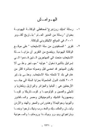 ‫ﺍﻟﻬـﻭﺍﻤـﺵ‬
‫١- ﺭﺴﺎﻟﺔ "ﻤﺎﻴﻙ ﺭﻭﺯﻨﺒﺭﺝ" ﻟﻤﺤﺎﻓﻅﻲ ﺍﻟﻭﻜﺎﻟـﺔ ﺍﻟﻴﻬﻭﺩﻴـﺔ‬
‫ﺒﻌﻨﻭﺍﻥ " ﺭﺴﺎﻟﺔ ﻤﻥ ﺍﻟﻤﺩﻴﺭ ﺍﻟﻌـﺎﻡ " ﺒﺘـﺎﺭﻴﺦ ﺃﻜﺘـﻭﺒﺭ‬
              ‫١٠٠٢، ﻓﻲ ﺍﻟﻤﻭﻗﻊ ﺍﻹﻟﻴﻜﺘﺭﻭﻨﻲ ﻟﻠﻭﻜﺎﻟﺔ.‬
‫٢- ﺘﻘﺭﻴﺭ " ﺍﻟﻤﺴﺘﻔﻴﺩﻭﻥ ﻤﻥ ﺴﻠﺔ ﺍﻻﺴﺘﻴﻌﺎﺏ " ﻋﻠﻰ ﻤﻭﻗـﻊ‬
‫ﺍﻟﻭﻜﺎﻟﺔ ﺍﻟﻴﻬﻭﺩﻴﺔ. ﻭﻴﺘﻀﺢ ﻤﻥ ﺍﻟﺘﻘﺭﻴﺭ ﺃﻥ ﻤﺯﺍﻴـﺎ ﺴـﻠﺔ‬
‫ﺍﻻﺴﺘﻴﻌﺎﺏ ﻤﻨﺤﺕ ﺍﻟﻲ ﺍﻟﻤﻬﺎﺠﺭﻴﻥ ﺍﻟـﺫﻴﻥ ﻗـﺩﻤﻭﺍ ﺍﻟـﻲ‬
‫ﺇﺴﺭﺍﺌﻴل ﺒﺘﺄﺸﻴﺭﺓ ﺩﺨﻭل " ﻋﻭﻟﻴﻪ " ﻤﻬـﺎﺠﺭ ﻭﻋﻠـﻰ ﺃﻻ‬
‫ﻴﻜﻭﻥ ﺍﻟﻤﻬﺎﺠﺭ ﻗﺩ ﺍﻤﻀﻲ ﻗﺒل ﻭﺼﻭﻟﻪ ﻤﺒﺎﺸﺭﺓ ﺍﻜﺜﺭ ﻤﻥ‬
‫ﻋﺎﻡ ﻓﻲ ﺒﻠﺩ ﻻ ﺘﺸﻤﻠﻪ ﺴﻠﺔ ﺍﻻﺴﺘﻴﻌﺎﺏ. ﻭﺤﺘـﻰ ﻴﻨـﺎﻴﺭ‬
‫٢٠٠٢ ﻜﺎﻨﺕ ﺍﻟﺩﻭل ﺍﻟﻤﺸﻤﻭﻟﺔ ﺒﻤﺯﺍﻴﺎ ﺍﻟﺴﻠﺔ ﺍﻟﻲ ﺠﺎﻨـﺏ‬
‫ﺍﻷﺭﺠﻨﺘﻴﻥ ﻫﻲ : ﺃﻟﺒﺎﻨﻴﺎ ﻭﺍﻟﺠﺯﺍﺌﺭ ﻭﺍﻟﺒﺭﺍﺯﻴل ﻭﺒﻠﻐﺎﺭﻴﺎ ﻭ‬
‫ﺘﺸﻴﻠﻲ ﻭﺍﻟﺼﻴﻥ ﻭ ﻜﻭﻟﻭﻤﺒﻴـﺎ ﻭ ﻜﻭﺴـﺘﺎﺭﻴﻜﺎ ﻭ ﻜﻭﺒـﺎ‬
‫ﻭﺠﻤﻬﻭﺭﻴﺔ ﺍﻟﺘﺸﻴﻙ ﻭﺍﻟﺩﻭﻤﻴﻨﻴﻜﺎﻥ ﻭﻤﺼﺭ ﻭﺍﻟﺴـﻠﻔﺎﺩﻭﺭ‬
‫ﻭﺃﺜﻴﻭﺒﻴﺎ ﻭﺠﻭﺍﺘﻴﻤﺎﻻ ﻭﻫﻨﺩﻭﺭﺍﺱ ﻭﺍﻟﻤﺠﺭ ﻭﺍﻟﻬﻨﺩ ﻭﺍﻷﺭﺩﻥ‬
‫ﻭﻟﺒﻨ ـﺎﻥ ﻭﺍﻟﻤﻜﺴ ـﻴﻙ ﻭﺍﻟﻤﻐ ـﺭﺏ ﻭﻨﻴﻜ ـﺎﺭﺠﻭﺍ ﻭﺒﻨﻤ ـﺎ‬
 ‫ـ‬           ‫ـ‬        ‫ـ‬         ‫ـ‬          ‫ـ‬
‫ﻭﺒﺎﺭﺍﺠﻭﺍﻱ ﻭﺒﻴـﺭﻭ ﻭﺒﻭﻟﻨـﺩﺍ ﻭﺭﻭﻤﺎﻨﻴـﺎ ﻭﺍﻟﺴـﻌﻭﺩﻴﺔ‬


                       ‫- ١٣٢ -‬
 