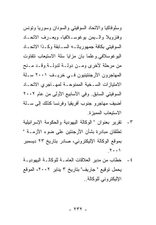 ‫ﻭﺴﻠﻭﻓﺎﻜﻴﺎ ﻭﺍﻻﺘﺤﺎﺩ ﺍﻟﺴﻭﻓﻴﺘﻲ ﻭﺍﻟﺴﻭﺩﺍﻥ ﻭﺴﻭﺭﻴﺎ ﻭﺘﻭﻨﺱ‬
‫ﻭﻓﻨﺯﻭﻴﻼ ﻭﺍﻟـﻴﻤﻥ ﻴﻭﻏﻭﺴـﻼﻓﻴﺎ، ﻭﻴﻌـﺭﻑ ﺍﻻﺘﺤـﺎﺩ‬
‫ﺍﻟﺴﻭﻓﻴﺘﻲ ﺒﻜﺎﻓﺔ ﺠﻤﻬﻭﺭﻴﺎﺘـﻪ ﺍﻟﺴـﺎﺒﻘﺔ ﻭﻜـﺫﺍ ﺍﻻﺘﺤـﺎﺩ‬
‫ﺍﻟﻴﻭﻏﻭﺴﻼﻓﻲ.ﻭﻋﻠﻤﺎ ﺒﺎﻥ ﻤﺯﺍﻴﺎ ﺴﻠﺔ ﺍﻻﺴﺘﻴﻌﺎﺏ ﺘﺘﻔﺎﻭﺕ‬
‫ﻤﻥ ﻤﺭﺤﻠﺔ ﻷﺨﺭﻯ ﻭﻤـﻥ ﺩﻭﻟـﺔ ﻟﺩﻭﻟـﺔ.ﻭﻗـﺩ ﻤـﻨﺢ‬
‫ﺍﻟﻤﻬﺎﺠﺭﻭﻥ ﺍﻷﺭﺠﻨﺘﻴﻨﻴﻭﻥ ﻓـﻲ ﺨﺭﻴـﻑ ١٠٠٢ ﺴـﻠﺔ‬
‫ﺍﻻﻤﺘﻴﺎﺯﺍﺕ ﺍﻟﺴـﺨﻴﺔ ﺍﻟﻤﻤﻨﻭﺤـﺔ ﻟﻤﻬـﺎﺠﺭﻱ ﺍﻻﺘﺤـﺎﺩ‬
‫ﺍﻟﺴﻭﻓﻴﺘﻲ ﺍﻟﺴﺎﺒﻕ. ﻭﻓﻲ ﺍﻷﺴﺎﺒﻴﻊ ﺍﻷﻭﻟﻰ ﻤﻥ ﻋﺎﻡ ٢٠٠٢‬
‫ﺃﻀﻴﻑ ﻤﻬﺎﺠﺭﻭ ﺠﻨﻭﺏ ﺃﻓﺭﻴﻘﻴﺎ ﻭﻓﺭﻨﺴﺎ ﻜﺫﻟﻙ ﺇﻟﻰ ﺴـﻠﺔ‬
                                ‫ﺍﻻﺴﺘﻴﻌﺎﺏ ﺍﻟﻤﻤﻴﺯﺓ.‬
‫٣- ﺘﻘﺭﻴﺭ ﺒﻌﻨﻭﺍﻥ " ﺍﻟﻭﻜﺎﻟﺔ ﺍﻟﻴﻬﻭﺩﻴﺔ ﻭﺍﻟﺤﻜﻭﻤﺔ ﺍﻹﺴﺭﺍﺌﻴﻠﻴﺔ‬
‫ﺘﻁﻠﻘﺎﻥ ﻤﺒﺎﺩﺭﺓ ﺒﺸﺄﻥ ﺍﻷﺭﺠﻨﺘﻴﻥ ﻋﻠﻰ ﻀﻭﺀ ﺍﻷﺯﻤـﺔ "‬
‫ﺒﻤﻭﻗﻊ ﺍﻟﻭﻜﺎﻟﺔ ﺍﻹﻟﻴﻜﺘﺭﻭﻨﻲ، ﺼﺎﺩﺭ ﺒﺘﺎﺭﻴﺦ ٣٢ ﺩﻴﺴﻤﺒﺭ‬
                                          ‫١٠٠٢.‬
‫٤- ﺨﻁﺎﺏ ﻤﻥ ﻤﺩﻴﺭ ﺍﻟﻌﻼﻗﺎﺕ ﺍﻟﻌﺎﻤـﺔ ﻟﻠﻭﻜﺎﻟـﺔ ﺍﻟﻴﻬﻭﺩﻴـﺔ‬
‫ﻴﺤﻤل ﺘﻭﻗﻴﻊ " ﺠﺎﺭﻴﻑ" ﺒﺘﺎﺭﻴﺦ ٣ ﻴﻨﺎﻴﺭ ٢٠٠٢، ﺍﻟﻤﻭﻗﻊ‬
                             ‫ﺍﻹﻟﻴﻜﺘﺭﻭﻨﻲ ﻟﻠﻭﻜﺎﻟﺔ..‬




                      ‫- ٢٣٢ -‬
 