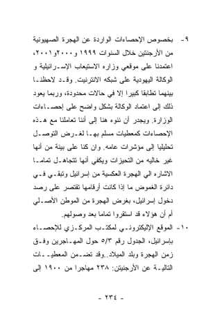 ‫٩- ﺒﺨﺼﻭﺹ ﺍﻹﺤﺼﺎﺀﺍﺕ ﺍﻟﻭﺍﺭﺩﺓ ﻋﻥ ﺍﻟﻬﺠﺭﺓ ﺍﻟﺼﻬﻴﻭﻨﻴﺔ‬
‫ﻤﻥ ﺍﻷﺭﺠﻨﺘﻴﻥ ﺨﻼل ﺍﻟﺴﻨﻭﺍﺕ ٩٩٩١ ﻭ٠٠٠٢ﻭ١٠٠٢،‬
‫ﺍﻋﺘﻤﺩﻨﺎ ﻋﻠﻰ ﻤﻭﻗﻌﻲ ﻭﺯﺍﺭﻩ ﺍﻻﺴﺘﻴﻌﺎﺏ ﺍﻹﺴـﺭﺍﺌﻴﻠﻴﺔ ﻭ‬
‫ﺍﻟﻭﻜﺎﻟﺔ ﺍﻟﻴﻬﻭﺩﻴﺔ ﻋﻠﻰ ﺸﺒﻜﻪ ﺍﻻﻨﺘﺭﻨﻴﺕ. ﻭﻗـﺩ ﻻﺤﻅﻨـﺎ‬
‫ﺒﻴﻨﻬﻤﺎ ﺘﻁﺎﺒﻘﺎ ﻜﺒﻴﺭﺍ ﺇﻻ ﻓﻲ ﺤﺎﻻﺕ ﻤﺤﺩﻭﺩﺓ، ﻭﺭﺒﻤﺎ ﻴﻌﻭﺩ‬
‫ﺫﻟﻙ ﺇﻟﻰ ﺍﻋﺘﻤﺎﺩ ﺍﻟﻭﻜﺎﻟﺔ ﺒﺸﻜل ﻭﺍﻀﺢ ﻋﻠﻰ ﺇﺤﺼـﺎﺀﺍﺕ‬
‫ﺍﻟﻭﺯﺍﺭﺓ. ﻭﻴﺠﺩﺭ ﺃﻥ ﻨﻨﻭﻩ ﻫﻨﺎ ﺇﻟﻰ ﺃﻨﻨﺎ ﺘﻌﺎﻤﻠﻨﺎ ﻤﻊ ﻫـﺫﻩ‬
‫ﺍﻹﺤﺼﺎﺀﺍﺕ ﻜﻤﻌﻁﻴﺎﺕ ﻤﺴﻠﻡ ﺒﻬـﺎ ﻟﻐـﺭﺽ ﺍﻟﺘﻭﺼـل‬
‫ﺘﺤﻠﻴﻠﻴﺎ ﺇﻟﻰ ﻤﺅﺸﺭﺍﺕ ﻋﺎﻤﻪ. ﻭﺍﻥ ﻜﻨﺎ ﻋﻠﻰ ﺒﻴﻨﺔ ﻤﻥ ﺃﻨﻬﺎ‬
‫ﻏﻴﺭ ﺨﺎﻟﻴﻪ ﻤﻥ ﺍﻟﺘﺤﻴﺯﺍﺕ ﻭﻴﻜﻔﻲ ﺃﻨﻬﺎ ﺘﺘﺠﺎﻫـل ﺘﻤﺎﻤـﺎ‬
‫ﺍﻻﺸﺎﺭﻩ ﺍﻟﻲ ﺍﻟﻬﺠﺭﺓ ﺍﻟﻌﻜﺴﻴﺔ ﻤﻥ ﺇﺴﺭﺍﺌﻴل ﻭﺘﺒﻘـﻲ ﻓـﻲ‬
‫ﺩﺍﺌﺭﺓ ﺍﻟﻐﻤﻭﺽ ﻤﺎ ﺇﺫﺍ ﻜﺎﻨﺕ ﺃﺭﻗﺎﻤﻬﺎ ﺘﻘﺘﺼﺭ ﻋﻠﻰ ﺭﺼﺩ‬
‫ﺩﺨﻭل ﺇﺴﺭﺍﺌﻴل، ﺒﻐﺭﺽ ﺍﻟﻬﺠﺭﺓ ﻤﻥ ﺍﻟﻤﻭﻁﻥ ﺍﻷﺼـﻠﻲ‬
          ‫ﺃﻡ ﺃﻥ ﻫﺅﻻﺀ ﻗﺩ ﺍﺴﺘﻘﺭﻭﺍ ﺘﻤﺎﻤﺎ ﺒﻌﺩ ﻭﺼﻭﻟﻬﻡ.‬
‫٠١- ﺍﻟﻤﻭﻗﻊ ﺍﻹﻟﻴﻜﺘﺭﻭﻨـﻲ ﻟﻤﻜﺘـﺏ ﺍﻟﻤﺭﻜـﺯﻱ ﻟﻺﺤﺼـﺎﺀ‬
‫ﺒﺈﺴﺭﺍﺌﻴل، ﺍﻟﺠﺩﻭل ﺭﻗﻡ ٣/٥ ﺤﻭل ﺍﻟﻤﻬـﺎﺠﺭﻴﻥ ﻭﻓـﻕ‬
‫ﺯﻤﻥ ﺍﻟﻬﺠﺭﺓ ﻭﺒﻠﺩ ﺍﻟﻤﻴﻼﺩ..ﻭﻗﺩ ﺘﻀـﻤﻥ ﺍﻟﻤﻌﻁﻴــﺎﺕ‬
‫ﺍﻟﺘﺎﻟﻴـﺔ ﻋﻥ ﺍﻷﺭﺠﻨﻴﺘﻥ: ٨٣٢ ﻤﻬﺎﺠﺭﺍ ﻤﻥ ٠٠٩١ ﺇﻟﻰ‬


                       ‫- ٤٣٢ -‬
 