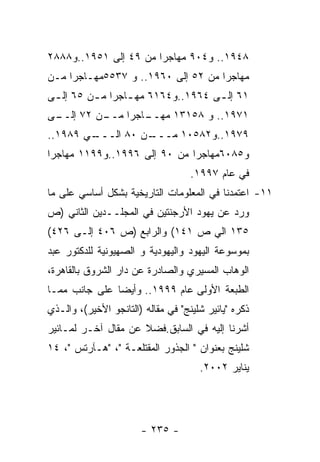 ‫٨٤٩١.. ﻭ٤٠٩ ﻤﻬﺎﺠﺭﺍ ﻤﻥ ٩٤ ﺇﻟﻰ ١٥٩١..ﻭ٨٨٨٢‬
‫ﻤﻬﺎﺠﺭﺍ ﻤﻥ ٢٥ ﺇﻟﻰ ٠٦٩١.. ﻭ ٧٣٥٥ﻤﻬـﺎﺠﺭﺍ ﻤـﻥ‬
‫١٦ ﺇﻟ ـﻰ ٤٦٩١..ﻭ٤٦١٦ ﻤﻬ ـﺎﺠﺭﺍ ﻤ ـﻥ ٥٦ ﺇﻟ ـﻰ‬
 ‫ـ‬        ‫ـ‬       ‫ـ‬                 ‫ـ‬
‫ـﻰ‬
 ‫ـﻥ ٢٧ ﺇﻟــ‬
          ‫ـﺎﺠﺭﺍ ﻤــ‬
                  ‫١٧٩١.. ﻭ ٨٥١٣١ ﻤﻬــ‬
‫ـﻲ ٩٨٩١..‬         ‫٩٧٩١..ﻭ٢٨٥٠١ ﻤـــ‬
        ‫ـﻥ ٠٨ ﺍﻟـــ‬
‫ﻭ٥٨٠٦ﻤﻬﺎﺠﺭﺍ ﻤﻥ ٠٩ ﺇﻟﻰ ٦٩٩١..ﻭ٩٩١١ ﻤﻬﺎﺠﺭﺍ‬
                                    ‫ﻓﻲ ﻋﺎﻡ ٧٩٩١.‬
‫١١- ﺍﻋﺘﻤﺩﻨﺎ ﻓﻲ ﺍﻟﻤﻌﻠﻭﻤﺎﺕ ﺍﻟﺘﺎﺭﻴﺨﻴﺔ ﺒﺸﻜل ﺃﺴﺎﺴﻲ ﻋﻠﻰ ﻤﺎ‬
‫ﻭﺭﺩ ﻋﻥ ﻴﻬﻭﺩ ﺍﻷﺭﺠﻨﺘﻴﻥ ﻓﻲ ﺍﻟﻤﺠﻠــﺩﻴﻥ ﺍﻟﺜﺎﻨﻲ )ﺹ‬
‫٥٣١ ﺍﻟﻲ ﺹ ١٤١( ﻭﺍﻟﺭﺍﺒﻊ )ﺹ ٦٠٤ ﺇﻟـﻰ ٦٢٤(‬
‫ﺒﻤﻭﺴﻭﻋﺔ ﺍﻟﻴﻬﻭﺩ ﻭﺍﻟﻴﻬﻭﺩﻴﺔ ﻭ ﺍﻟﺼﻬﻴﻭﻨﻴﺔ ﻟﻠﺩﻜﺘﻭﺭ ﻋﺒﺩ‬
‫ﺍﻟﻭﻫﺎﺏ ﺍﻟﻤﺴﻴﺭﻱ ﻭﺍﻟﺼﺎﺩﺭﺓ ﻋﻥ ﺩﺍﺭ ﺍﻟﺸﺭﻭﻕ ﺒﺎﻟﻘﺎﻫﺭﺓ،‬
‫ﺍﻟﻁﺒﻌﺔ ﺍﻷﻭﻟﻰ ﻋﺎﻡ ٩٩٩١.. ﻭﺃﻴﻀﺎ ﻋﻠﻰ ﺠﺎﻨﺏ ﻤﻤـﺎ‬
‫ﺫﻜﺭﻩ "ﻴﺎﺌﻴﺭ ﺸﻠﻴﻨﺞ" ﻓﻲ ﻤﻘﺎﻟﻪ )ﺍﻟﺘﺎﻨﺠﻭ ﺍﻷﺨﻴﺭ(، ﻭﺍﻟـﺫﻱ‬
‫ﺃﺸﺭﻨﺎ ﺇﻟﻴﻪ ﻓﻲ ﺍﻟﺴﺎﺒﻕ.ﻓﻀﻼ ﻋﻥ ﻤﻘﺎل ﺁﺨـﺭ ﻟﻤـﺎﺌﻴﺭ‬
‫ﺸﻠﻴﻨﺞ ﺒﻌﻨﻭﺍﻥ " ﺍﻟﺠﺫﻭﺭ ﺍﻟﻤﻘﺘﻠﻌـﺔ "، "ﻫـﺂﺭﺘﺱ "، ٤١‬
                                      ‫ﻴﻨﺎﻴﺭ ٢٠٠٢.‬




                       ‫- ٥٣٢ -‬
 