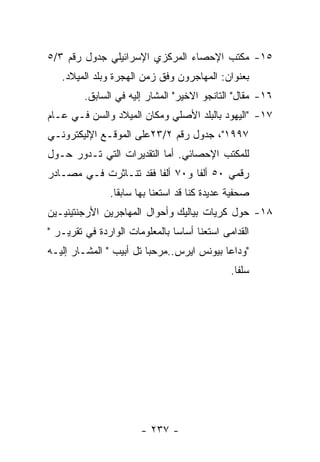 ‫٥١- ﻤﻜﺘﺏ ﺍﻹﺤﺼﺎﺀ ﺍﻟﻤﺭﻜﺯﻱ ﺍﻹﺴﺭﺍﺌﻴﻠﻲ ﺠﺩﻭل ﺭﻗﻡ ٣/٥‬
   ‫ﺒﻌﻨﻭﺍﻥ: ﺍﻟﻤﻬﺎﺠﺭﻭﻥ ﻭﻓﻕ ﺯﻤﻥ ﺍﻟﻬﺠﺭﺓ ﻭﺒﻠﺩ ﺍﻟﻤﻴﻼﺩ.‬
         ‫٦١- ﻤﻘﺎل" ﺍﻟﺘﺎﻨﺠﻭ ﺍﻻﺨﻴﺭ" ﺍﻟﻤﺸﺎﺭ ﺇﻟﻴﻪ ﻓﻲ ﺍﻟﺴﺎﺒﻕ.‬
‫٧١- "ﺍﻟﻴﻬﻭﺩ ﺒﺎﻟﺒﻠﺩ ﺍﻷﺼﻠﻲ ﻭﻤﻜﺎﻥ ﺍﻟﻤﻴﻼﺩ ﻭﺍﻟﺴﻥ ﻓـﻲ ﻋـﺎﻡ‬
‫٧٩٩١"، ﺠﺩﻭل ﺭﻗﻡ ٢/٣٢ﻋﻠﻰ ﺍﻟﻤﻭﻗـﻊ ﺍﻹﻟﻴﻜﺘﺭﻭﻨـﻲ‬
‫ﻟﻠﻤﻜﺘﺏ ﺍﻹﺤﺼﺎﺌﻲ. ﺃﻤﺎ ﺍﻟﺘﻘﺩﻴﺭﺍﺕ ﺍﻟﺘﻲ ﺘـﺩﻭﺭ ﺤـﻭل‬
‫ﺭﻗﻤﻲ ٠٥ ﺃﻟﻔﺎ ﻭ٠٧ ﺃﻟﻔﺎ ﻓﻘﺩ ﺘﻨـﺎﺜﺭﺕ ﻓـﻲ ﻤﺼـﺎﺩﺭ‬
               ‫ﺼﺤﻔﻴﺔ ﻋﺩﻴﺩﺓ ﻜﻨﺎ ﻗﺩ ﺍﺴﺘﻌﻨﺎ ﺒﻬﺎ ﺴﺎﺒﻘﺎ.‬
‫٨١- ﺤﻭل ﻜﺭﻴﺎﺕ ﺒﻴﺎﻟﻴﻙ ﻭﺃﺤﻭﺍل ﺍﻟﻤﻬﺎﺠﺭﻴﻥ ﺍﻷﺭﺠﻨﺘﻴﻨﻴـﻴﻥ‬
‫ﺍﻟﻘﺩﺍﻤﻰ ﺍﺴﺘﻌﻨﺎ ﺃﺴﺎﺴﺎ ﺒﺎﻟﻤﻌﻠﻭﻤﺎﺕ ﺍﻟﻭﺍﺭﺩﺓ ﻓﻲ ﺘﻘﺭﻴـﺭ "‬
‫"ﻭﺩﺍﻋﺎ ﺒﻴﻭﻨﺱ ﺍﻴﺭﺱ..ﻤﺭﺤﺒﺎ ﺘل ﺃﺒﻴﺏ " ﺍﻟﻤﺸـﺎﺭ ﺇﻟﻴـﻪ‬
                                              ‫ﺴﻠﻔﺎ.‬




                       ‫- ٧٣٢ -‬
 