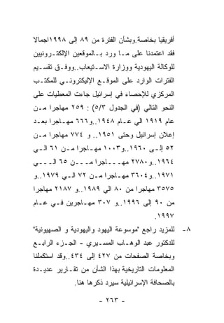 ‫ﺃﻓﺭﻴﻘﻴﺎ ﺒﺨﺎﺼﺔ.ﻭﺒﺸﺄﻥ ﺍﻟﻔﺘﺭﺓ ﻤﻥ ٩٨ ﺇﻟﻰ ٨٩٩١ﺍﺠﻤﺎﻻ‬
‫ﻓﻘﺩ ﺍﻋﺘﻤﺩﻨﺎ ﻋﻠﻰ ﻤـﺎ ﻭﺭﺩ ﺒـﺎﻟﻤﻭﻗﻌﻴﻥ ﺍﻹﻟﻜﺘـﺭﻭﻨﻴﻴﻥ‬
‫ﻟﻠﻭﻜﺎﻟﺔ ﺍﻟﻴﻬﻭﺩﻴﺔ ﻭﻭﺯﺍﺭﺓ ﺍﻻﺴـﺘﻴﻌﺎﺏ..ﻭﻭﻓـﻕ ﺘﻘﺴـﻴﻡ‬
‫ﺍﻟﻔﺘﺭﺍﺕ ﺍﻟﻭﺍﺭﺩ ﻋﻠﻰ ﺍﻟﻤﻭﻗـﻊ ﺍﻹﻟﻴﻜﺘﺭﻭﻨـﻲ ﻟﻠﻤﻜﺘـﺏ‬
‫ﺍﻟﻤﺭﻜﺯﻱ ﻟﻺﺤﺼﺎﺀ ﻓﻲ ﺇﺴﺭﺍﺌﻴل ﺠﺎﺀﺕ ﺍﻟﻤﻌﻁﻴﺎﺕ ﻋﻠﻰ‬
‫ﺍﻟﻨﺤﻭ ﺍﻟﺘﺎﻟﻲ )ﻓﻲ ﺍﻟﺠﺩﻭل ٣/٥( : ٩٥٢ ﻤﻬﺎﺠﺭﺍ ﻤـﻥ‬
‫ﻋﺎﻡ ٩١٩١ ﺍﻟﻲ ﻋـﺎﻡ ٨٤٩١..ﻭ٦٦٦ ﻤﻬـﺎﺠﺭﺍ ﺒﻌـﺩ‬
‫ﺇﻋﻼﻥ ﺇﺴﺭﺍﺌﻴل ﻭﺤﺘﻰ ١٥٩١.. ﻭ ٤٧٧ ﻤﻬﺎﺠﺭﺍ ﻤـﻥ‬
‫٢٥ ﺇﻟ ـﻰ ٠٦٩١..ﻭ٣٠٠١ ﻤﻬ ـﺎﺠﺭﺍ ﻤ ـﻥ ١٦ ﺍﻟ ـﻲ‬
 ‫ـ‬        ‫ـ‬       ‫ـ‬                 ‫ـ‬
‫٤٦٩١..ﻭ٠٨٧٢ ﻤﻬـــﺎﺠﺭﺍ ﻤـــﻥ ٥٦ ﺍﻟـــﻲ‬
‫١٧٩١..ﻭ٤٠٦٣ ﻤﻬـﺎﺠﺭﺍ ﻤـﻥ ٢٧ ﺍﻟـﻲ ٩٧٩١..ﻭ‬
         ‫ـ‬       ‫ـ‬      ‫ـ‬
‫٥٧٥٣ ﻤﻬﺎﺠﺭﺍ ﻤﻥ ٠٨ ﺍﻟﻲ ٩٨٩١..ﻭ ٧٨١٢ ﻤﻬﺎﺠﺭﺍ‬
‫ﻤﻥ ٠٩ ﺇﻟﻰ ٦٩٩١..ﻭ ٧٠٣ ﻤﻬـﺎﺠﺭﻴﻥ ﻓـﻲ ﻋـﺎﻡ‬
                                         ‫٧٩٩١.‬
‫٨- ﻟﻠﻤﺯﻴﺩ ﺭﺍﺠﻊ "ﻤﻭﺴﻭﻋﺔ ﺍﻟﻴﻬﻭﺩ ﻭﺍﻟﻴﻬﻭﺩﻴﺔ ﻭ ﺍﻟﺼﻬﻴﻭﻨﻴﺔ"‬
‫ﻟﻠﺩﻜﺘﻭﺭ ﻋﺒﺩ ﺍﻟﻭﻫـﺎﺏ ﺍﻟﻤﺴـﻴﺭﻱ - ﺍﻟﺠـﺯﺀ ﺍﻟﺭﺍﺒـﻊ‬
‫ﻭﺒﺨﺎﺼﺔ ﺍﻟﺼﻔﺤﺎﺕ ﻤﻥ ٧٢٤ ﺇﻟﻰ ٤٣٤..ﻭﻗﺩ ﺍﺴﺘﻜﻤﻠﻨﺎ‬
‫ﺍﻟﻤﻌﻠﻭﻤﺎﺕ ﺍﻟﺘﺎﺭﻴﺨﻴﺔ ﺒﻬﺫﺍ ﺍﻟﺸﺄﻥ ﻤﻥ ﺘﻘـﺎﺭﻴﺭ ﻋﺩﻴـﺩﺓ‬
             ‫ﺒﺎﻟﺼﺤﺎﻓﺔ ﺍﻹﺴﺭﺍﺌﻴﻠﻴﺔ ﺴﻴﺭﺩ ﺫﻜﺭﻫﺎ ﻫﻨﺎ.‬

                      ‫- ٣٦٢ -‬
 