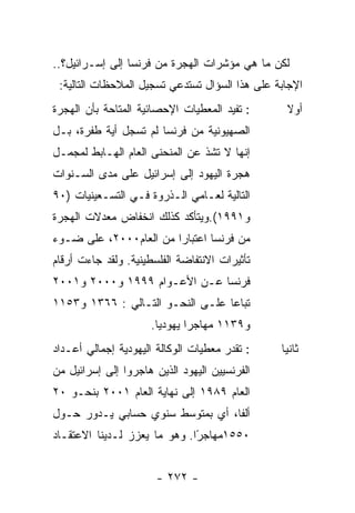 ‫ﻟﻜﻥ ﻤﺎ ﻫﻲ ﻤﺅﺸﺭﺍﺕ ﺍﻟﻬﺠﺭﺓ ﻤﻥ ﻓﺭﻨﺴﺎ ﺇﻟﻰ ﺇﺴـﺭﺍﺌﻴل؟..‬
 ‫ﺍﻹﺠﺎﺒﺔ ﻋﻠﻰ ﻫﺫﺍ ﺍﻟﺴﺅﺍل ﺘﺴﺘﺩﻋﻲ ﺘﺴﺠﻴل ﺍﻟﻤﻼﺤﻅﺎﺕ ﺍﻟﺘﺎﻟﻴﺔ:‬
‫: ﺘﻔﻴﺩ ﺍﻟﻤﻌﻁﻴﺎﺕ ﺍﻹﺤﺼﺎﺌﻴﺔ ﺍﻟﻤﺘﺎﺤﺔ ﺒﺄﻥ ﺍﻟﻬﺠﺭﺓ‬      ‫ﺃﻭﻻ‬
‫ﺍﻟﺼﻬﻴﻭﻨﻴﺔ ﻤﻥ ﻓﺭﻨﺴﺎ ﻟﻡ ﺘﺴﺠل ﺃﻴﺔ ﻁﻔﺭﺓ، ﺒـل‬
‫ﺇﻨﻬﺎ ﻻ ﺘﺸﺫ ﻋﻥ ﺍﻟﻤﻨﺤﻨﻰ ﺍﻟﻌﺎﻡ ﺍﻟﻬـﺎﺒﻁ ﻟﻤﺠﻤـل‬
‫ﻫﺠﺭﺓ ﺍﻟﻴﻬﻭﺩ ﺇﻟﻰ ﺇﺴﺭﺍﺌﻴل ﻋﻠﻰ ﻤﺩﻯ ﺍﻟﺴـﻨﻭﺍﺕ‬
‫ﺍﻟﺘﺎﻟﻴﺔ ﻟﻌـﺎﻤﻲ ﺍﻟـﺫﺭﻭﺓ ﻓـﻲ ﺍﻟﺘﺴـﻌﻴﻨﻴﺎﺕ )٠٩‬
‫ﻭ١٩٩١(.ﻭﻴﺘﺄﻜﺩ ﻜﺫﻟﻙ ﺍﻨﺨﻔﺎﺽ ﻤﻌﺩﻻﺕ ﺍﻟﻬﺠﺭﺓ‬
‫ﻤﻥ ﻓﺭﻨﺴﺎ ﺍﻋﺘﺒﺎﺭﺍ ﻤﻥ ﺍﻟﻌﺎﻡ٠٠٠٢، ﻋﻠﻰ ﻀـﻭﺀ‬
‫ﺘﺄﺜﻴﺭﺍﺕ ﺍﻻﻨﺘﻔﺎﻀﺔ ﺍﻟﻔﻠﺴﻁﻴﻨﻴﺔ. ﻭﻟﻘﺩ ﺠﺎﺀﺕ ﺃﺭﻗﺎﻡ‬
‫ﻓﺭﻨﺴﺎ ﻋـﻥ ﺍﻷﻋـﻭﺍﻡ ٩٩٩١ ﻭ٠٠٠٢ ﻭ١٠٠٢‬
‫ﺘﺒﺎﻋﺎ ﻋﻠـﻰ ﺍﻟﻨﺤـﻭ ﺍﻟﺘـﺎﻟﻲ : ٦٦٣١ ﻭ٣٥١١‬
                     ‫ﻭ٩٣١١ ﻤﻬﺎﺠﺭﺍ ﻴﻬﻭﺩﻴﺎ.‬
‫: ﺘﻘﺩﺭ ﻤﻌﻁﻴﺎﺕ ﺍﻟﻭﻜﺎﻟﺔ ﺍﻟﻴﻬﻭﺩﻴﺔ ﺇﺠﻤﺎﻟﻲ ﺃﻋـﺩﺍﺩ‬    ‫ﺜﺎﻨﻴﺎ‬
‫ﺍﻟﻔﺭﻨﺴﻴﻴﻥ ﺍﻟﻴﻬﻭﺩ ﺍﻟﺫﻴﻥ ﻫﺎﺠﺭﻭﺍ ﺇﻟﻰ ﺇﺴﺭﺍﺌﻴل ﻤﻥ‬
‫ﺍﻟﻌﺎﻡ ٩٨٩١ ﺇﻟﻰ ﻨﻬﺎﻴﺔ ﺍﻟﻌﺎﻡ ١٠٠٢ ﺒﻨﺤـﻭ ٠٢‬
‫ﺃﻟﻔﺎ، ﺃﻱ ﺒﻤﺘﻭﺴﻁ ﺴﻨﻭﻱ ﺤﺴﺎﺒﻲ ﻴـﺩﻭﺭ ﺤـﻭل‬
‫٠٥٥١ﻤﻬﺎﺠﺭﺍ. ﻭﻫﻭ ﻤﺎ ﻴﻌﺯﺯ ﻟـﺩﻴﻨﺎ ﺍﻻﻋﺘﻘـﺎﺩ‬
                              ‫ً‬


                       ‫- ٢٧٢ -‬
 