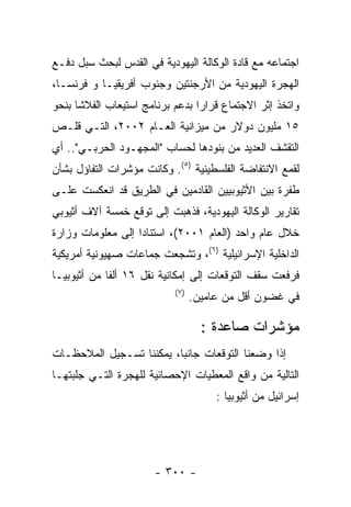 ‫ﺍﺠﺘﻤﺎﻋﻪ ﻤﻊ ﻗﺎﺩﺓ ﺍﻟﻭﻜﺎﻟﺔ ﺍﻟﻴﻬﻭﺩﻴﺔ ﻓﻲ ﺍﻟﻘﺩﺱ ﻟﺒﺤﺙ ﺴﺒل ﺩﻓـﻊ‬
‫ﺍﻟﻬﺠﺭﺓ ﺍﻟﻴﻬﻭﺩﻴﺔ ﻤﻥ ﺍﻷﺭﺠﻨﺘﻴﻥ ﻭﺠﻨﻭﺏ ﺃﻓﺭﻴﻘﻴـﺎ ﻭ ﻓﺭﻨﺴـﺎ،‬
‫ﻭﺍﺘﺨﺫ ﺇﺜﺭ ﺍﻻﺠﺘﻤﺎﻉ ﻗﺭﺍﺭﺍ ﺒﺩﻋﻡ ﺒﺭﻨﺎﻤﺞ ﺍﺴﺘﻴﻌﺎﺏ ﺍﻟﻔﻼﺸﺎ ﺒﻨﺤﻭ‬
‫٥١ ﻤﻠﻴﻭﻥ ﺩﻭﻻﺭ ﻤﻥ ﻤﻴﺯﺍﻨﻴﺔ ﺍﻟﻌـﺎﻡ ٢٠٠٢، ﺍﻟﺘـﻲ ﻗﻠـﺹ‬
‫ﺍﻟﺘﻘﺸﻑ ﺍﻟﻌﺩﻴﺩ ﻤﻥ ﺒﻨﻭﺩﻫﺎ ﻟﺤﺴﺎﺏ "ﺍﻟﻤﺠﻬـﻭﺩ ﺍﻟﺤﺭﺒـﻲ".. ﺃﻱ‬
‫ﻟﻘﻤﻊ ﺍﻻﻨﺘﻔﺎﻀﺔ ﺍﻟﻔﻠﺴﻁﻴﻨﻴﺔ )٥(. ﻭﻜﺎﻨﺕ ﻤﺅﺸﺭﺍﺕ ﺍﻟﺘﻔﺎﺅل ﺒﺸﺄﻥ‬
‫ﻁﻔﺭﺓ ﺒﻴﻥ ﺍﻷﺜﻴﻭﺒﻴﻴﻥ ﺍﻟﻘﺎﺩﻤﻴﻥ ﻓﻲ ﺍﻟﻁﺭﻴﻕ ﻗﺩ ﺍﻨﻌﻜﺴﺕ ﻋﻠـﻰ‬
‫ﺘﻘﺎﺭﻴﺭ ﺍﻟﻭﻜﺎﻟﺔ ﺍﻟﻴﻬﻭﺩﻴﺔ، ﻓﺫﻫﺒﺕ ﺇﻟﻰ ﺘﻭﻗﻊ ﺨﻤﺴﺔ ﺁﻻﻑ ﺃﺜﻴﻭﺒﻲ‬
‫ﺨﻼل ﻋﺎﻡ ﻭﺍﺤﺩ )ﺍﻟﻌﺎﻡ ١٠٠٢(، ﺍﺴﺘﻨﺎﺩﺍ ﺇﻟﻰ ﻤﻌﻠﻭﻤﺎﺕ ﻭﺯﺍﺭﺓ‬
‫ﺍﻟﺩﺍﺨﻠﻴﺔ ﺍﻹﺴﺭﺍﺌﻴﻠﻴﺔ )٦(، ﻭﺘﺸﺠﻌﺕ ﺠﻤﺎﻋﺎﺕ ﺼﻬﻴﻭﻨﻴﺔ ﺃﻤﺭﻴﻜﻴﺔ‬
‫ﻓﺭﻓﻌﺕ ﺴﻘﻑ ﺍﻟﺘﻭﻗﻌﺎﺕ ﺇﻟﻰ ﺇﻤﻜﺎﻨﻴﺔ ﻨﻘل ٦١ ﺃﻟﻔﺎ ﻤﻥ ﺃﺜﻴﻭﺒﻴـﺎ‬
                           ‫) ٧(‬
                                  ‫ﻓﻲ ﻏﻀﻭﻥ ﺃﻗل ﻤﻥ ﻋﺎﻤﻴﻥ.‬

                                    ‫ﻤﺅﺸﺭﺍﺕ ﺼﺎﻋﺩﺓ :‬
‫ﺇﺫﺍ ﻭﻀﻌﻨﺎ ﺍﻟﺘﻭﻗﻌﺎﺕ ﺠﺎﻨﺒﺎ، ﻴﻤﻜﻨﻨﺎ ﺘﺴـﺠﻴل ﺍﻟﻤﻼﺤﻅـﺎﺕ‬
‫ﺍﻟﺘﺎﻟﻴﺔ ﻤﻥ ﻭﺍﻗﻊ ﺍﻟﻤﻌﻁﻴﺎﺕ ﺍﻹﺤﺼﺎﺌﻴﺔ ﻟﻠﻬﺠﺭﺓ ﺍﻟﺘـﻲ ﺠﻠﺒﺘﻬـﺎ‬
                                       ‫ﺇﺴﺭﺍﺌﻴل ﻤﻥ ﺃﺜﻴﻭﺒﻴﺎ :‬




                      ‫- ٠٠٣ -‬
 