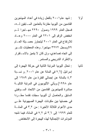 ‫: ﺸﻬﺩ ﻋﺎﻡ١٠٠٢ ﺒﺎﻟﻔﻌل ﺯﻴﺎﺩﺓ ﻓﻲ ﺃﻋﺩﺍﺩ ﺍﻟﻤﻬﺎﺠﺭﻴﻥ‬        ‫ﺃﻭﻻ‬
‫ﺍﻟﻘﺎﺩﻤﻴﻥ ﻤﻥ ﺃﺜﻴﻭﺒﻴﺎ ﻤﻘﺎﺭﻨﺔ ﺒﺎﻟﻌﺎﻤﻴﻥ ﺍﻟﺴـﺎﺒﻘﻴﻥ ﻟـﻪ،‬
‫ﻓﺴﺠل ﺍﻟﻌﺎﻡ ٩٩٩١ ﻭﺼﻭل ٠٩٢٢ ﻤﻬـﺎﺠﺭﺍ ﺜـﻡ‬
‫ﺍﻨﺨﻔﺽ ﺍﻟﺭﻗﻡ ﺇﻟﻰ ١٠٢٢ ﻓﻲ ﺍﻟﻌﺎﻡ ٠٠٠٢ ﻭﻋـﺎﺩ‬
‫ﻟﻼﺭﺘﻔﺎﻉ ﻓﻲ ﺍﻟﻌﺎﻡ ١٠٠٢ ﻟﻴﺘﺠﺎﻭﺯ ﺤﺼـﻴﻠﺔ ﺍﻟﻌـﺎﻡ‬
‫٩٩ﻭﻴﺴﺠل ٢٧٢٣ ﻤﻬﺎﺠﺭﺍ. ﻭﻫﺫﻩ ﺍﻟﻤﻌﻁﻴﺎﺕ ﺘﺸـﻴﺭ‬
‫ﺇﻟﻰ ﺍﺘﺠﺎﻩ ﺘﺼﺎﻋﺩﻱ، ﻭﺇﻥ ﻜﺎﻥ ﻻ ﻴﺘﻤﻴﺯ ﺒﺎﻻﺴـﺘﻘﺭﺍﺭ‬
                    ‫ﻭﺍﻻﻁﺭﺍﺩ ﺍﻟﺘﺩﺭﻴﺠﻲ ﻭﺍﻟﻤﺴﺘﻤﺭ.‬
‫: ﺘﺤﺘل ﺃﺜﻴﻭﺒﻴﺎ ﺍﻟﻤﺭﺘﺒﺔ ﺍﻟﺜﺎﻨﻴﺔ ﻓﻲ ﺤﺭﻜﺔ ﺍﻟﻬﺠﺭﺓ ﺇﻟﻰ‬    ‫ﺜﺎﻨﻴﺎ‬
‫ﺇﺴﺭﺍﺌﻴل )٦,٧ ﻓﻲ ﺍﻟﻤﺎﺌﺔ ﻋﻥ ﻋﺎﻡ ١٠٠٢..ﻭ ﻨﺴـﺒﺔ‬
‫٣,٤ ﺒﺎﻟﻤﺎﺌﺔ ﻋﻥ ﺇﺠﻤﺎﻟﻲ ﺍﻟﻔﺘﺭﺓ ﻤﻥ ﻋﺎﻡ ٩٨٩١ ﺇﻟﻰ‬
‫ﻋﺎﻡ ٨٩٩١(.ﻭﻴﺄﺘﻲ ﺍﻷﺜﻴﻭﺒﻴﻭﻥ ﻓﻲ ﺍﻟﻤﺭﺘﺒﺔ ﺍﻟﺘﺎﻟﻴـﺔ‬
‫ﻤﺒﺎﺸﺭﺓ ﻟﻠﻤﻬﺎﺠﺭﻴﻥ ﺍﻟﻘﺎﺩﻤﻴﻥ ﻤﻥ ﺍﻻﺘﺤﺎﺩ ﺍﻟﺴـﻭﻓﻴﺘﻲ‬
‫ﺍﻟﺴﺎﺒﻕ. ﻭﺍﻟﺤﺎﺼل ﺃﻥ ﺃﺜﻴﻭﺒﻴﺎ ﺴﺠﻠﺕ ﺘﻘﺩﻤﺎ ﻤﻁـﺭﺩﺍ‬
‫ﻓﻲ ﺤﺼﺘﻬﺎ ﺒﻴﻥ ﻤﻜﻭﻨﺎﺕ ﺍﻟﻬﺠﺭﺓ ﺍﻟﺼﻬﻴﻭﻨﻴﺔ ﻋﻠـﻰ‬
‫ﻤﺩﻯ ﺍﻷﻋﻭﺍﻡ ﺍﻟﺜﻼﺜﺔ ﺍﻷﺨﻴﺭﺓ : ﻤﻥ ٢,٣ ﻓﻲ ﺍﻟﻤﺎﺌـﺔ‬
‫ﻟﻠﻌﺎﻡ ٩٩٩١ ﺇﻟﻰ ٦,٣ ﺜﻡ ٢,٧ ﻓﻲ ﺍﻟﻤﺎﺌﺔ، ﻓﻴﻤﺎ ﺘﺘﺠﻪ‬
  ‫ﺍﻟﻤﺅﺸﺭﺍﺕ ﺍﻹﺠﻤﺎﻟﻴﺔ ﻟﻬﺫﻩ ﺍﻟﻬﺠﺭﺓ ﺇﻟﻰ ﺍﻻﻨﺨﻔﺎﺽ.‬


                        ‫- ١٠٣ -‬
 