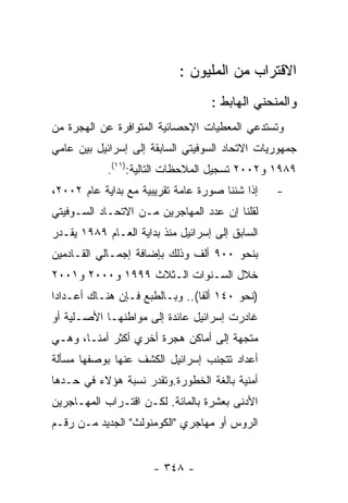 ‫ﺍﻻﻗﺘﺭﺍﺏ ﻤﻥ ﺍﻟﻤﻠﻴﻭﻥ :‬
                                   ‫ﻭﺍﻟﻤﻨﺤﻨﻲ ﺍﻟﻬﺎﺒﻁ :‬
‫ﻭﺘﺴﺘﺩﻋﻲ ﺍﻟﻤﻌﻁﻴﺎﺕ ﺍﻹﺤﺼﺎﺌﻴﺔ ﺍﻟﻤﺘﻭﺍﻓﺭﺓ ﻋﻥ ﺍﻟﻬﺠﺭﺓ ﻤﻥ‬
‫ﺠﻤﻬﻭﺭﻴﺎﺕ ﺍﻻﺘﺤﺎﺩ ﺍﻟﺴﻭﻓﻴﺘﻲ ﺍﻟﺴﺎﺒﻘﺔ ﺇﻟﻰ ﺇﺴﺭﺍﺌﻴل ﺒﻴﻥ ﻋﺎﻤﻲ‬
            ‫٩٨٩١ ﻭ٢٠٠٢ ﺘﺴﺠﻴل ﺍﻟﻤﻼﺤﻅﺎﺕ ﺍﻟﺘﺎﻟﻴﺔ:)١١(.‬
‫ﺇﺫﺍ ﺸﺌﻨﺎ ﺼﻭﺭﺓ ﻋﺎﻤﺔ ﺘﻘﺭﻴﺒﻴﺔ ﻤﻊ ﺒﺩﺍﻴﺔ ﻋﺎﻡ ٢٠٠٢،‬    ‫-‬
‫ﻟﻘﻠﻨﺎ ﺇﻥ ﻋﺩﺩ ﺍﻟﻤﻬﺎﺠﺭﻴﻥ ﻤـﻥ ﺍﻻﺘﺤـﺎﺩ ﺍﻟﺴـﻭﻓﻴﺘﻲ‬
‫ﺍﻟﺴﺎﺒﻕ ﺇﻟﻰ ﺇﺴﺭﺍﺌﻴل ﻤﻨﺫ ﺒﺩﺍﻴﺔ ﺍﻟﻌـﺎﻡ ٩٨٩١ ﻴﻘـﺩﺭ‬
‫ﺒﻨﺤﻭ ٠٠٩ ﺃﻟﻑ ﻭﺫﻟﻙ ﺒﺈﻀﺎﻓﺔ ﺇﺠﻤـﺎﻟﻲ ﺍﻟﻘـﺎﺩﻤﻴﻥ‬
‫ﺨﻼل ﺍﻟﺴـﻨﻭﺍﺕ ﺍﻟـﺜﻼﺙ ٩٩٩١ ﻭ٠٠٠٢ ﻭ١٠٠٢‬
‫)ﻨﺤﻭ ٠٤١ ﺃﻟﻔﺎ(.. ﻭﺒـﺎﻟﻁﺒﻊ ﻓـﺈﻥ ﻫﻨـﺎﻙ ﺃﻋـﺩﺍﺩﺍ‬
‫ﻏﺎﺩﺭﺕ ﺇﺴﺭﺍﺌﻴل ﻋﺎﺌﺩﺓ ﺇﻟﻰ ﻤﻭﺍﻁﻨﻬـﺎ ﺍﻷﺼـﻠﻴﺔ ﺃﻭ‬
‫ﻤﺘﺠﻬﺔ ﺇﻟﻰ ﺃﻤﺎﻜﻥ ﻫﺠﺭﺓ ﺃﺨﺭﻱ ﺃﻜﺜﺭ ﺃﻤﻨـﺎ، ﻭﻫـﻲ‬
‫ﺃﻋﺩﺍﺩ ﺘﺘﺠﻨﺏ ﺇﺴﺭﺍﺌﻴل ﺍﻟﻜﺸﻑ ﻋﻨﻬﺎ ﺒﻭﺼﻔﻬﺎ ﻤﺴﺄﻟﺔ‬
‫ﺃﻤﻨﻴﺔ ﺒﺎﻟﻐﺔ ﺍﻟﺨﻁﻭﺭﺓ.ﻭﺘﻘﺩﺭ ﻨﺴﺒﺔ ﻫﺅﻻﺀ ﻓﻲ ﺤـﺩﻫﺎ‬
‫ﺍﻷﺩﻨﻰ ﺒﻌﺸﺭﺓ ﺒﺎﻟﻤﺎﺌﺔ. ﻟﻜـﻥ ﺍﻗﺘـﺭﺍﺏ ﺍﻟﻤﻬـﺎﺠﺭﻴﻥ‬
‫ﺍﻟﺭﻭﺱ ﺃﻭ ﻤﻬﺎﺠﺭﻱ "ﺍﻟﻜﻭﻤﻨﻭﻟﺙ" ﺍﻟﺠﺩﻴﺩ ﻤـﻥ ﺭﻗـﻡ‬


                      ‫- ٨٤٣ -‬
 