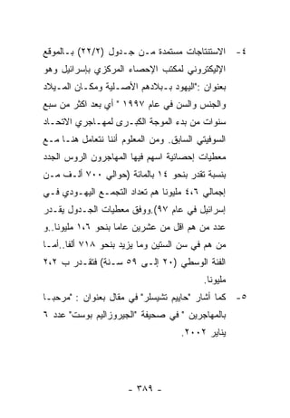 ‫٤- ﺍﻻﺴﺘﻨﺘﺎﺠﺎﺕ ﻤﺴﺘﻤﺩﺓ ﻤـﻥ ﺠـﺩﻭل )٢/٢٢( ﺒـﺎﻟﻤﻭﻗﻊ‬
‫ﺍﻹﻟﻴﻜﺘﺭﻭﻨﻲ ﻟﻤﻜﺘﺏ ﺍﻹﺤﺼﺎﺀ ﺍﻟﻤﺭﻜﺯﻱ ﺒﺈﺴﺭﺍﺌﻴل ﻭﻫﻭ‬
‫ﺒﻌﻨﻭﺍﻥ :"ﺍﻟﻴﻬﻭﺩ ﺒـﺒﻼﺩﻫﻡ ﺍﻷﺼـﻠﻴﺔ ﻭﻤﻜـﺎﻥ ﺍﻟﻤـﻴﻼﺩ‬
‫ﻭﺍﻟﺠﻨﺱ ﻭﺍﻟﺴﻥ ﻓﻲ ﻋﺎﻡ ٧٩٩١ " ﺃﻱ ﺒﻌﺩ ﺍﻜﺜﺭ ﻤﻥ ﺴﺒﻊ‬
‫ﺴﻨﻭﺍﺕ ﻤﻥ ﺒﺩﺀ ﺍﻟﻤﻭﺠﺔ ﺍﻟﻜﺒـﺭﻯ ﻟﻤﻬـﺎﺠﺭﻱ ﺍﻻﺘﺤـﺎﺩ‬
‫ﺍﻟﺴﻭﻓﻴﺘﻲ ﺍﻟﺴﺎﺒﻕ. ﻭﻤﻥ ﺍﻟﻤﻌﻠﻭﻡ ﺃﻨﻨﺎ ﻨﺘﻌﺎﻤل ﻫﻨـﺎ ﻤـﻊ‬
‫ﻤﻌﻁﻴﺎﺕ ﺇﺤﺼﺎﺌﻴﺔ ﺍﺴﻬﻡ ﻓﻴﻬﺎ ﺍﻟﻤﻬﺎﺠﺭﻭﻥ ﺍﻟﺭﻭﺱ ﺍﻟﺠﺩﺩ‬
‫ﺒﻨﺴﺒﺔ ﺘﻘﺩﺭ ﺒﻨﺤﻭ ٤١ ﺒﺎﻟﻤﺎﺌﺔ )ﺤﻭﺍﻟﻲ ٠٠٧ ﺃﻟـﻑ ﻤـﻥ‬
‫ﺇﺠﻤﺎﻟﻲ ٦،٤ ﻤﻠﻴﻭﻨﺎ ﻫﻡ ﺘﻌﺩﺍﺩ ﺍﻟﺘﺠﻤـﻊ ﺍﻟﻴﻬـﻭﺩﻱ ﻓـﻲ‬
‫ﺇﺴﺭﺍﺌﻴل ﻓﻲ ﻋﺎﻡ ٧٩(.ﻭﻭﻓﻕ ﻤﻌﻁﻴﺎﺕ ﺍﻟﺠـﺩﻭل ﻴﻘـﺩﺭ‬
‫ﻋﺩﺩ ﻤﻥ ﻫﻡ ﺍﻗل ﻤﻥ ﻋﺸﺭﻴﻥ ﻋﺎﻤﺎ ﺒﻨﺤﻭ ٦،١ ﻤﻠﻴﻭﻨﺎ..ﻭ‬
‫ﻤﻥ ﻫﻡ ﻓﻲ ﺴﻥ ﺍﻟﺴﺘﻴﻥ ﻭﻤﺎ ﻴﺯﻴﺩ ﺒﻨﺤﻭ ٨١٧ ﺃﻟﻔﺎ..ﺃﻤـﺎ‬
‫ﺍﻟﻔﺌﺔ ﺍﻟﻭﺴﻁﻲ )٠٢ ﺇﻟـﻰ ٩٥ ﺴـﻨﺔ( ﻓﺘﻘـﺩﺭ ﺏ ٢،٢‬
                                           ‫ﻤﻠﻴﻭﻨﺎ.‬
‫٥- ﻜﻤﺎ ﺃﺸﺎﺭ "ﺤﺎﻴﻴﻡ ﺘﺸﻴﺴﻠﺭ" ﻓﻲ ﻤﻘﺎل ﺒﻌﻨﻭﺍﻥ : "ﻤﺭﺤﺒـﺎ‬
‫ﺒﺎﻟﻤﻬﺎﺠﺭﻴﻥ " ﻓﻲ ﺼﺤﻴﻔﺔ "ﺍﻟﺠﻴﺭﻭﺯﺍﻟﻴﻡ ﺒﻭﺴﺕ" ﻋﺩﺩ ٦‬
                                     ‫ﻴﻨﺎﻴﺭ ٢٠٠٢.‬




                      ‫- ٩٨٣ -‬
 