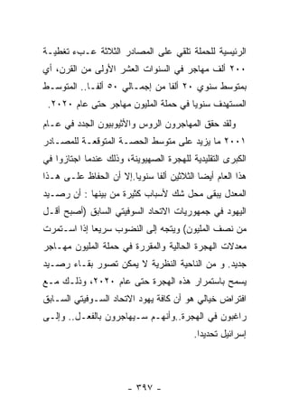 ‫ﺍﻟﺭﺌﻴﺴﻴﺔ ﻟﻠﺤﻤﻠﺔ ﺘﻠﻘﻲ ﻋﻠﻰ ﺍﻟﻤﺼﺎﺩﺭ ﺍﻟﺜﻼﺜﺔ ﻋـﺏﺀ ﺘﻐﻁﻴـﺔ‬
‫٠٠٢ ﺃﻟﻑ ﻤﻬﺎﺠﺭ ﻓﻲ ﺍﻟﺴﻨﻭﺍﺕ ﺍﻟﻌﺸﺭ ﺍﻷﻭﻟﻰ ﻤﻥ ﺍﻟﻘﺭﻥ، ﺃﻱ‬
‫ﺒﻤﺘﻭﺴﻁ ﺴﻨﻭﻱ ٠٢ ﺃﻟﻔﺎ ﻤﻥ ﺇﺠﻤـﺎﻟﻲ ٠٥ ﺃﻟﻔـﺎ.. ﺍﻟﻤﺘﻭﺴـﻁ‬
           ‫ﹰ‬                   ‫ﹰ‬
 ‫ﺍﻟﻤﺴﺘﻬﺩﻑ ﺴﻨﻭﻴﺎ ﻓﻲ ﺤﻤﻠﺔ ﺍﻟﻤﻠﻴﻭﻥ ﻤﻬﺎﺠﺭ ﺤﺘﻰ ﻋﺎﻡ ٠٢٠٢.‬
‫ﻭﻟﻘﺩ ﺤﻘﻕ ﺍﻟﻤﻬﺎﺠﺭﻭﻥ ﺍﻟﺭﻭﺱ ﻭﺍﻷﺜﻴﻭﺒﻴﻭﻥ ﺍﻟﺠﺩﺩ ﻓﻲ ﻋـﺎﻡ‬
‫١٠٠٢ ﻤﺎ ﻴﺯﻴﺩ ﻋﻠﻰ ﻤﺘﻭﺴﻁ ﺍﻟﺤﺼـﺔ ﺍﻟﻤﺘﻭﻗﻌـﺔ ﻟﻠﻤﺼـﺎﺩﺭ‬
‫ﺍﻟﻜﺒﺭﻯ ﺍﻟﺘﻘﻠﻴﺩﻴﺔ ﻟﻠﻬﺠﺭﺓ ﺍﻟﺼﻬﻴﻭﻴﻨﺔ، ﻭﺫﻟﻙ ﻋﻨﺩﻤﺎ ﺍﺠﺘﺎﺯﻭﺍ ﻓﻲ‬
‫ﻫﺫﺍ ﺍﻟﻌﺎﻡ ﺃﻴﻀﺎ ﺍﻟﺜﻼﺜﻴﻥ ﺃﻟﻔﺎ ﺴﻨﻭﻴﺎ.ﺇﻻ ﺃﻥ ﺍﻟﺤﻔﺎﻅ ﻋﻠـﻰ ﻫـﺫﺍ‬
                       ‫ﹰ‬     ‫ﹰ‬            ‫ﹰ‬
‫ﺍﻟﻤﻌﺩل ﻴﺒﻘﻰ ﻤﺤل ﺸﻙ ﻷﺴﺒﺎﺏ ﻜﺜﻴﺭﺓ ﻤﻥ ﺒﻴﻨﻬﺎ : ﺃﻥ ﺭﺼـﻴﺩ‬
‫ﺍﻟﻴﻬﻭﺩ ﻓﻲ ﺠﻤﻬﻭﺭﻴﺎﺕ ﺍﻻﺘﺤﺎﺩ ﺍﻟﺴﻭﻓﻴﺘﻲ ﺍﻟﺴﺎﺒﻕ )ﺃﺼﺒﺢ ﺃﻗـل‬
‫ﻤﻥ ﻨﺼﻑ ﺍﻟﻤﻠﻴﻭﻥ( ﻭﻴﺘﺠﻪ ﺇﻟﻰ ﺍﻟﻨﻀﻭﺏ ﺴﺭﻴﻌﺎ ﺇﺫﺍ ﺍﺴـﺘﻤﺭﺕ‬
            ‫ﹰ‬
‫ﻤﻌﺩﻻﺕ ﺍﻟﻬﺠﺭﺓ ﺍﻟﺤﺎﻟﻴﺔ ﻭﺍﻟﻤﻘﺭﺭﺓ ﻓﻲ ﺤﻤﻠﺔ ﺍﻟﻤﻠﻴﻭﻥ ﻤﻬـﺎﺠﺭ‬
‫ﺠﺩﻴﺩ. ﻭ ﻤﻥ ﺍﻟﻨﺎﺤﻴﺔ ﺍﻟﻨﻅﺭﻴﺔ ﻻ ﻴﻤﻜﻥ ﺘﺼﻭﺭ ﺒﻘـﺎﺀ ﺭﺼـﻴﺩ‬
‫ﻴﺴﻤﺢ ﺒﺎﺴﺘﻤﺭﺍﺭ ﻫﺫﻩ ﺍﻟﻬﺠﺭﺓ ﺤﺘﻰ ﻋﺎﻡ ٠٢٠٢، ﻭﺫﻟـﻙ ﻤـﻊ‬
‫ﺍﻓﺘﺭﺍﺽ ﺨﻴﺎﻟﻲ ﻫﻭ ﺃﻥ ﻜﺎﻓﺔ ﻴﻬﻭﺩ ﺍﻻﺘﺤﺎﺩ ﺍﻟﺴـﻭﻓﻴﺘﻲ ﺍﻟﺴـﺎﺒﻕ‬
‫ﺭﺍﻏﺒﻭﻥ ﻓﻲ ﺍﻟﻬﺠﺭﺓ..ﻭﺃﻨﻬـﻡ ﺴـﻴﻬﺎﺠﺭﻭﻥ ﺒﺎﻟﻔﻌـل.. ﻭﺇﻟـﻰ‬
                                         ‫ﺇﺴﺭﺍﺌﻴل ﺘﺤﺩﻴﺩﺍ.‬
                                          ‫ﹰ‬




                       ‫- ٧٩٣ -‬
 