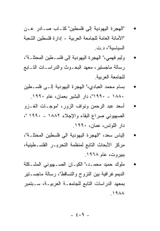 ‫"ﺍﻟﻬﺠﺭﺓ ﺍﻟﻴﻬﻭﺩﻴﺔ ﺇﻟﻰ ﻓﻠﺴﻁﻴﻥ" ﻜﺘـﺎﺏ ﺼـﺎﺩﺭ ﻋـﻥ‬
‫"ﺍﻷﻤﺎﻨﺔ ﺍﻟﻌﺎﻤﺔ ﻟﻠﺠﺎﻤﻌﺔ ﺍﻟﻌﺭﺒﻴﺔ - ﺇﺩﺍﺭﺓ ﻓﻠﺴﻁﻴﻥ ﺍﻟﺸﻌﺒﺔ‬
                                    ‫ﺍﻟﺴﻴﺎﺴﻴﺔ"، ﺩ.ﺕ.‬
‫ﻭﻟﻴﻡ ﻓﻬﻤﻲ،" ﺍﻟﻬﺠﺭﺓ ﺍﻟﻴﻬﻭﺩﻴﺔ ﺇﻟﻰ ﻓﻠﺴـﻁﻴﻥ ﺍﻟﻤﺤﺘﻠـﺔ"،‬
‫ﺭﺴﺎﻟﺔ ﻤﺎﺠﺴﺘﻴﺭ، ﻤﻌﻬﺩ ﺍﻟﺒﺤـﻭﺙ ﻭﺍﻟﺩﺭﺍﺴـﺎﺕ ﺍﻟﺘـﺎﺒﻊ‬
                                    ‫ﻟﻠﺠﺎﻤﻌﺔ ﺍﻟﻌﺭﺒﻴﺔ.‬
‫ﺒﺴﺎﻡ ﻤﺤﻤﺩ ﺍﻟﻌﺒﺎﺩﻱ،" ﺍﻟﻬﺠﺭﺓ ﺍﻟﻴﻬﻭﺩﻴﺔ ﺇﻟـﻰ ﻓﻠﺴـﻁﻴﻥ‬
   ‫٠٨٨١ - ٠٩٩١"، ﺩﺍﺭ ﺍﻟﺒﺸﻴﺭ ﺒﻌﻤﺎﻥ، ﻋﺎﻡ ٠٩٩١.‬
‫ﺃﺴﻌﺩ ﻋﺒﺩ ﺍﻟﺭﺤﻤﻥ ﻭﻨﻭﺍﻑ ﺍﻟﺯﻭﺭ، "ﻤﻭﺠـﺎﺕ ﺍﻟﻐـﺯﻭ‬
‫ﺍﻟﺼﻬﻴﻭﻨﻲ ﺼﺭﺍﻉ ﺍﻟﺒﻘﺎﺀ ﻭﺍﻹﺠﻼﺀ ٢٨٨١ - ٠٩٩١ "،‬
                         ‫ﺩﺍﺭ ﺍﻟﻠﻭﺘﺱ، ﻋﻤﺎﻥ، ٠٩٩١.‬
‫ﺇﻟﻴﺎﺱ ﺴﻌﺩ، "ﺍﻟﻬﺠﺭﺓ ﺍﻟﻴﻬﻭﺩﻴﺔ ﺍﻟﻲ ﻓﻠﺴﻁﻴﻥ ﺍﻟﻤﺤﺘﻠـﺔ"،‬
‫ﻤﺭﻜﺯ ﺍﻷﺒﺤﺎﺙ ﺍﻟﺘﺎﺒﻊ ﻟﻤﻨﻅﻤﺔ ﺍﻟﺘﺤﺭﻴـﺭ ﺍﻟﻔﻠﺴـﻁﻴﻨﻴﺔ،‬
                               ‫ﺒﺒﻴﺭﻭﺕ، ﻋﺎﻡ ٨٦٩١.‬
‫ﻤﻠﻭﻙ ﺤﻤﻴﺩ ﻤﺤﻤـﺩ،" ﺍﻟﻜﻴـﺎﻥ ﺍﻟﺼـﻬﻴﻭﻨﻲ ﺍﻟﻤﺸـﻜﻠﺔ‬
‫ﺍﻟﺩﻴﻤﻭﻏﺭﺍﻓﻴﺔ ﺒﻴﻥ ﺍﻟﻨﺯﻭﺡ ﻭﺍﻟﺘﺴﺎﻗﻁ"، ﺭﺴﺎﻟﺔ ﻤﺎﺠﺴـﺘﻴﺭ‬
‫ﺒﻤﻌﻬﺩ ﺍﻟﺩﺭﺍﺴﺎﺕ ﺍﻟﺘﺎﺒﻊ ﻟﻠﺠﺎﻤﻌـﺔ ﺍﻟﻌﺭﺒﻴـﺔ، ﺴـﺒﺘﻤﺒﺭ‬
                                            ‫٨٨٩١.‬


                        ‫- ٩٠٤ -‬
 