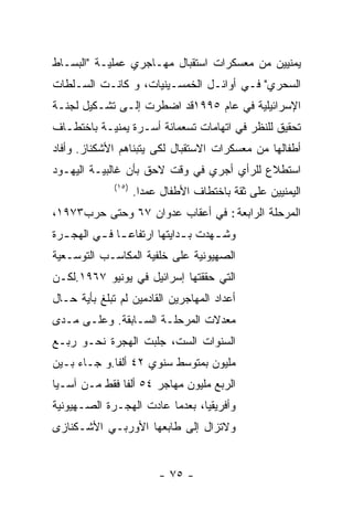 ‫ﻴﻤﻨﻴﻴﻥ ﻤﻥ ﻤﻌﺴﻜﺭﺍﺕ ﺍﺴﺘﻘﺒﺎل ﻤﻬـﺎﺠﺭﻱ ﻋﻤﻠﻴـﺔ "ﺍﻟﺒﺴـﺎﻁ‬
‫ﺍﻟﺴﺤﺭﻱ" ﻓـﻲ ﺃﻭﺍﺌـل ﺍﻟﺨﻤﺴـﻴﻨﻴﺎﺕ، ﻭ ﻜﺎﻨـﺕ ﺍﻟﺴـﻠﻁﺎﺕ‬
‫ﺍﻹﺴﺭﺍﺌﻴﻠﻴﺔ ﻓﻲ ﻋﺎﻡ ٥٩٩١ﻗﺩ ﺍﻀﻁﺭﺕ ﺇﻟـﻰ ﺘﺸـﻜﻴل ﻟﺠﻨـﺔ‬
‫ﺘﺤﻘﻴﻕ ﻟﻠﻨﻅﺭ ﻓﻲ ﺍﺘﻬﺎﻤﺎﺕ ﺘﺴﻌﻤﺎﺌﺔ ﺃﺴـﺭﺓ ﻴﻤﻨﻴـﺔ ﺒﺎﺨﺘﻁـﺎﻑ‬
‫ﺃﻁﻔﺎﻟﻬﺎ ﻤﻥ ﻤﻌﺴﻜﺭﺍﺕ ﺍﻻﺴﺘﻘﺒﺎل ﻟﻜﻰ ﻴﺘﺒﻨﺎﻫﻡ ﺍﻷﺸﻜﻨﺎﺯ. ﻭﺃﻓﺎﺩ‬
‫ﺍﺴﺘﻁﻼﻉ ﻟﻠﺭﺃﻱ ﺃﺠﺭﻱ ﻓﻲ ﻭﻗﺕ ﻻﺤﻕ ﺒﺄﻥ ﻏﺎﻟﺒﻴـﺔ ﺍﻟﻴﻬـﻭﺩ‬
              ‫)٥١(‬
                     ‫ﺍﻟﻴﻤﻨﻴﻴﻥ ﻋﻠﻰ ﺜﻘﺔ ﺒﺎﺨﺘﻁﺎﻑ ﺍﻷﻁﻔﺎل ﻋﻤﺩﺍ.‬
‫ﺍﻟﻤﺭﺤﻠﺔ ﺍﻟﺭﺍﺒﻌﺔ : ﻓﻲ ﺃﻋﻘﺎﺏ ﻋﺩﻭﺍﻥ ٧٦ ﻭﺤﺘﻰ ﺤﺭﺏ٣٧٩١،‬
‫ﻭﺸ ـﻬﺩﺕ ﺒ ـﺩﺍﻴﺘﻬﺎ ﺍﺭﺘﻔﺎﻋ ـﺎ ﻓ ـﻲ ﺍﻟﻬﺠ ـﺭﺓ‬
  ‫ـ‬       ‫ـ ـ‬                 ‫ـ‬      ‫ـ‬
‫ﺍﻟﺼﻬﻴﻭﻨﻴﺔ ﻋﻠﻰ ﺨﻠﻔﻴﺔ ﺍﻟﻤﻜﺎﺴـﺏ ﺍﻟﺘﻭﺴـﻌﻴﺔ‬
‫ﺍﻟﺘﻲ ﺤﻘﻘﺘﻬﺎ ﺇﺴﺭﺍﺌﻴل ﻓﻲ ﻴﻭﻨﻴﻭ ٧٦٩١.ﻟﻜـﻥ‬
‫ﺃﻋﺩﺍﺩ ﺍﻟﻤﻬﺎﺠﺭﻴﻥ ﺍﻟﻘﺎﺩﻤﻴﻥ ﻟﻡ ﺘﺒﻠﻎ ﺒﺄﻴﺔ ﺤـﺎل‬
‫ﻤﻌﺩﻻﺕ ﺍﻟﻤﺭﺤﻠـﺔ ﺍﻟﺴـﺎﺒﻘﺔ. ﻭﻋﻠـﻰ ﻤـﺩﻯ‬
‫ﺍﻟﺴﻨﻭﺍﺕ ﺍﻟﺴﺕ، ﺠﻠﺒﺕ ﺍﻟﻬﺠﺭﺓ ﻨﺤـﻭ ﺭﺒـﻊ‬
‫ﻤﻠﻴﻭﻥ ﺒﻤﺘﻭﺴﻁ ﺴﻨﻭﻱ ٢٤ ﺃﻟﻔﺎ.ﻭ ﺠـﺎﺀ ﺒـﻴﻥ‬
‫ﺍﻟﺭﺒﻊ ﻤﻠﻴﻭﻥ ﻤﻬﺎﺠﺭ ٤٥ ﺃﻟﻔﺎ ﻓﻘﻁ ﻤـﻥ ﺁﺴـﻴﺎ‬
‫ﻭﺃﻓﺭﻴﻘﻴﺎ، ﺒﻌﺩﻤﺎ ﻋﺎﺩﺕ ﺍﻟﻬﺠـﺭﺓ ﺍﻟﺼـﻬﻴﻭﻨﻴﺔ‬
‫ﻭﻻﺘﺯﺍل ﺇﻟﻰ ﻁﺎﺒﻌﻬﺎ ﺍﻷﻭﺭﺒـﻲ ﺍﻷﺸـﻜﻨﺎﺯﻯ‬


                          ‫- ٥٧ -‬
 