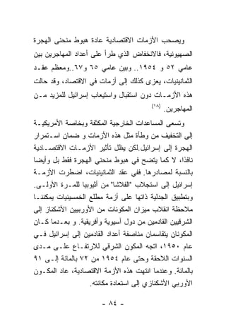 ‫ﻭﻴﺼﺤﺏ ﺍﻷﺯﻤﺎﺕ ﺍﻻﻗﺘﺼﺎﺩﻴﺔ ﻋﺎﺩﺓ ﻫﺒﻭﻁ ﻤﻨﺤﻨﻰ ﺍﻟﻬﺠﺭﺓ‬
‫ﺍﻟﺼﻬﻴﻭﻨﻴﺔ، ﻓﺎﻻﻨﺨﻔﺎﺽ ﺍﻟﺫﻱ ﻁﺭﺃ ﻋﻠﻰ ﺃﻋﺩﺍﺩ ﺍﻟﻤﻬﺎﺠﺭﻴﻥ ﺒﻴﻥ‬
‫ﻋﺎﻤﻲ ٢٥ ﻭ ٤٥٩١.. ﻭﺒﻴﻥ ﻋﺎﻤﻲ ٥٦ ﻭ٧٦..ﻭﻤﻌﻅﻡ ﻋﻘـﺩ‬
‫ﺍﻟﺜﻤﺎﻨﻴﻨﻴﺎﺕ، ﻴﻌﺯﻯ ﻜﺫﻟﻙ ﺇﻟﻰ ﺃﺯﻤﺎﺕ ﻓﻲ ﺍﻻﻗﺘﺼﺎﺩ، ﻭﻗﺩ ﺤﺎﻟﺕ‬
‫ﻫﺫﻩ ﺍﻷﺯﻤـﺎﺕ ﺩﻭﻥ ﺍﺴﺘﻘﺒﺎل ﻭﺍﺴﺘﻴﻌﺎﺏ ﺇﺴﺭﺍﺌﻴل ﻟﻠﻤﺯﻴﺩ ﻤـﻥ‬
                                        ‫)٨١(‬
                                               ‫ﺍﻟﻤﻬﺎﺠﺭﻴﻥ.‬
‫ﻭﺘﺴﻌﻰ ﺍﻟﻤﺴﺎﻋﺩﺍﺕ ﺍﻟﺨﺎﺭﺠﻴﺔ ﺍﻟﻤﻜﺜﻔﺔ ﻭﺒﺨﺎﺼﺔ ﺍﻷﻤﺭﻴﻜﻴـﺔ‬
‫ﺇﻟﻰ ﺍﻟﺘﺨﻔﻴﻑ ﻤﻥ ﻭﻁﺄﺓ ﻤﺜل ﻫﺫﻩ ﺍﻷﺯﻤﺎﺕ ﻭ ﻀﻤﺎﻥ ﺍﺴـﺘﻤﺭﺍﺭ‬
‫ﺍﻟﻬﺠﺭﺓ ﺇﻟﻰ ﺇﺴﺭﺍﺌﻴل.ﻟﻜﻥ ﻴﻅل ﺘﺄﺜﻴﺭ ﺍﻷﺯﻤـﺎﺕ ﺍﻻﻗﺘﺼـﺎﺩﻴﺔ‬
‫ﻨﺎﻓﺫﺍ، ﻻ ﻜﻤﺎ ﻴﺘﻀﺢ ﻓﻲ ﻫﺒﻭﻁ ﻤﻨﺤﻨﻲ ﺍﻟﻬﺠﺭﺓ ﻓﻘﻁ ﺒل ﻭﺃﻴﻀﺎ‬
‫ﺒﺎﻟﻨﺴﺒﺔ ﻟﻤﺼﺎﺩﺭﻫﺎ. ﻓﻔﻲ ﻋﻘﺩ ﺍﻟﺜﻤﺎﻨﻴﻨﻴﺎﺕ، ﺍﻀﻁﺭﺕ ﺍﻷﺯﻤـﺔ‬
‫ﺇﺴﺭﺍﺌﻴل ﺇﻟﻰ ﺍﺴﺘﺠﻼﺏ "ﺍﻟﻔﻼﺸﺎ" ﻤﻥ ﺃﺜﻴﻭﺒﻴﺎ ﻟﻠﻤـﺭﺓ ﺍﻷﻭﻟـﻰ.‬
‫ﻭﺒﺘﻁﺒﻴﻕ ﺍﻟﺠﺩﻟﻴﺔ ﺫﺍﺘﻬﺎ ﻋﻠﻰ ﺃﺯﻤﺔ ﻤﻁﻠﻊ ﺍﻟﺨﻤﺴﻴﻨﻴﺎﺕ ﻴﻤﻜﻨﻨـﺎ‬
‫ﻤﻼﺤﻅﺔ ﺍﻨﻘﻼﺏ ﻤﻴﺯﺍﻥ ﺍﻟﻤﻜﻭﻨﺎﺕ ﻤﻥ ﺍﻷﻭﺭﺒﻴﻴﻥ ﺍﻷﺸﻜﻨﺎﺯ ﺇﻟﻰ‬
‫ﺍﻟﺸﺭﻗﻴﻴﻥ ﺍﻟﻘﺎﺩﻤﻴﻥ ﻤﻥ ﺩﻭل ﺁﺴﻴﻭﻴﺔ ﻭﺃﻓﺭﻴﻘﻴﺔ. ﻭ ﺒﻌـﺩﻤﺎ ﻜـﺎﻥ‬
‫ﺍﻟﻤﻜﻭﻨﺎﻥ ﻴﺘﻘﺎﺴﻤﺎﻥ ﻤﻨﺎﺼﻔﺔ ﺃﻋﺩﺍﺩ ﺍﻟﻘﺎﺩﻤﻴﻥ ﺇﻟﻰ ﺇﺴﺭﺍﺌﻴل ﻓـﻲ‬
‫ﻋﺎﻡ ٠٥٩١، ﺍﺘﺠﻪ ﺍﻟﻤﻜﻭﻥ ﺍﻟﺸﺭﻗﻲ ﻟﻼﺭﺘﻔـﺎﻉ ﻋﻠـﻰ ﻤـﺩﻯ‬
‫ﺍﻟﺴﻨﻭﺍﺕ ﺍﻟﻼﺤﻘﺔ ﻭﺤﺘﻰ ﻋﺎﻡ ٤٥٩١ ﻤﻥ ٢٧ ﺒﺎﻟﻤﺎﺌﺔ ﺇﻟـﻰ ١٩‬
‫ﺒﺎﻟﻤﺎﺌﺔ. ﻭﻋﻨﺩﻤﺎ ﺍﻨﺘﻬﺕ ﻫﺫﻩ ﺍﻷﺯﻤﺔ ﺍﻻﻗﺘﺼﺎﺩﻴﺔ، ﻋﺎﺩ ﺍﻟﻤﻜـﻭﻥ‬
                   ‫ﺍﻷﻭﺭﺒﻲ ﺍﻷﺸﻜﻨﺎﺯﻱ ﺇﻟﻰ ﺍﺴﺘﻌﺎﺩﺓ ﻤﻜﺎﻨﺘﻪ.‬

                       ‫- ٤٨ -‬
 