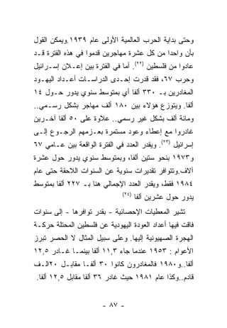 ‫ﻭﺤﺘﻰ ﺒﺩﺍﻴﺔ ﺍﻟﺤﺭﺏ ﺍﻟﻌﺎﻟﻤﻴﺔ ﺍﻷﻭﻟﻰ ﻋﺎﻡ ٩٣٩١.ﻭﻴﻤﻜﻥ ﺍﻟﻘﻭل‬
‫ﺒﺄﻥ ﻭﺍﺤﺩﺍ ﻤﻥ ﻜل ﻋﺸﺭﺓ ﻤﻬﺎﺠﺭﻴﻥ ﻗﺩﻤﻭﺍ ﻓﻲ ﻫﺫﻩ ﺍﻟﻔﺘﺭﺓ ﻗـﺩ‬
‫ﻋﺎﺩﻭﺍ ﻤﻥ ﻓﻠﺴﻁﻴﻥ )٢٢(. ﺃﻤﺎ ﻓﻲ ﺍﻟﻔﺘﺭﺓ ﺒﻴﻥ ﺇﻋـﻼﻥ ﺇﺴـﺭﺍﺌﻴل‬
‫ﻭﺤﺭﺏ ٧٦، ﻓﻘﺩ ﻗﺩﺭﺕ ﺇﺤـﺩﻯ ﺍﻟﺩﺭﺍﺴـﺎﺕ ﺃﻋـﺩﺍﺩ ﺍﻟﻴﻬـﻭﺩ‬
‫ﺍﻟﻤﻐﺎﺩﺭﻴﻥ ﺒـ ٠٣٣ ﺃﻟﻔﺎ ﺃﻱ ﺒﻤﺘﻭﺴﻁ ﺴﻨﻭﻱ ﻴﺩﻭﺭ ﺤـﻭل ٤١‬
‫ﺃﻟﻔﺎ. ﻭﻴﺘﻭﺯﻉ ﻫﺅﻻﺀ ﺒﻴﻥ ٠٨١ ﺃﻟﻑ ﻤﻬﺎﺠﺭ ﺒﺸﻜل ﺭﺴـﻤﻲ..‬
‫ﻭﻤﺎﺌﺔ ﺃﻟﻑ ﺒﺸﻜل ﻏﻴﺭ ﺭﺴﻤﻲ.. ﻋﻼﻭﺓ ﻋﻠﻰ ٠٥ ﺃﻟﻔﺎ ﺁﺨـﺭﻴﻥ‬
‫ﻏﺎﺩﺭﻭﺍ ﻤﻊ ﺇﻋﻁﺎﺀ ﻭﻋﻭﺩ ﻤﺴﺘﻤﺭﺓ ﺒﻌـﺯﻤﻬﻡ ﺍﻟﺭﺠـﻭﻉ ﺇﻟـﻰ‬
‫ﺇﺴﺭﺍﺌﻴل )٣٢(. ﻭﻴﻘﺩﺭ ﺍﻟﻌﺩﺩ ﻓﻲ ﺍﻟﻔﺘﺭﺓ ﺍﻟﻭﺍﻗﻌﺔ ﺒﻴﻥ ﻋـﺎﻤﻲ ٧٦‬
‫ﻭ٣٧٩١ ﺒﻨﺤﻭ ﺴﺘﻴﻥ ﺃﻟﻔﺎ، ﻭﺒﻤﺘﻭﺴﻁ ﺴﻨﻭﻱ ﻴﺩﻭﺭ ﺤﻭل ﻋﺸﺭﺓ‬
‫ﺁﻻﻑ.ﻭﺘﺘﻭﺍﻓﺭ ﺘﻘﺩﻴﺭﺍﺕ ﺴﻨﻭﻴﺔ ﻋﻥ ﺍﻟﺴﻨﻭﺍﺕ ﺍﻟﻼﺤﻘﺔ ﺤﺘﻰ ﻋﺎﻡ‬
‫٤٨٩١ ﻓﻘﻁ، ﻭﻴﻘﺩﺭ ﺍﻟﻌﺩﺩ ﺍﻹﺠﻤﺎﻟﻲ ﻫﻨﺎ ﺒـ ٧٢٢ ﺃﻟﻔﺎ ﺒﻤﺘﻭﺴﻁ‬
                               ‫)٤٢(‬
                                      ‫ﻴﺩﻭﺭ ﺤﻭل ﻋﺸﺭﻴﻥ ﺃﻟﻔﺎ‬
‫ﺘﺸﻴﺭ ﺍﻟﻤﻌﻁﻴﺎﺕ ﺍﻹﺤﺼﺎﺌﻴﺔ - ﺒﻘﺩﺭ ﺘﻭﺍﻓﺭﻫﺎ - ﺇﻟﻰ ﺴﻨﻭﺍﺕ‬
‫ﻓﺎﻗﺕ ﻓﻴﻬﺎ ﺃﻋﺩﺍﺩ ﺍﻟﻌﻭﺩﺓ ﺍﻟﻴﻬﻭﺩﻴﺔ ﻋﻥ ﻓﻠﺴﻁﻴﻥ ﺍﻟﻤﺤﺘﻠﺔ ﺤﺭﻜـﺔ‬
‫ﺍﻟﻬﺠﺭﺓ ﺍﻟﺼﻬﻴﻭﻨﻴﺔ ﺇﻟﻴﻬﺎ. ﻭﻋﻠﻰ ﺴﺒﻴل ﺍﻟﻤﺜﺎل ﻻ ﺍﻟﺤﺼﺭ ﺘﺒﺭﺯ‬
‫ﺍﻷﻋﻭﺍﻡ : ٣٥٩١ ﻋﻨﺩﻤﺎ ﺠﺎﺀ ٣,١١ ﺃﻟﻔﺎ ﺒﻴﻨﻤـﺎ ﻏـﺎﺩﺭ ٥,٢١‬
‫ﺃﻟﻔﺎ..ﻭ٠٨٩١ ﻓﺎﻟﻤﻐﺎﺩﺭﻭﻥ ﻜﺎﻨﻭﺍ ٠٣ ﺃﻟﻔـﺎ ﻤﻘﺎﺒـل ٠٢ﺍﻟـﻑ‬
‫ﻗﺎﺩﻡ..ﻭﻜﺫﺍ ﻋﺎﻡ ١٨٩١ ﺤﻴﺙ ﻏﺎﺩﺭ ٦٣ ﺃﻟﻔﺎ ﻤﻘﺎﺒل ٥,٢١ ﺃﻟﻔﺎ.‬


                        ‫- ٧٨ -‬
 