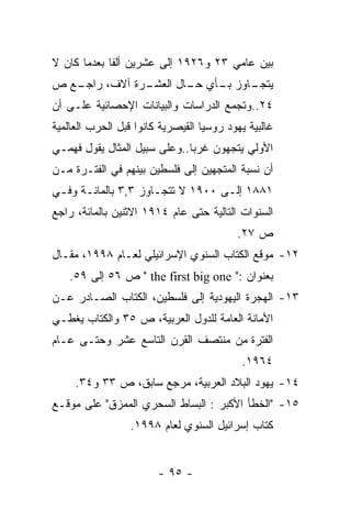 ‫ﺒﻴﻥ ﻋﺎﻤﻲ ٣٢ ﻭ٦٢٩١ ﺇﻟﻰ ﻋﺸﺭﻴﻥ ﺃﻟﻔﺎ ﺒﻌﺩﻤﺎ ﻜﺎﻥ ﻻ‬
‫ـﻊ ﺹ‬
   ‫ـﺎﻭﺯ ـﺄﻱ ـﺎل ﺍﻟﻌ ـﺭﺓ ﺁﻻﻑ، ﺭﺍﺠـ‬
               ‫ﺸـ‬      ‫ﺒـ ﺤـ‬    ‫ﻴﺘﺠـ‬
‫٤٢..ﻭﺘﺠﻤﻊ ﺍﻟﺩﺭﺍﺴﺎﺕ ﻭﺍﻟﺒﻴﺎﻨﺎﺕ ﺍﻹﺤﺼﺎﺌﻴﺔ ﻋﻠـﻰ ﺃﻥ‬
‫ﻏﺎﻟﺒﻴﺔ ﻴﻬﻭﺩ ﺭﻭﺴﻴﺎ ﺍﻟﻘﻴﺼﺭﻴﺔ ﻜﺎﻨﻭﺍ ﻗﺒل ﺍﻟﺤﺭﺏ ﺍﻟﻌﺎﻟﻤﻴﺔ‬
‫ﺍﻷﻭﻟﻲ ﻴﺘﺠﻬﻭﻥ ﻏﺭﺒﺎ..ﻭﻋﻠﻰ ﺴﺒﻴل ﺍﻟﻤﺜﺎل ﻴﻘﻭل ﻓﻬﻤـﻲ‬
‫ﺃﻥ ﻨﺴﺒﺔ ﺍﻟﻤﺘﺠﻬﻴﻥ ﺇﻟﻰ ﻓﻠﺴﻁﻴﻥ ﺒﻴﻨﻬﻡ ﻓﻲ ﺍﻟﻔﺘـﺭﺓ ﻤـﻥ‬
‫١٨٨١ ﺇﻟـﻰ ٠٠٩١ ﻻ ﺘﺘﺠـﺎﻭﺯ ٣,٣ ﺒﺎﻟﻤﺎﺌـﺔ ﻭﻓـﻲ‬
 ‫ـ‬                   ‫ـ‬
‫ﺍﻟﺴﻨﻭﺍﺕ ﺍﻟﺘﺎﻟﻴﺔ ﺤﺘﻰ ﻋﺎﻡ ٤١٩١ ﺍﻻﺜﻨﻴﻥ ﺒﺎﻟﻤﺎﺌﺔ، ﺭﺍﺠﻊ‬
                                          ‫ﺹ ٧٢.‬
‫٢١- ﻤﻭﻗﻊ ﺍﻟﻜﺘﺎﺏ ﺍﻟﺴﻨﻭﻱ ﺍﻹﺴﺭﺍﺌﻴﻠﻲ ﻟﻌـﺎﻡ ٨٩٩١، ﻤﻘـﺎل‬
   ‫ﺒﻌﻨﻭﺍﻥ :" ‪ " the first big one‬ﺹ ٦٥ ﺇﻟﻰ ٩٥.‬
‫٣١- ﺍﻟﻬﺠﺭﺓ ﺍﻟﻴﻬﻭﺩﻴﺔ ﺇﻟﻰ ﻓﻠﺴﻁﻴﻥ، ﺍﻟﻜﺘﺎﺏ ﺍﻟﺼـﺎﺩﺭ ﻋـﻥ‬
‫ﺍﻷﻤﺎﻨﺔ ﺍﻟﻌﺎﻤﺔ ﻟﻠﺩﻭل ﺍﻟﻌﺭﺒﻴﺔ، ﺹ ٥٣ ﻭﺍﻟﻜﺘﺎﺏ ﻴﻐﻁـﻲ‬
‫ﺍﻟﻔﺘﺭﺓ ﻤﻥ ﻤﻨﺘﺼﻑ ﺍﻟﻘﺭﻥ ﺍﻟﺘﺎﺴﻊ ﻋﺸﺭ ﻭﺤﺘـﻰ ﻋـﺎﻡ‬
                                           ‫٤٦٩١.‬
     ‫٤١- ﻴﻬﻭﺩ ﺍﻟﺒﻼﺩ ﺍﻟﻌﺭﺒﻴﺔ، ﻤﺭﺠﻊ ﺴﺎﺒﻕ، ﺹ ٣٣ ﻭ٤٣.‬
‫٥١- "ﺍﻟﺨﻁﺄ ﺍﻷﻜﺒﺭ : ﺍﻟﺒﺴﺎﻁ ﺍﻟﺴﺤﺭﻱ ﺍﻟﻤﻤﺯﻕ" ﻋﻠﻰ ﻤﻭﻗـﻊ‬
                  ‫ﻜﺘﺎﺏ ﺇﺴﺭﺍﺌﻴل ﺍﻟﺴﻨﻭﻱ ﻟﻌﺎﻡ ٨٩٩١.‬


                        ‫- ٥٩ -‬
 