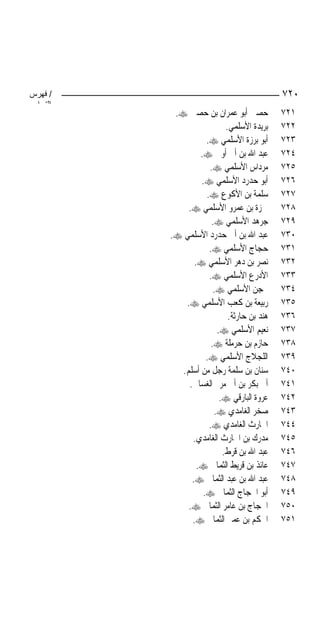 ‫/ ﻓﻬﺮس‬                                      ‫٠٢٧‬
 ‫اﻟﺘ ا‬
          ‫ﺣﺼﲔ ﺃﺑﻮ ﻋﻤﺮﺍﻥ ﺑﻦ ﺣﺼﲔ ‪.‬‬           ‫١٢٧‬
                           ‫ﺑﺮﻳﺪﺓ ﺍﻷﺳﻠﻤﻲ.‬    ‫٢٢٧‬
                    ‫ﺃﺑﻮ ﺑﺮﺯﺓ ﺍﻷﺳﻠﻤﻲ ‪.‬‬      ‫٣٢٧‬
                  ‫ﻋﺒﺪ ﺍﷲ ﺑﻦ ﺃﰊ ﺃﻭﰱ ‪.‬‬       ‫٤٢٧‬
                     ‫ﻣﺮﺩﺍﺱ ﺍﻷﺳﻠﻤﻲ ‪.‬‬        ‫٥٢٧‬
                  ‫ﺃﺑﻮ ﺣﺪﺭﺩ ﺍﻷﺳﻠﻤﻲ ‪.‬‬        ‫٦٢٧‬
                    ‫ﺳﻠﻤﺔ ﺑﻦ ﺍﻷﻛﻮﻉ ‪.‬‬        ‫٧٢٧‬
              ‫ﲪﺰﺓ ﺑﻦ ﻋﻤﺮﻭ ﺍﻷﺳﻠﻤﻲ ‪.‬‬         ‫٨٢٧‬
                      ‫ﺟﺮﻫﺪ ﺍﻷﺳﻠﻤﻲ ‪.‬‬        ‫٩٢٧‬
         ‫ﻋﺒﺪ ﺍﷲ ﺑﻦ ﺃﰊ ﺣﺪﺭﺩ ﺍﻷﺳﻠﻤﻲ ‪.‬‬        ‫٠٣٧‬
                     ‫ﺣﺠﺎﺝ ﺍﻷﺳﻠﻤﻲ ‪.‬‬         ‫١٣٧‬
                ‫ﻧﺼﺮ ﺑﻦ ﺩﻫﺮ ﺍﻷﺳﻠﻤﻲ ‪.‬‬        ‫٢٣٧‬
                     ‫ﺍﻷﺩﺭﻉ ﺍﻷﺳﻠﻤﻲ ‪.‬‬        ‫٣٣٧‬
                       ‫ﳏﺠﻦ ﺍﻷﺳﻠﻤﻲ ‪.‬‬        ‫٤٣٧‬
             ‫ﺭﺑﻴﻌﺔ ﺑﻦ ﻛﻌﺐ ﺍﻷﺳﻠﻤﻲ ‪.‬‬         ‫٥٣٧‬
                            ‫ﻫﻨﺪ ﺑﻦ ﺣﺎﺭﺛﺔ.‬   ‫٦٣٧‬
                        ‫ﻧﻌﻴﻢ ﺍﻷﺳﻠﻤﻲ ‪.‬‬      ‫٧٣٧‬
                      ‫ﺣﺎﺯﻡ ﺑﻦ ﺣﺮﻣﻠﺔ ‪.‬‬      ‫٨٣٧‬
                    ‫ﺍﻟﻠﺠﻼﺝ ﺍﻷﺳﻠﻤﻲ ‪.‬‬        ‫٩٣٧‬
            ‫ﺳﻨﺎﻥ ﺑﻦ ﺳﻠﻤﺔ ﺭﺟﻞ ﻣﻦ ﺃﺳﻠﻢ.‬       ‫٠٤٧‬
              ‫ﺃﰊ ﺑﻜﺮ ﺑﻦ ﺃﰊ ﻣﺮﱘ ﺍﻟﻐﺴﺎﱐ.‬      ‫١٤٧‬
                         ‫ﻋﺮﻭﺓ ﺍﻟﺒﺎﺭﻗﻲ ‪.‬‬    ‫٢٤٧‬
                       ‫ﺻﺨﺮ ﺍﻟﻐﺎﻣﺪﻱ ‪.‬‬       ‫٣٤٧‬
                     ‫ﺍﳊﺎﺭﺙ ﺍﻟﻐﺎﻣﺪﻱ ‪.‬‬       ‫٤٤٧‬
               ‫ﻣﺪﺭﻙ ﺑﻦ ﺍﳊﺎﺭﺙ ﺍﻟﻐﺎﻣﺪﻱ.‬       ‫٥٤٧‬
                          ‫ﻋﺒﺪ ﺍﷲ ﺑﻦ ﻗﺮﻁ.‬    ‫٦٤٧‬
                 ‫ﻋﺎﺋﺬ ﺑﻦ ﻗﺮﻳﻂ ﺍﻟﺜﻤﺎﱄ ‪.‬‬     ‫٧٤٧‬
               ‫ﻋﺒﺪ ﺍﷲ ﺑﻦ ﻋﺒﺪ ﺍﻟﺜﻤﺎﱄ ‪.‬‬      ‫٨٤٧‬
                   ‫ﺃﺑﻮ ﺍﳊﺠﺎﺝ ﺍﻟﺜﻤﺎﱄ ‪.‬‬      ‫٩٤٧‬
              ‫ﺍﳊﺠﺎﺝ ﺑﻦ ﻋﺎﻣﺮ ﺍﻟﺜﻤﺎﱄ ‪.‬‬       ‫٠٥٧‬
               ‫ﺍﳊﻜﻢ ﺑﻦ ﻋﻤﲑ ﺍﻟﺜﻤﺎﱄ ‪.‬‬        ‫١٥٧‬
 