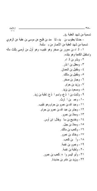 ‫/ اﻵﺣﺎد‬                                                             ‫٠٥٣‬
    ‫اﻟ ﺜﺎﻧ‬
                                                 ‫ﺗﺴﻤﻴﺔ ﻣﻦ ﺷﻬﺪ ﺍﻟﻌﻘﺒﺔ ‪.‬‬
‫- ﺣﺪﺛﻨﺎ ﻳﻌﻘﻮﺏ ﺑﻦ ﲪﻴﺪ، ﺛﻨﺎ ﳏﻤﺪ ﺑﻦ ﻓﻠﻴﺢ ﻋﻦ ﻣﻮﺳﻰ ﺑﻦ ﻋﻘﺒﺔ ﻋﻦ ﺍﻟﺰﻫﺮﻱ‬
                          ‫ﰲ ﺗﺴﻤﻴﺔ ﻣﻦ ﺷﻬﺪ ﺍﻟﻌﻘﺒﺔ ﻣﻦ ﺍﻷﻧﺼﺎﺭ ﻣﻦ ﺑﲏ ﺳﻠﻤﺔ.‬
‫١- ﺍﻟﱪﺍﺀ ﺑﻦ ﻣﻌﺮﻭﺭ ﺑﻦ ﺻﺨﺮ ﻭﻫﻮ ﻧﻘﻴﺐ، ﻭﻫﻮ ﺃﻭﻝ ﻣﻦ ﺃﻭﺻﻰ ﺑﺜﻠﺚ ﻣﺎﻟﻪ‬
                                                  ‫ﻭﺍﺳﺘﻘﺒﻞ ﺍﻟﻜﻌﺒﺔ ﻭﻫﻮ ﺑﺒﻠﺪﻩ.‬
                                                  ‫٢- ﻭﺑﺸﺮ ﺑﻦ ﺍﻟﱪﺍﺀ.‬
                                                ‫٣- ﻭﻣﻌﻘﻞ ﺑﻦ ﺍﳌﻨﺬﺭ.‬
                                             ‫٤- ﻭﻃﻔﻴﻞ ﺑﻦ ﺍﻟﻨﻌﻤﺎﻥ.‬
                                                ‫٥- ﻭﻃﻔﻴﻞ ﺑﻦ ﻣﺎﻟﻚ.‬
                                                ‫٦- ﻭﺟﺒﺎﺭ ﺑﻦ ﺻﺨﺮ.‬
                                                   ‫٧- ﻭﺯﻳﺪ ﺑﻦ ﺣﺮﺍﻡ.‬
                                               ‫٨- ﻭﻣﺴﻌﻮﺩ ﺑﻦ ﻳﺰﻳﺪ.‬
                     ‫٩- ﻭﺛﺎﺑﺖ ﺑﻦ ﺍﳉﺬﻉ، ﻭﺍﺳﻢ ﺍﳉﺬﻉ: ﺛﻌﻠﺒﺔ ﺑﻦ ﺯﻳﺪ.‬
                                            ‫٠١- ﻭﻋﻤﲑ ﺑﻦ ﺍﳊﺎﺭﺙ.‬
                         ‫١١- ﻭﻋﺒﺪ ﺍﷲ ﺑﻦ ﻋﻤﺮﻭ ﺑﻦ ﺣﺮﺍﻡ ﻭﻫﻮ ﻧﻘﻴﺐ.‬
                           ‫٢١- ﻭﺟﺎﺑﺮ ﺑﻦ ﻋﺒﺪ ﺍﷲ ﺑﻦ ﻋﻤﺮﻭ ﺑﻦ ﺣﺮﺍﻡ.‬
                                              ‫٣١- ﻭﻣﻌﺎﺫ ﺑﻦ ﻋﻤﺮﻭ.‬
                              ‫٤١- ﻭﺧﺪﻳﺞ ﺑﻦ ﺳﺎﱂ ﻭﻳﻘﺎﻝ: ﺍﺑﻦ ﺃﻭﺱ.‬
                                                ‫٥١- ﻭﻣﻌﺎﺫ ﺑﻦ ﺟﺒﻞ.‬
                                             ‫٦١- ﻭﻛﻌﺐ ﺑﻦ ﻣﺎﻟﻚ.‬
                                             ‫٧١- ﻭﺧﺎﻟﺪ ﺑﻦ ﻋﻤﺮﻭ.‬
                                                ‫٨١- ﻭﺃﰊ ﺑﻦ ﻛﻌﺐ.‬
                                              ‫٩١- ﻭﻋﻤﺮﻭ ﺑﻦ ﻏﻨﻤﺔ.‬
                                               ‫٠٢- ﻭﺛﻌﻠﺒﺔ ﺑﻦ ﻏﻨﻤﺔ.‬
                              ‫١٢- ﻭﺃﺑﻮ ﺍﻟﻴﺴﺮ ﻭﺍﲰﻪ: ﻛﻌﺐ ﺑﻦ ﻋﻤﺮﻭ.‬
                                      ‫٢٢- ﻭﻳﺰﻳﺪ ﺑﻦ ﻋﺎﻣﺮ ﺑﻦ ﺣﺪﻳﺪﺓ.‬
 