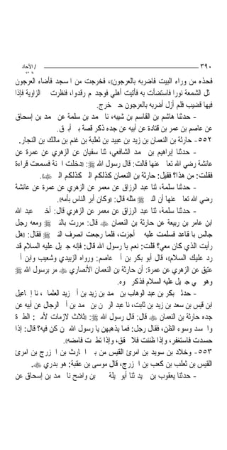 ‫/ اﻵﺣﺎد‬                                                                ‫٠٩٣‬
    ‫اﻟ ﺜﺎﻧ‬
‫ﻓﺤﺬﻩ ﻣﻦ ﻭﺭﺍﺀ ﺍﻟﺒﻴﺖ ﻓﺎﺿﺮﺑﻪ ﺑﺎﻟﻌﺮﺟﻮﻥ((، ﻓﺨﺮﺟﺖ ﻣﻦ ﺍﳌﺴﺠﺪ ﻓﺄﺿﺎﺀ ﺍﻟﻌﺮﺟﻮﻥ‬
‫ﲟﺜﻞ ﺍﻟﺸﻤﻌﺔ ﻧﻮﺭ‪‬ﺍ ﻓﺎﺳﺘﻀﺄﺕ ﺑﻪ ﻓﺄﺗﻴﺖ ﺃﻫﻠﻲ ﻓﻮﺟﺪ‪‬ﻢ ﺭﻗﺪﻭﺍ، ﻓﻨﻈﺮﺕ ﰲ ﺍﻟﺰﺍﻭﻳﺔ ﻓﺈﺫﺍ‬
                                   ‫ﻓﻴﻬﺎ ﻗﻀﻴﺐ ﻓﻠﻢ ﺃﺯﻝ ﺃﺿﺮﺑﻪ ﺑﺎﻟﻌﺮﺟﻮﻥ ﺣﱴ ﺧﺮﺝ.‬
‫- ﺣﺪﺛﻨﺎ ﻫﺎﺷﻢ ﺑﻦ ﺍﻟﻘﺎﺳﻢ ﺑﻦ ﺷﻴﺒﻪ، ﻧﺎ ﳏﻤﺪ ﺑﻦ ﺳﻠﻤﺔ ﻋﻦ ﳏﻤﺪ ﺑﻦ ﺇﺳﺤﺎﻕ‬
                 ‫ﻋﻦ ﻋﺎﺻﻢ ﺑﻦ ﻋﻤﺮ ﺑﻦ ﻗﺘﺎﺩﺓ ﻋﻦ ﺃﺑﻴﻪ ﻋﻦ ﺟﺪﻩ ﺫﻛﺮ ﻗﺼﺔ ﺑﲏ ﺃﺑﲑﻕ.‬
  ‫٢٥٥- ﺣﺎﺭﺛﺔ ﺑﻦ ﺍﻟﻨﻌﻤﺎﻥ ﺑﻦ ﺯﻳﺪ ﺑﻦ ﻋﺒﻴﺪ ﺑﻦ ﺛﻌﻠﺒﺔ ﺑﻦ ﻏﻨﻢ ﺑﻦ ﻣﺎﻟﻚ ﺑﻦ ﺍﻟﻨﺠﺎﺭ.‬
‫- ﺣﺪﺛﻨﺎ ﺇﺑﺮﺍﻫﻴﻢ ﺑﻦ ﳏﻤﺪ ﺍﻟﺸﺎﻓﻌﻲ، ﺛﻨﺎ ﺳﻔﻴﺎﻥ ﻋﻦ ﺍﻟﺰﻫﺮﻱ ﻋﻦ ﻋﻤﺮﺓ ﻋﻦ‬
‫ﻋﺎﺋﺸﺔ ﺭﺿﻲ ﺍﷲ ﺗﻌﺎﱃ ﻋﻨﻬﺎ ﻗﺎﻟﺖ: ﻗﺎﻝ ﺭﺳﻮﻝ ﺍﷲ ‪)) :‬ﺩﺧﻠﺖ ﺍﳉﻨﺔ ﻓﺴﻤﻌﺖ ﻗﺮﺍﺀﺓ‬
           ‫ﻓﻘﻠﺖ: ﻣﻦ ﻫﺬﺍ؟ ﻓﻘﻴﻞ: ﺣﺎﺭﺛﺔ ﺑﻦ ﺍﻟﻨﻌﻤﺎﻥ ﻛﺬﻟﻜﻢ ﺍﻟﱪ ﻛﺬﻟﻜﻢ ﺍﻟﱪ ‪.((‬‬
‫- ﺣﺪﺛﻨﺎ ﺳﻠﻤﺔ، ﺛﻨﺎ ﻋﺒﺪ ﺍﻟﺮﺯﺍﻕ ﻋﻦ ﻣﻌﻤﺮ ﻋﻦ ﺍﻟﺰﻫﺮﻱ ﻋﻦ ﻋﻤﺮﺓ ﻋﻦ ﻋﺎﺋﺸﺔ‬
                 ‫ﺭﺿﻲ ﺍﷲ ﺗﻌﺎﱃ ﻋﻨﻬﺎ ﺃﻥ ﺍﻟﻨﱯ ‪ ‬ﻣﺜﻠﻪ ﻗﺎﻝ: ))ﻭﻛﺎﻥ ﺃﺑﺮ ﺍﻟﻨﺎﺱ ﺑﺄﻣﻪ((.‬
‫- ﺣﺪﺛﻨﺎ ﺳﻠﻤﺔ، ﺛﻨﺎ ﻋﺒﺪ ﺍﻟﺮﺯﺍﻕ ﻋﻦ ﻣﻌﻤﺮ ﻋﻦ ﺍﻟﺰﻫﺮﻱ ﻗﺎﻝ: ﺃﺧﱪﱐ ﻋﺒﺪ ﺍﷲ‬
‫ﺍﺑﻦ ﻋﺎﻣﺮ ﺑﻦ ﺭﺑﻴﻌﺔ ﻋﻦ ﺣﺎﺭﺛﺔ ﺑﻦ ﺍﻟﻨﻌﻤﺎﻥ ‪ ‬ﻗﺎﻝ: ﻣﺮﺭﺕ ﺑﺎﻟﻨﱯ ‪ ‬ﻭﻣﻌﻪ ﺭﺟﻞ‬
‫ﺟﺎﻟﺲ ﺑﺎﳌﻘﺎﻋﺪ ﻓﺴﻠﻤﺖ ﻋﻠﻴﻪ ﰒ ﺃﺟﺰﺕ، ﻓﻠﻤﺎ ﺭﺟﻌﺖ ﺍﻧﺼﺮﻑ ﺍﻟﻨﱯ ‪ ‬ﻓﻘﺎﻝ: ))ﻫﻞ‬
‫ﺭﺃﻳﺖ ﺍﻟﺬﻱ ﻛﺎﻥ ﻣﻌﻲ؟ ﻗﻠﺖ: ﻧﻌﻢ ﻳﺎ ﺭﺳﻮﻝ ﺍﷲ ﻗﺎﻝ: ﻓﺈﻧﻪ ﺟﱪﻳﻞ ﻋﻠﻴﻪ ﺍﻟﺴﻼﻡ ﻗﺪ‬
‫ﺭﺩ ﻋﻠﻴﻚ ﺍﻟﺴﻼﻡ((، ﻗﺎﻝ ﺃﺑﻮ ﺑﻜﺮ ﺑﻦ ﺃﰊ ﻋﺎﺻﻢ: ﻭﺭﻭﺍﻩ ﺍﻟﺰﺑﻴﺪﻱ ﻭﺷﻌﻴﺐ ﻭﺍﺑﻦ ﺃﰊ‬
‫ﻋﺘﻴﻖ ﻋﻦ ﺍﻟﺰﻫﺮﻱ ﻋﻦ ﻋﻤﺮﺓ: ﺃﻥ ﺣﺎﺭﺛﺔ ﺑﻦ ﺍﻟﻨﻌﻤﺎﻥ ﺍﻷﻧﺼﺎﺭﻱ ‪ ‬ﻣﺮ ﺑﺮﺳﻮﻝ ﺍﷲ ‪‬‬
                                           ‫ﻭﻫﻮ ﳒﻲ ﺟﱪﻳﻞ ﻋﻠﻴﻪ ﺍﻟﺴﻼﻡ ﻓﺬﻛﺮ ﳓﻮﻩ.‬
‫- ﺣﺪﺛﲏ ﺑﻜﺮ ﺑﻦ ﻋﺒﺪ ﺍﻟﻮﻫﺎﺏ ﺑﻦ ﳏﻤﺪ ﺑﻦ ﺯﻳﺪ ﺑﻦ ﺃﰊ ﺯﻳﺪ ﺍﻟﻌﺜﻤﺎﱐ، ﻧﺎ ﺇﲰﺎﻋﻴﻞ‬
‫ﺍﺑﻦ ﻗﻴﺲ ﺑﻦ ﺳﻌﺪ ﺑﻦ ﺯﻳﺪ ﺑﻦ ﺛﺎﺑﺖ، ﻧﺎ ﻋﺒﺪ ﺍﻟﺮﲪﻦ ﺑﻦ ﳏﻤﺪ ﺑﻦ ﺃﰊ ﺍﻟﺮﺟﺎﻝ ﻋﻦ ﺃﺑﻴﻪ ﻋﻦ‬
‫ﺟﺪﻩ ﺣﺎﺭﺛﺔ ﺑﻦ ﺍﻟﻨﻌﻤﺎﻥ ‪ ‬ﻗﺎﻝ: ﻗﺎﻝ ﺭﺳﻮﻝ ﺍﷲ ‪)) :‬ﺛﻼﺙ ﻻﺯﻣﺎﺕ ﻷﻣﱵ: ﺍﻟﻄﲑﺓ‬
‫ﻭﺍﳊﺴﺪ ﻭﺳﻮﺀ ﺍﻟﻈﻦ، ﻓﻘﺎﻝ ﺭﺟﻞ: ﻓﻤﺎ ﻳﺬﻫﺒﻬﻦ ﻳﺎ ﺭﺳﻮﻝ ﺍﷲ ﳑﻦ ﻛﻦ ﻓﻴﻪ؟ ﻗﺎﻝ: ﺇﺫﺍ‬
                     ‫ﺣﺴﺪﺕ ﻓﺎﺳﺘﻐﻔﺮ، ﻭﺇﺫﺍ ﻇﻨﻨﺖ ﻓﻼ ﲢﻘﻖ، ﻭﺇﺫﺍ ﺗﻄﲑﺕ ﻓﺎﻣﻀﻪ((.‬
‫٣٥٥- ﻭﺧﻼﺩ ﺑﻦ ﺳﻮﻳﺪ ﺑﻦ ﺍﻣﺮﺉ ﺍﻟﻘﻴﺲ ﻣﻦ ﺑﲏ ﺍﳊﺎﺭﺙ ﺑﻦ ﺍﳋﺰﺭﺝ ﺑﻦ ﺍﻣﺮﺉ‬
       ‫ﺍﻟﻘﻴﺲ ﺑﻦ ﺛﻌﻠﺐ ﺑﻦ ﻛﻌﺐ ﺑﻦ ﺍﳋﺰﺭﺝ، ﻗﺎﻝ ﻣﻮﺳﻰ ﺑﻦ ﻋﻘﺒﺔ: ﻫﻮ ﺑﺪﺭﻱ ‪.‬‬
‫- ﺣﺪﺛﻨﺎ ﻳﻌﻘﻮﺏ ﺑﻦ ﲪﻴﺪ ﺛﻨﺎ ﺃﺑﻮ ﲤﻴﻠﺔ ﳛﲕ ﺑﻦ ﻭﺍﺿﺢ ﻧﺎ ﳏﻤﺪ ﺑﻦ ﺇﺳﺤﺎﻕ ﻋﻦ‬
 