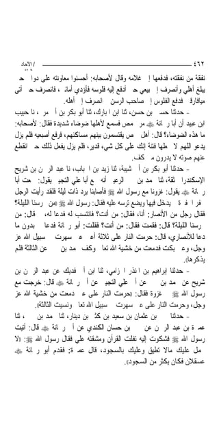 ‫/ اﻵﺣﺎد‬                                                              ‫٢٦٤‬
    ‫اﻟ ﺜﺎﻧ‬
‫ﻧﻔﻘﺔ ﻣﻦ ﻧﻔﻘﺘﻪ، ﻓﺪﻓﻌﻬﺎ ﺇﱃ ﻏﻼﻣﻪ ﻭﻗﺎﻝ ﻷﺻﺤﺎﺑﻪ: ﺃﺣﺴﻨﻮﺍ ﻣﻌﺎﻭﻧﺘﻪ ﻋﻠﻰ ﺩﻭﺍﰊ ﺣﱴ‬
‫ﻳﺒﻠﻎ ﺃﻫﻠﻲ ﻭﺃﻧﺼﺮﻑ ﺇﱃ ﺑﻴﻌﻲ ﺣﱴ ﺃﺩﻓﻊ ﺇﻟﻴﻪ ﻓﻠﻮﺳﻪ ﻓﺄﺅﺩﻱ ﺃﻣﺎﻧﱵ، ﻓﺎﻧﺼﺮﻑ ﺣﱴ ﺃﺗﻰ‬
                       ‫ﻣﻴﺎﻓﺎﺭﻗﲔ ﻓﺪﻓﻊ ﺍﻟﻔﻠﻮﺱ ﺇﱃ ﺻﺎﺣﺐ ﺍﻟﺮﺳﻦ ﰒ ﺍﻧﺼﺮﻑ ﺇﱃ ﺃﻫﻠﻪ.‬
‫- ﺣﺪﺛﻨﺎ ﺣﺴﲔ ﺑﻦ ﺣﺴﻦ، ﺛﻨﺎ ﺍﺑﻦ ﺍﳌﺒﺎﺭﻙ، ﺛﻨﺎ ﺃﺑﻮ ﺑﻜﺮ ﺑﻦ ﺃﰊ ﻣﺮﱘ، ﻧﺎ ﺣﺒﻴﺐ‬
‫ﺍﺑﻦ ﻋﺒﻴﺪ ﺃﻥ ﺃﺑﺎ ﺭﳛﺎﻧﺔ ‪ ‬ﻣﺮ ﲝﻤﺺ ﻓﺴﻤﻊ ﻷﻫﻠﻬﺎ ﺿﻮﺿﺎﺀ ﺷﺪﻳﺪﺓ ﻓﻘﺎﻝ: ﻷﺻﺤﺎﺑﻪ:‬
‫ﻣﺎ ﻫﺬﻩ ﺍﻟﻀﻮﺿﺎﺀ؟ ﻗﺎﻝ: ﺃﻫﻞ ﲪﺺ ﻳﻘﺘﺴﻤﻮﻥ ﺑﻴﻨﻬﻢ ﻣﺴﺎﻛﻨﻬﻢ، ﻓﺮﻓﻊ ﺃﺻﺒﻌﻴﻪ ﻓﻠﻢ ﻳﺰﻝ‬
‫ﻳﺪﻋﻮ ﺍﻟﻠﻬﻢ ﻻ ﲡﻌﻠﻬﺎ ﻓﺘﻨﺔ ﺇﻧﻚ ﻋﻠﻰ ﻛﻞ ﺷﻲﺀ ﻗﺪﻳﺮ، ﻓﻠﻢ ﻳﺰﻝ ﻳﻔﻌﻞ ﺫﻟﻚ ﺣﱴ ﺍﻧﻘﻄﻊ‬
                                                 ‫ﻋﻨﻬﻢ ﺻﻮﺗﻪ ﻻ ﻳﺪﺭﻭﻥ ﻣﱴ ﻛﻒ.‬
‫- ﺣﺪﺛﻨﺎ ﺃﺑﻮ ﺑﻜﺮ ﺑﻦ ﺃﰊ ﺷﻴﺒﺔ، ﺛﻨﺎ ﺯﻳﺪ ﺑﻦ ﺍﳊﺒﺎﺏ، ﻧﺎ ﻋﺒﺪ ﺍﻟﺮﲪﻦ ﺑﻦ ﺷﺮﻳﺢ‬
‫ﺍﻹﺳﻜﻨﺪﺭﺍﱐ ﺛﻘﺔ، ﺛﻨﺎ ﳏﻤﺪ ﺑﻦ ﴰﲑ ﺍﻟﺮﻋﻴﲏ ﺃﻧﻪ ﲰﻊ ﺃﺑﺎ ﻋﻠﻲ ﺍﻟﺘﺠﻴﱯ ﻳﻘﻮﻝ: ﲰﻌﺖ ﺃﺑﺎ‬
‫ﺭﳛﺎﻧﺔ ‪ ‬ﻳﻘﻮﻝ: ﻏﺰﻭﻧﺎ ﻣﻊ ﺭﺳﻮﻝ ﺍﷲ ‪ ‬ﻓﺄﺻﺎﺑﻨﺎ ﺑﺮﺩ ﺫﺍﺕ ﻟﻴﻠﺔ ﻓﻠﻘﺪ ﺭﺃﻳﺖ ﺍﻟﺮﺟﻞ‬
‫ﳛﻔﺮ ﺍﳊﻔﲑﺓ ﰒ ﻳﺪﺧﻞ ﻓﻴﻬﺎ ﻭﻳﻀﻊ ﺗﺮﺳﻪ ﻋﻠﻴﻪ ﻓﻘﺎﻝ: ﺭﺳﻮﻝ ﺍﷲ ‪)) ‬ﻣﻦ ﳛﺮﺳﻨﺎ ﺍﻟﻠﻴﻠﺔ؟‬
‫ﻓﻘﺎﻝ ﺭﺟﻞ ﻣﻦ ﺍﻷﻧﺼﺎﺭ: ﺃﻧﺎ، ﻓﻘﺎﻝ: ﻣﻦ ﺃﻧﺖ؟ ﻓﺎﻧﺘﺴﺐ ﻟﻪ ﻓﺪﻋﺎ ﻟﻪ، ﰒ ﻗﺎﻝ: ﻣﻦ‬
‫ﳛﺮﺳﻨﺎ ﺍﻟﻠﻴﻠﺔ؟ ﻗﺎﻝ: ﻓﻘﻤﺖ ﻓﻘﺎﻝ: ﻣﻦ ﺃﻧﺖ؟ ﻓﻘﻠﺖ: ﺃﺑﻮ ﺭﳛﺎﻧﺔ ﻓﺪﻋﺎ ﱄ ﺑﺪﻭﻥ ﻣﺎ‬
‫ﺩﻋﺎ ﻟﻸﻧﺼﺎﺭﻱ، ﻗﺎﻝ: ﺣﺮﻣﺖ ﺍﻟﻨﺎﺭ ﻋﻠﻰ ﺛﻼﺛﺔ ﺃﻋﲔ ﻋﲔ ﺳﻬﺮﺕ ﰲ ﺳﺒﻴﻞ ﺍﷲ ﻋﺰ‬
‫ﻭﺟﻞ، ﻭﻋﲔ ﺑﻜﺖ ﻓﺪﻣﻌﺖ ﻣﻦ ﺧﺸﻴﺔ ﺍﷲ ﺗﻌﺎﱃ ﻭﻛﻒ ﳏﻤﺪ ﺑﻦ ﴰﲑ ﻋﻦ ﺍﻟﺜﺎﻟﺜﺔ ﻓﻠﻢ‬
                                                                   ‫ﻳﺬﻛﺮﻫﺎ((.‬
‫- ﺣﺪﺛﻨﺎ ﺇﺑﺮﺍﻫﻴﻢ ﺑﻦ ﺍﳌﻨﺬﺭ ﺍﳊﺰﺍﻣﻲ، ﺛﻨﺎ ﺍﺑﻦ ﺃﰊ ﻓﺪﻳﻚ ﻋﻦ ﻋﺒﺪ ﺍﻟﺮﲪﻦ ﺑﻦ‬
‫ﺷﺮﻳﺢ ﻋﻦ ﳏﻤﺪ ﺑﻦ ﴰﲑ ﻋﻦ ﺃﰊ ﻋﻠﻲ ﺍﻟﺘﺠﻴﱯ ﻋﻦ ﺃﰊ ﺭﳛﺎﻧﺔ ‪ ‬ﻗﺎﻝ: ﺧﺮﺟﺖ ﻣﻊ‬
‫ﺭﺳﻮﻝ ﺍﷲ ‪ ‬ﰲ ﻏﺰﻭﺓ ﻓﻘﺎﻝ: ))ﺣﺮﻣﺖ ﺍﻟﻨﺎﺭ ﻋﻠﻰ ﻋﲔ ﺩﻣﻌﺖ ﻣﻦ ﺧﺸﻴﺔ ﺍﷲ ﻋﺰ‬
          ‫ﻭﺟﻞ، ﻭﺣﺮﻣﺖ ﺍﻟﻨﺎﺭ ﻋﻠﻰ ﻋﲔ ﺳﻬﺮﺕ ﰲ ﺳﺒﻴﻞ ﺍﷲ ﺗﻌﺎﱃ ﻭﻧﺴﻴﺖ ﺍﻟﺜﺎﻟﺜﺔ((.‬
‫- ﺣﺪﺛﻨﺎ ﳛﲕ ﺑﻦ ﻋﺜﻤﺎﻥ ﺑﻦ ﺳﻌﻴﺪ ﺑﻦ ﻛﺜﲑ ﺑﻦ ﺩﻳﻨﺎﺭ، ﺛﻨﺎ ﳏﻤﺪ ﺑﻦ ﲪﲑ، ﺛﻨﺎ‬
‫ﻋﻤﲑﺓ ﺑﻦ ﻋﺒﺪ ﺍﻟﺮﲪﻦ ﻋﻦ ﳛﲕ ﺑﻦ ﺣﺴﺎﻥ ﺍﻟﻜﻨﺪﻱ ﻋﻦ ﺃﰊ ﺭﳛﺎﻧﺔ ‪ ‬ﻗﺎﻝ: ﺃﺗﻴﺖ‬
‫ﺭﺳﻮﻝ ﺍﷲ ‪ ‬ﻓﺸﻜﻮﺕ ﺇﻟﻴﻪ ﺗﻔﻠﺖ ﺍﻟﻘﺮﺁﻥ ﻭﻣﺸﻘﺘﻪ ﻋﻠﻲ ﻓﻘﺎﻝ ﺭﺳﻮﻝ ﺍﷲ ‪)) :‬ﻻ‬
‫ﲢﻤﻞ ﻋﻠﻴﻚ ﻣﺎﻻ ﺗﻄﻴﻖ ﻭﻋﻠﻴﻚ ﺑﺎﻟﺴﺠﻮﺩ، ﻗﺎﻝ ﻋﻤﲑﺓ: ﻓﻘﺪﻡ ﺃﺑﻮ ﺭﳛﺎﻧﺔ ‪‬‬
                                             ‫ﻋﺴﻘﻼﻥ ﻓﻜﺎﻥ ﻳﻜﺜﺮ ﻣﻦ ﺍﻟﺴﺠﻮﺩ((.‬
 