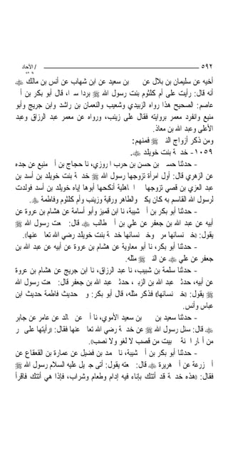 ‫/ اﻵﺣﺎد‬                                                             ‫٢٩٥‬
    ‫اﻟ ﺜﺎﻧ‬
‫ﺃﺧﻴﻪ ﻋﻦ ﺳﻠﻴﻤﺎﻥ ﺑﻦ ﺑﻼﻝ ﻋﻦ ﳛﲕ ﺑﻦ ﺳﻌﻴﺪ ﻋﻦ ﺍﺑﻦ ﺷﻬﺎﺏ ﻋﻦ ﺃﻧﺲ ﺑﻦ ﻣﺎﻟﻚ ‪‬‬
‫ﺃﻧﻪ ﻗﺎﻝ: ﺭﺃﻳﺖ ﻋﻠﻰ ﺃﻡ ﻛﻠﺜﻮﻡ ﺑﻨﺖ ﺭﺳﻮﻝ ﺍﷲ ‪ ‬ﺑﺮﺩ‪‬ﺍ ﺳﲑ‪‬ﺍ، ﻗﺎﻝ ﺃﺑﻮ ﺑﻜﺮ ﺑﻦ ﺃﰊ‬
‫ﻋﺎﺻﻢ: ﺍﻟﺼﺤﻴﺢ ﻫﺬﺍ ﺭﻭﺍﻩ ﺍﻟﺰﺑﻴﺪﻱ ﻭﺷﻌﻴﺐ ﻭﺍﻟﻨﻌﻤﺎﻥ ﺑﻦ ﺭﺍﺷﺪ ﻭﺍﺑﻦ ﺟﺮﻳﺞ ﻭﺃﺑﻮ‬
‫ﻣﻨﻴﻊ ﻭﺍﻧﻔﺮﺩ ﻣﻌﻤﺮ ﺑﺮﻭﺍﻳﺘﻪ ﻓﻘﺎﻝ ﻋﻠﻰ ﺯﻳﻨﺐ، ﻭﺭﻭﺍﻩ ﻋﻦ ﻣﻌﻤﺮ ﻋﺒﺪ ﺍﻟﺮﺯﺍﻕ ﻭﻋﺒﺪ‬
                                                    ‫ﺍﻷﻋﻠﻰ ﻭﻋﺒﺪ ﺍﷲ ﺑﻦ ﻣﻌﺎﺫ.‬
                                             ‫ﻭﻣﻦ ﺫﻛﺮ ﺃﺯﻭﺍﺝ ﺍﻟﻨﱯ ‪ ‬ﻓﻤﻨﻬﻢ:‬
                                            ‫٩٥٠١- ﺧﺪﳚﺔ ﺑﻨﺖ ﺧﻮﻳﻠﺪ ‪.‬‬
‫- ﺣﺪﺛﻨﺎ ﺣﺴﲔ ﺑﻦ ﺣﺴﻦ ﺑﻦ ﺣﺮﺏ ﺍﳌﺮﻭﺯﻱ، ﻧﺎ ﺣﺠﺎﺝ ﺑﻦ ﺃﰊ ﻣﻨﻴﻊ ﻋﻦ ﺟﺪﻩ‬
‫ﻋﻦ ﺍﻟﺰﻫﺮﻱ ﻗﺎﻝ: ﺃﻭﻝ ﺍﻣﺮﺃﺓ ﺗﺰﻭﺟﻬﺎ ﺭﺳﻮﻝ ﺍﷲ ‪ ‬ﺧﺪﳚﺔ ﺑﻨﺖ ﺧﻮﻳﻠﺪ ﺑﻦ ﺃﺳﺪ ﺑﻦ‬
‫ﻋﺒﺪ ﺍﻟﻌﺰﻱ ﺑﻦ ﻗﺼﻲ ﺗﺰﻭﺟﻬﺎ ﰲ ﺍﳉﺎﻫﻠﻴﺔ ﺃﻧﻜﺤﻬﺎ ﺃﺑﻮﻫﺎ ﺇﻳﺎﻩ ﺧﻮﻳﻠﺪ ﺑﻦ ﺃﺳﺪ ﻓﻮﻟﺪﺕ‬
       ‫ﻟﺮﺳﻮﻝ ﺍﷲ ﺍﻟﻘﺎﺳﻢ ﺑﻪ ﻛﺎﻥ ﻳﻜﲎ ﻭﺍﻟﻄﺎﻫﺮ ﻭﺭﻗﻴﺔ ﻭﺯﻳﻨﺐ ﻭﺃﻡ ﻛﻠﺜﻮﻡ ﻭﻓﺎﻃﻤﺔ ‪.‬‬
‫- ﺣﺪﺛﻨﺎ ﺃﺑﻮ ﺑﻜﺮ ﺑﻦ ﺃﰊ ﺷﻴﺒﺔ، ﻧﺎ ﺍﺑﻦ ﻗﻤﻴﺰ ﻭﺃﺑﻮ ﺃﺳﺎﻣﺔ ﻋﻦ ﻫﺸﺎﻡ ﺑﻦ ﻋﺮﻭﺓ ﻋﻦ‬
‫ﺃﺑﻴﻪ ﻋﻦ ﻋﺒﺪ ﺍﷲ ﺑﻦ ﺟﻌﻔﺮ ﻋﻦ ﻋﻠﻲ ﺑﻦ ﺃﰊ ﻃﺎﻟﺐ ‪ ‬ﻗﺎﻝ: ﲰﻌﺖ ﺭﺳﻮﻝ ﺍﷲ ‪‬‬
   ‫ﻳﻘﻮﻝ: ))ﺧﲑ ﻧﺴﺎﺋﻬﺎ ﻣﺮﱘ ﻭﺧﲑ ﻧﺴﺎﺋﻬﺎ ﺧﺪﳚﺔ ﺑﻨﺖ ﺧﻮﻳﻠﺪ ﺭﺿﻲ ﺍﷲ ﺗﻌﺎﱃ ﻋﻨﻬﺎ((.‬
‫- ﺣﺪﺛﻨﺎ ﺃﺑﻮ ﺑﻜﺮ، ﻧﺎ ﺃﺑﻮ ﻣﻌﺎﻭﻳﺔ ﻋﻦ ﻫﺸﺎﻡ ﺑﻦ ﻋﺮﻭﺓ ﻋﻦ ﺃﺑﻴﻪ ﻋﻦ ﻋﺒﺪ ﺍﷲ ﺑﻦ‬
                                         ‫ﺟﻌﻔﺮ ﻋﻦ ﻋﻠﻲ ‪ ‬ﻋﻦ ﺍﻟﻨﱯ ‪ ‬ﻣﺜﻠﻪ.‬
‫- ﺣﺪﺛﻨﺎ ﺳﻠﻤﺔ ﺑﻦ ﺷﺒﻴﺐ، ﻧﺎ ﻋﺒﺪ ﺍﻟﺮﺯﺍﻕ، ﻧﺎ ﺍﺑﻦ ﺟﺮﻳﺞ ﻋﻦ ﻫﺸﺎﻡ ﺑﻦ ﻋﺮﻭﺓ‬
‫ﻋﻦ ﺃﺑﻴﻪ، ﺣﺪﺛﲏ ﻋﺒﺪ ﺍﷲ ﺑﻦ ﺍﻟﺰﺑﲑ، ﺣﺪﺛﲏ ﻋﺒﺪ ﺍﷲ ﺑﻦ ﺟﻌﻔﺮ ﻗﺎﻝ: ﲰﻌﺖ ﺭﺳﻮﻝ ﺍﷲ‬
‫‪ ‬ﻳﻘﻮﻝ: ))ﺧﲑ ﻧﺴﺎﺋﻬﺎ(( ﻓﺬﻛﺮ ﻣﺜﻠﻪ، ﻗﺎﻝ ﺃﺑﻮ ﺑﻜﺮ: ﻭﰲ ﺣﺪﻳﺚ ﻓﺎﻃﻤﺔ ﺣﺪﻳﺚ ﺍﺑﻦ‬
                                                                 ‫ﻋﺒﺎﺱ ﻭﺃﻧﺲ.‬
‫- ﺣﺪﺛﻨﺎ ﺳﻌﻴﺪ ﺑﻦ ﳛﲕ ﺑﻦ ﺳﻌﻴﺪ ﺍﻷﻣﻮﻱ، ﻧﺎ ﺃﰊ ﻋﻦ ﳎﺎﻟﺪ ﻋﻦ ﻋﺎﻣﺮ ﻋﻦ ﺟﺎﺑﺮ‬
‫‪ ‬ﻗﺎﻝ: ﺳﺌﻞ ﺭﺳﻮﻝ ﺍﷲ ‪ ‬ﻋﻦ ﺧﺪﳚﺔ ﺭﺿﻲ ﺍﷲ ﺗﻌﺎﱃ ﻋﻨﻬﺎ ﻓﻘﺎﻝ: ))ﺭﺃﻳﺘﻬﺎ ﻋﻠﻰ ‪‬ﺮ‬
                             ‫ﻣﻦ ﺃ‪‬ﺎﺭ ﺍﳉﻨﺔ ﰲ ﺑﻴﺖ ﻣﻦ ﻗﺼﺐ ﻻ ﻟﻐﻮ ﻭﻻ ﻧﺼﺐ((.‬
‫- ﺣﺪﺛﻨﺎ ﺃﺑﻮ ﺑﻜﺮ ﺑﻦ ﺃﰊ ﺷﻴﺒﺔ، ﻧﺎ ﳏﻤﺪ ﺑﻦ ﻓﻀﻴﻞ ﻋﻦ ﻋﻤﺎﺭﺓ ﺑﻦ ﺍﻟﻘﻌﻘﺎﻉ ﻋﻦ‬
‫ﺃﰊ ﺯﺭﻋﺔ ﻋﻦ ﺃﰊ ﻫﺮﻳﺮﺓ ‪ ‬ﻗﺎﻝ: ﲰﻌﺘﻪ ﻳﻘﻮﻝ: ﺃﺗﻰ ﺟﱪﻳﻞ ﻋﻠﻴﻪ ﺍﻟﺴﻼﻡ ﺭﺳﻮﻝ ﺍﷲ ‪‬‬
‫ﻓﻘﺎﻝ: ))ﻫﺬﻩ ﺧﺪﳚﺔ ﻗﺪ ﺃﺗﺘﻚ ﺑﺈﻧﺎﺀ ﻓﻴﻪ ﺇﺩﺍﻡ ﻭﻃﻌﺎﻡ ﻭﺷﺮﺍﺏ، ﻓﺈﺫﺍ ﻫﻲ ﺃﺗﺘﻚ ﻓﺎﻗﺮﺃ‬
 