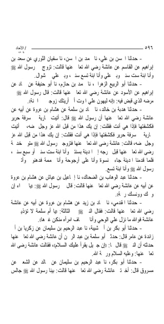 ‫/ اﻵﺣﺎد‬                                                           ‫٦٩٥‬
    ‫اﻟ ﺜﺎﻧ‬
‫- ﺣﺪﺛﻨﺎ ﺍﳊﺴﻦ ﺑﻦ ﻋﻠﻲ، ﻧﺎ ﳏﻤﺪ ﺑﻦ ﺍﳊﺴﻦ، ﻧﺎ ﺳﻔﻴﺎﻥ ﺍﻟﺜﻮﺭﻱ ﻋﻦ ﺳﻌﺪ ﺑﻦ‬
‫ﺇﺑﺮﺍﻫﻴﻢ ﻋﻦ ﺍﻟﻘﺎﺳﻢ ﻋﻦ ﻋﺎﺋﺸﺔ ﺭﺿﻲ ﺍﷲ ﺗﻌﺎﱃ ﻋﻨﻬﺎ ﻗﺎﻟﺖ: ﺗﺰﻭﺝ ﰊ ﺭﺳﻮﻝ ﺍﷲ ‪‬‬
             ‫ﻭﺃﻧﺎ ﺍﺑﻨﺔ ﺳﺖ ﺳﻨﲔ ﻭﺑﲎ ﻋﻠﻲ ﻭﺃﻧﺎ ﺍﺑﻨﺔ ﺗﺴﻊ ﺳﻨﲔ، ﻭﺑﲎ ﻋﻠﻲ ﰲ ﺷﻮﺍﻝ.‬
‫- ﺣﺪﺛﻨﺎ ﺃﺑﻮ ﺍﻟﺮﺑﻴﻊ ﺍﻟﺰﻫﺮﺍﱐ، ﻧﺎ ﳏﻤﺪ ﺑﻦ ﺣﺎﺯﻡ، ﻧﺎ ﺃﺑﻮ ﺣﻨﻴﻔﺔ ﻋﻦ ﲪﺎﺩ ﻋﻦ‬
‫ﺇﺑﺮﺍﻫﻴﻢ ﻋﻦ ﺍﻷﺳﻮﺩ ﻋﻦ ﻋﺎﺋﺸﺔ ﺭﺿﻲ ﺍﷲ ﺗﻌﺎﱃ ﻋﻨﻬﺎ ﻗﺎﻟﺖ: ﻗﺎﻝ ﺭﺳﻮﻝ ﺍﷲ ‪ ‬ﰲ‬
        ‫ﻣﺮﺿﻪ ﺍﻟﺬﻱ ﻗﺒﺾ ﻓﻴﻪ: ))ﺇﻧﻪ ﻟﻴﻬﻮﻥ ﻋﻠﻲ ﺍﳌﻮﺕ ﺃﱐ ﺃﺭﻳﺘﻚ ﺯﻭﺟﱵ ﰲ ﺍﳉﻨﺔ((.‬
‫- ﺣﺪﺛﻨﺎ ﻫﺪﺑﺔ ﺑﻦ ﺧﺎﻟﺪ، ﻧﺎ ﲪﺎﺩ ﺑﻦ ﺳﻠﻤﺔ ﻋﻦ ﻫﺸﺎﻡ ﺑﻦ ﻋﺮﻭﺓ ﻋﻦ ﺃﺑﻴﻪ ﻋﻦ‬
‫ﻋﺎﺋﺸﺔ ﺭﺿﻲ ﺍﷲ ﺗﻌﺎﱃ ﻋﻨﻬﺎ ﺃﻥ ﺭﺳﻮﻝ ﺍﷲ ‪ ‬ﻗﺎﻝ: ﺃﺗﻴﺖ ﲜﺎﺭﻳﺔ ﰲ ﺳﺮﻓﺔ ﺣﺮﻳﺮ‬
‫ﻓﻜﺸﻔﺘﻬﺎ ﻓﺈﺫﺍ ﻫﻲ ﺃﻧﺖ ﻓﻘﻠﺖ: ﺇﻥ ﻳﻚ ﻫﺬﺍ ﻣﻦ ﻗﺒﻞ ﺍﷲ ﻋﺰ ﻭﺟﻞ ﳝﻀﻪ، ﰒ ﺃﺗﻴﺖ‬
‫ﲜﺎﺭﻳﺔ ﰲ ﺳﺮﻓﺔ ﺣﺮﻳﺮ ﻓﻜﺸﻔﺘﻬﺎ ﻓﺈﺫﺍ ﻫﻲ ﺃﻧﺖ ﻓﻘﻠﺖ: ﺇﻥ ﻳﻚ ﻫﺬﺍ ﻣﻦ ﻗﺒﻞ ﺍﷲ ﻋﺰ‬
‫ﻭﺟﻞ ﳝﻀﻪ، ﻗﺎﻟﺖ: ﻋﺎﺋﺸﺔ ﺭﺿﻰ ﺍﷲ ﺗﻌﺎﱃ ﻋﻨﻬﺎ ﻓﺘﺰﻭﺟﲏ ﺭﺳﻮﻝ ﺍﷲ ‪ ‬ﻣﺘﻮﰱ ﺧﺪﳚﺔ‬
‫ﺭﺿﻰ ﺍﷲ ﺗﻌﺎﱃ ﻋﻨﻬﺎ ﻗﺒﻞ ﳐﺮﺟﻪ ﺇﱃ ﺍﳌﺪﻳﻨﺔ ﺑﺴﻨﺘﲔ ﻭﺃﻧﺎ ﺍﺑﻨﺔ ﺳﺖ ﺳﻨﲔ ﺃﻭ ﺳﺒﻊ ﺳﻨﲔ،‬
‫ﻓﻠﻤﺎ ﻗﺪﻣﻨﺎ ﺍﳌﺪﻳﻨﺔ ﺟﺎﺀﱐ ﻧﺴﻮﺓ ﻭﺃﻧﺎ ﻋﻠﻰ ﺃﺭﺟﻮﺣﺔ ﻭﺃﻧﺎ ﳎﻤﻤﺔ ﻓﺪﻫﻨﻮﱐ ﻭﺃﺗﲔ ﰊ‬
                                                ‫ﺭﺳﻮﻝ ﺍﷲ ‪ ‬ﻭﺃﻧﺎ ﺍﺑﻨﺔ ﺗﺴﻊ.‬
‫- ﺣﺪﺛﻨﺎ ﻋﺒﺪ ﺍﻟﻮﻫﺎﺏ ﺑﻦ ﺍﻟﻀﺤﺎﻙ، ﻧﺎ ﺇﲰﺎﻋﻴﻞ ﺑﻦ ﻋﻴﺎﺵ ﻋﻦ ﻫﺸﺎﻡ ﺑﻦ ﻋﺮﻭﺓ‬
‫ﻋﻦ ﺃﺑﻴﻪ ﻋﻦ ﻋﺎﺋﺸﺔ ﺭﺿﻲ ﺍﷲ ﺗﻌﺎﱃ ﻋﻨﻬﺎ ﻗﺎﻟﺖ: ﻗﺎﻝ ﱄ ﺭﺳﻮﻝ ﺍﷲ ‪)) :‬ﻳﺎ ﲪﲑﺍﺀ ﺇﻥ‬
                                                     ‫ﻭﳛﻚ ﻭﻭﻧﺴﻚ ﺭﲪﺔ((.‬
‫- ﺣﺪﺛﻨﺎ ﺍﳌﻘﺪﻣﻲ، ﻧﺎ ﲪﺎﺩ ﺑﻦ ﺯﻳﺪ ﻋﻦ ﻫﺸﺎﻡ ﺑﻦ ﻋﺮﻭﺓ ﻋﻦ ﺃﺑﻴﻪ ﻋﻦ ﻋﺎﺋﺸﺔ‬
‫ﺭﺿﻲ ﺍﷲ ﺗﻌﺎﱃ ﻋﻨﻬﺎ ﻗﺎﻟﺖ: ﻓﻘﺎﻝ ﺍﻟﻨﱯ ‪ ‬ﰲ ﺍﻟﺜﺎﻟﺜﺔ: ))ﻳﺎ ﺃﻡ ﺳﻠﻤﺔ ﻻ ﺗﺆﺫﻳﲏ ﰲ‬
               ‫ﻋﺎﺋﺸﺔ ﻓﻮﺍﷲ ﻣﺎ ﻧﺰﻝ ﻋﻠﻲ ﺍﻟﻮﺣﻲ ﻭﺃﻧﺎ ﰲ ﳊﺎﻑ ﺍﻣﺮﺃﻩ ﻣﻨﻜﻦ ﻏﲑﻫﺎ((.‬
‫- ﺣﺪﺛﻨﺎ ﺃﺑﻮ ﺑﻜﺮ ﺑﻦ ﺃﰊ ﺷﻴﺒﺔ، ﻧﺎ ﻋﺒﺪ ﺍﻟﺮﺣﻴﻢ ﺑﻦ ﺳﻠﻴﻤﺎﻥ ﻋﻦ ﺯﻛﺮﻳﺎ ﺑﻦ ﺃﰊ‬
‫ﺯﺍﺋﺪﺓ ﻋﻦ ﻋﺎﻣﺮ ﻗﺎﻝ: ﺣﺪﺛﲏ ﺃﺑﻮ ﺳﻠﻤﺔ ﺑﻦ ﻋﺒﺪ ﺍﻟﺮﲪﻦ ﺃﻥ ﻋﺎﺋﺸﺔ ﺭﺿﻲ ﺍﷲ ﺗﻌﺎﱃ ﻋﻨﻬﺎ‬
‫ﺣﺪﺛﺘﻪ ﺃﻥ ﺍﻟﻨﱯ ‪ ‬ﻗﺎﻝ ﳍﺎ: ))ﺇﻥ ﺟﱪﻳﻞ ﻳﻘﺮﺃ ﻋﻠﻴﻚ ﺍﻟﺴﻼﻡ((، ﻓﻘﺎﻟﺖ ﻋﺎﺋﺸﺔ ﺭﺿﻰ ﺍﷲ‬
                                          ‫ﺗﻌﺎﱃ ﻋﻨﻬﺎ: ﻭﻋﻠﻴﻪ ﺍﻟﺴﻼﻡ ﻭﺭﲪﺔ ﺍﷲ.‬
‫- ﺣﺪﺛﻨﺎ ﺃﺑﻮ ﺑﻜﺮ، ﻧﺎ ﻋﺒﺪ ﺍﻟﺮﺣﻴﻢ ﺑﻦ ﺳﻠﻴﻤﺎﻥ ﻋﻦ ﳎﺎﻟﺪ ﻋﻦ ﺍﻟﺸﻌﱯ ﻋﻦ‬
‫ﻣﺴﺮﻭﻕ ﻗﺎﻝ: ﺃﺧﱪﺗﲏ ﻋﺎﺋﺸﺔ ﺭﺿﻲ ﺍﷲ ﺗﻌﺎﱃ ﻋﻨﻬﺎ ﻗﺎﻟﺖ: ﺑﻴﻨﺎ ﺭﺳﻮﻝ ﺍﷲ ‪ ‬ﺟﺎﻟﺲ‬
 