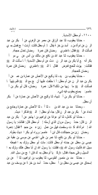 ‫/ اﻵﺣﺎد‬                                                               ‫٦٣٦‬
    ‫اﻟ ﺜﺎﻧ‬
                                                   ‫٠٠١١- ﺃﻡ ﻣﻌﻘﻞ ﺍﻷﺳﺪﻳﺔ.‬
‫- ﺣﺪﺛﻨﺎ ﻳﻌﻘﻮﺏ، ﺛﻨﺎ ﻋﺒﺪ ﺍﻟﺮﺯﺍﻕ ﻋﻦ ﻣﻌﻤﺮ ﻋﻦ ﺍﻟﺰﻫﺮﻱ ﻋﻦ ﺃﰊ ﺑﻜﺮ ﺑﻦ ﻋﺒﺪ‬
‫ﺍﻟﺮﲪﻦ ﻋﻦ ﺍﻣﺮﺃﺓ ﻣﻦ ﺑﲏ ﺃﺳﺪ ﺑﻦ ﺧﺰﳝﺔ ﻳﻘﺎﻝ ﳍﺎ: ﺃﻡ ﻣﻌﻘﻞ ﻗﺎﻟﺖ: ﺃﺭﺩﺕ ﺍﳊﺞ ﻓﻀﻞ ﺑﻌﲑﻱ‬
       ‫ﻓﺴﺄﻟﺖ ﺍﻟﻨﱯ ‪ ‬ﻓﻘﺎﻝ: ))ﺍﻋﺘﻤﺮﻱ ﰲ ﺭﻣﻀﺎﻥ ﻓﺈﻥ ﻋﻤﺮﺓ ﰲ ﺭﻣﻀﺎﻥ ﺗﻌﺪﻝ ﺣﺠﺔ((.‬
‫- ﺣﺪﺛﻨﺎ ﻳﻌﻘﻮﺏ، ﺛﻨﺎ ﻋﺒﺪ ﺍﷲ ﺑﻦ ﻧﺎﻓﻊ ﻋﻦ ﻣﺎﻟﻚ ﺑﻦ ﺃﻧﺲ ﻋﻦ ﲰﻲ ﻣﻮﱃ ﺃﰊ‬
‫ﺑﻜﺮ ﺃﻧﻪ ﲰﻊ ﺃﺑﺎ ﺑﻜﺮ ﺑﻦ ﻋﺒﺪ ﺍﻟﺮﲪﻦ ﳛﺪﺙ ﻋﻦ ﺃﻡ ﻣﻌﻘﻞ ﺍﻷﺳﺪﻳﺔ: ﺃ‪‬ﺎ ﺳﺄﻟﺖ ﺍﻟﻨﱯ ‪‬‬
‫ﻓﻘﺎﻟﺖ: ﲡﻬﺰﺕ ﻟﻠﺤﺞ ﻓﻌﺮﺽ ﱄ ﻓﻘﺎﻝ ﳍﺎ ﺍﻟﻨﱯ ‪)) :‬ﺍﻋﺘﻤﺮﻱ ﰲ ﺭﻣﻀﺎﻥ ﻓﺈﻥ ﻋﻤﺮﺓ‬
                                                            ‫ﰲ ﺭﻣﻀﺎﻥ ﻛﺤﺠﺔ((.‬
‫- ﺣﺪﺛﻨﺎ ﻳﻌﻘﻮﺏ ﺑﻦ ﲪﻴﺪ، ﺛﻨﺎ ﻭﻛﻴﻊ ﻋﻦ ﺍﻷﻋﻤﺶ ﻋﻦ ﻋﻤﺎﺭﺓ ﺑﻦ ﻋﻤﲑ ﻋﻦ ﺃﰊ‬
‫ﺑﻜﺮ ﺑﻦ ﻋﺒﺪ ﺍﻟﺮﲪﻦ ﻋﻦ ﺃﻡ ﻣﻌﻘﻞ: ﺃ‪‬ﺎ ﺣﻠﻔﺖ ﻋﻠﻴﻬﺎ ﺃﻥ ﲢﺞ ﻣﻊ ﺍﻟﻨﱯ ‪ ‬ﻓﻠﻢ ﻳﺘﻬﻴﺄ ﳍﺎ‬
‫ﻓﺴﺄﻟﺖ ﺍﻟﻨﱯ ‪ ‬ﻣﺎ ﳚﺰﻳﻬﺎ ﻣﻦ ﺫﻟﻚ؟ ﻗﺎﻝ: ﻋﻤﺮﺓ ﰲ ﺭﻣﻀﺎﻥ، ﻗﺎﻝ ﺃﺑﻮ ﺑﻜﺮ ﺑﻦ ﺃﰊ‬
                                               ‫ﻋﺎﺻﻢ: ﱂ ﻳﺼﻨﻊ ﻳﻌﻘﻮﺏ ﻓﻴﻪ ﺷﻲﺀ.‬
‫- ﺣﺪﺛﻨﺎ ﺃﺑﻮ ﺑﻜﺮ ﺑﻦ ﺃﰊ ﺷﻴﺒﺔ، ﺛﻨﺎ ﻭﻛﻴﻊ ﻋﻦ ﺍﻷﻋﻤﺶ ﻋﻦ ﻋﻤﺎﺭﺓ ﻋﻦ ﺃﰊ ﺑﻜﺮ‬
                                                                     ‫ﺃﻥ ﻣﻌﻘﻞ.‬
‫- ﻭﺣﺪﺛﻨﺎ ﳏﻤﺪ ﺑﻦ ﻋﺒﺪ ﺍﷲ ﺑﻦ ﳕﲑ، ﺛﻨﺎ ﺃﰊ، ﺛﻨﺎ ﺍﻷﻋﻤﺶ ﻋﻦ ﻋﻤﺎﺭﺓ ﻭﺟﺎﻣﻊ ﺑﻦ‬
          ‫ﺷﺪﺍﺩ ﻋﻦ ﺃﰊ ﺑﻜﺮ ﺑﻦ ﻋﺒﺪ ﺍﻟﺮﲪﻦ ﻗﺎﻝ: ﺟﺎﺀ ﺃﺑﻮ ﻣﻌﻘﻞ ﺇﱃ ﺍﻟﻨﱯ ‪ ‬ﻓﺬﻛﺮ ﺍﳊﺪﻳﺚ.‬
‫- ﺣﺪﺛﻨﺎ ﺃﺑﻮ ﻛﺎﻣﻞ، ﺛﻨﺎ ﺃﺑﻮ ﻋﻮﺍﻧﺔ ﻋﻦ ﺇﺑﺮﺍﻫﻴﻢ ﺑﻦ ﺍﳌﻬﺎﺟﺮ ﻋﻦ ﺃﰊ ﺑﻜﺮ ﺑﻦ ﻋﺒﺪ‬
‫ﺍﻟﺮﲪﻦ ﻗﺎﻝ: ﺣﺪﺛﲏ ﺭﺳﻮﻝ ﻣﺮﻭﺍﻥ ﺍﻟﺬﻱ ﺃﺭﺳﻠﻪ ﺇﱃ ﺃﻡ ﻣﻌﻘﻞ ﻗﺎﻝ: ﻓﻘﺎﻟﺖ: ﻳﺎ ﺭﺳﻮﻝ‬
‫ﺍﷲ ﺇﱐ ﺍﻣﺮﺃﺓ ﻗﺪ ﻛﱪﺕ ﻭﺳﻘﻤﺖ ﻓﻬﻞ ﻣﻦ ﻋﻤﻞ ﳚﺰﺉ ﻋﲏ ﻣﻦ ﺣﺠﱵ؟ ﻓﻘﺎﻝ: ))ﻋﻤﺮﺓ‬
   ‫ﰲ ﺭﻣﻀﺎﻥ ﲡﺰﺉ ﻣﻦ ﺣﺠﺘﻚ((، ﻗﺎﻝ ﺍﺑﻦ ﺃﰊ ﻋﺎﺻﻢ: ﻭﺭﻭﺍﻩ ﺃﺑﻮ ﺑﻜﺮ ﺍﳊﺪﻳﺚ ﺑﻄﻮﻟﻪ.‬
‫- ﺣﺪﺛﻨﺎ ﺃﺑﻮ ﺑﻜﺮ ﺑﻦ ﻧﺎﻓﻊ، ﺛﻨﺎ ﻋﻤﺮ ﺑﻦ ﻋﻠﻲ ﺍﳌﻘﺪﻣﻲ ﻋﻦ ﻣﻮﺳﻰ ﺑﻦ ﻋﻘﺒﺔ ﻋﻦ‬
‫ﻋﻴﺴﻰ ﺑﻦ ﻣﻌﻘﻞ ﻋﻦ ﺟﺪﺗﻪ ﺃﻡ ﻣﻌﻘﻞ ﻗﺎﻟﺖ: ﻣﺎﺕ ﺃﺑﻮ ﻣﻌﻘﻞ ﻭﺗﺮﻙ ﺑﻌﲑ‪‬ﺍ ﻓﺠﻌﻠﻪ ﰲ‬
‫ﺳﺒﻴﻞ ﺍﷲ ﻓﺄﺗﻴﺖ ﺭﺳﻮﻝ ﺍﷲ ‪ ،‬ﻓﻘﻠﺖ: ﻳﺎ ﺭﺳﻮﻝ ﺍﷲ ﺇﻥ ﺃﺑﺎ ﻣﻌﻘﻞ ﻫﻠﻚ ﻭﺗﺮﻙ ﺑﻌﲑ‪‬ﺍ‬
    ‫ﰲ ﺍﻟﺴﺒﻴﻞ ﻭﻋﻠﻲ ﺣﺠﺔ، ﻓﻘﺎﻝ: ))ﺍﺭﻛﱯ ﻳﺎ ﺃﻡ ﻣﻌﻘﻞ ﺑﻌﲑﻙ ﻓﺈﻥ ﺍﳊﺞ ﻣﻦ ﺳﺒﻞ ﺍﷲ((.‬
‫- ﺣﺪﺛﻨﺎ ﳏﻤﺪ ﺑﻦ ﻣﻨﺼﻮﺭ ﺍﻟﻄﻮﺳﻲ، ﺛﻨﺎ ﻳﻌﻘﻮﺏ ﺑﻦ ﺇﺑﺮﺍﻫﻴﻢ، ﺛﻨﺎ ﺃﰊ ﻋﻦ ﺑﻦ‬
‫ﺇﺳﺤﺎﻕ ﻋﻦ ﻋﻴﺴﻰ ﺑﻦ ﻣﻌﻘﻞ ﺑﻦ ﺃﰊ ﻣﻌﻘﻞ، ﺣﺪﺛﲏ ﺃﺳﺪ ﺑﻦ ﺧﺰﳝﺔ ﻋﻦ ﻳﻮﺳﻒ ﺑﻦ ﻋﺒﺪ‬
 