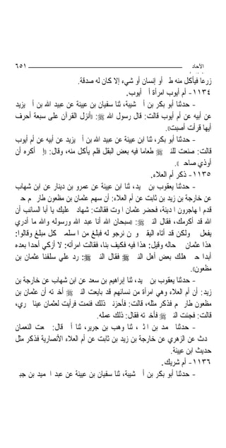 ‫١٥٦‬                                                                   ‫اﻵﺣﺎد‬
                                                                     ‫اﻟ ﺜﺎ /‬
                        ‫ﺯﺭﻋ‪‬ﺎ ﻓﻴﺄﻛﻞ ﻣﻨﻪ ﻃﲑ ﺃﻭ ﺇﻧﺴﺎﻥ ﺃﻭ ﺷﻲﺀ ﺇﻻ ﻛﺎﻥ ﻟﻪ ﺻﺪﻗﺔ.‬
                                          ‫٤٣١١- ﺃﻡ ﺃﻳﻮﺏ ﺍﻣﺮﺃﺓ ﺃﰊ ﺃﻳﻮﺏ.‬
‫- ﺣﺪﺛﻨﺎ ﺃﺑﻮ ﺑﻜﺮ ﺑﻦ ﺃﰊ ﺷﻴﺒﺔ، ﺛﻨﺎ ﺳﻔﻴﺎﻥ ﺑﻦ ﻋﻴﻴﻨﺔ ﻋﻦ ﻋﺒﻴﺪ ﺍﷲ ﺑﻦ ﺃﰊ ﻳﺰﻳﺪ‬
‫ﻋﻦ ﺃﺑﻴﻪ ﻋﻦ ﺃﻡ ﺃﻳﻮﺏ ﻗﺎﻟﺖ: ﻗﺎﻝ ﺭﺳﻮﻝ ﺍﷲ ‪)) :‬ﺃﻧﺰﻝ ﺍﻟﻘﺮﺁﻥ ﻋﻠﻰ ﺳﺒﻌﺔ ﺃﺣﺮﻑ‬
                                                           ‫ﺃﻳﻬﺎ ﻗﺮﺃﺕ ﺃﺻﺒﺖ((.‬
‫- ﺣﺪﺛﻨﺎ ﺃﺑﻮ ﺑﻜﺮ، ﺛﻨﺎ ﺍﺑﻦ ﻋﻴﻴﻨﺔ ﻋﻦ ﻋﺒﻴﺪ ﺍﷲ ﺑﻦ ﺃﰊ ﻳﺰﻳﺪ ﻋﻦ ﺃﺑﻴﻪ ﻋﻦ ﺃﻡ ﺃﻳﻮﺏ‬
‫ﻗﺎﻟﺖ: ﺻﻨﻌﺖ ﻟﻠﻨﱯ ‪ ‬ﻃﻌﺎﻣ‪‬ﺎ ﻓﻴﻪ ﺑﻌﺾ ﺍﻟﺒﻘﻞ ﻓﻠﻢ ﻳﺄﻛﻞ ﻣﻨﻪ، ﻭﻗﺎﻝ: ))ﺇﱐ ﺃﻛﺮﻩ ﺃﻥ‬
                                                                ‫ﺃﻭﺫﻱ ﺻﺎﺣﱯ((.‬
                                                     ‫٥٣١١- ﺫﻛﺮ ﺃﻡ ﺍﻟﻌﻼﺀ.‬
‫- ﺣﺪﺛﻨﺎ ﻳﻌﻘﻮﺏ ﺑﻦ ﲪﻴﺪ، ﺛﻨﺎ ﺍﺑﻦ ﻋﻴﻴﻨﺔ ﻋﻦ ﻋﻤﺮﻭ ﺑﻦ ﺩﻳﻨﺎﺭ ﻋﻦ ﺍﺑﻦ ﺷﻬﺎﺏ‬
‫ﻋﻦ ﺧﺎﺭﺟﺔ ﺑﻦ ﺯﻳﺪ ﺑﻦ ﺛﺎﺑﺖ ﻋﻦ ﺃﻡ ﺍﻟﻌﻼﺀ: ﺃﻥ ﺳﻬﻢ ﻋﺜﻤﺎﻥ ﺑﻦ ﻣﻈﻌﻮﻥ ﻃﺎﺭ ﳍﻢ ﺣﲔ‬
‫ﻗﺪﻡ ﺍﳌﻬﺎﺟﺮﻭﻥ ﺍﳌﺪﻳﻨﺔ، ﻓﺤﻀﺮ ﻋﺜﻤﺎﻥ ﺍﳌﻮﺕ ﻓﻘﺎﻟﺖ: ﺷﻬﺎﺩﰐ ﻋﻠﻴﻚ ﻳﺎ ﺃﺑﺎ ﺍﻟﺴﺎﺋﺐ ﺃﻥ‬
‫ﺍﷲ ﻗﺪ ﺃﻛﺮﻣﻚ، ﻓﻘﺎﻝ ﺍﻟﻨﱯ ‪)) :‬ﺳﺒﺤﺎﻥ ﺍﷲ ﺃﻧﺎ ﻋﺒﺪ ﺍﷲ ﻭﺭﺳﻮﻟﻪ ﻭﺍﷲ ﻣﺎ ﺃﺩﺭﻱ‬
‫ﻳﻔﻌﻞ ﰊ ﻭﻟﻜﻦ ﻗﺪ ﺃﺗﺎﻩ ﺍﻟﻴﻘﲔ ﻭﳓﻦ ﻧﺮﺟﻮ ﻟﻪ ﻓﺒﻠﻎ ﻣﻦ ﺍﳌﺴﻠﻤﲔ ﻛﻞ ﻣﺒﻠﻎ ﻭﻗﺎﻟﻮﺍ:‬
‫ﻫﺬﺍ ﻋﺜﻤﺎﻥ ﰲ ﺣﺎﻟﻪ ﻭﻗﻴﻞ: ﻫﺬﺍ ﻓﻴﻪ ﻓﻜﻴﻒ ﺑﻨﺎ، ﻓﻘﺎﻟﺖ ﺍﻣﺮﺃﺗﻪ: ﻻ ﺃﺯﻛﻲ ﺃﺣﺪ‪‬ﺍ ﺑﻌﺪﻩ‬
‫ﺃﺑﺪ‪‬ﺍ ﺣﱴ ﻫﻠﻚ ﺑﻌﺾ ﺃﻫﻞ ﺍﻟﻨﱯ ‪ ‬ﻓﻘﺎﻝ ﺍﻟﻨﱯ ‪ :‬ﺭﺩ ﻋﻠﻲ ﺳﻠﻔﻨﺎ ﻋﺜﻤﺎﻥ ﺑﻦ‬
                                                                      ‫ﻣﻈﻌﻮﻥ((.‬
‫- ﺣﺪﺛﻨﺎ ﻳﻌﻘﻮﺏ ﺑﻦ ﲪﻴﺪ، ﺛﻨﺎ ﺇﺑﺮﺍﻫﻴﻢ ﺑﻦ ﺳﻌﺪ ﻋﻦ ﺍﺑﻦ ﺷﻬﺎﺏ ﻋﻦ ﺧﺎﺭﺟﺔ ﺑﻦ‬
‫ﺯﻳﺪ: ﺃﻥ ﺃﻡ ﺍﻟﻌﻼﺀ ﻭﻫﻲ ﺍﻣﺮﺃﺓ ﻣﻦ ﻧﺴﺎﺋﻬﻢ ﻗﺪ ﺑﺎﻳﻌﺖ ﺍﻟﻨﱯ ‪ ‬ﺃﺧﱪﺗﻪ ﺃﻥ ﻋﺜﻤﺎﻥ ﺑﻦ‬
‫ﻣﻈﻌﻮﻥ ﻃﺎﺭ ﳍﻢ ﻓﺬﻛﺮ ﻣﺜﻠﻪ، ﻗﺎﻟﺖ: ﻓﺄﺣﺰﻧﲏ ﺫﻟﻚ ﻓﻨﻤﺖ ﻓﺮﺃﻳﺖ ﻟﻌﺜﻤﺎﻥ ﻋﻴﻨﺎ ﲡﺮﻱ،‬
                               ‫ﻗﺎﻟﺖ: ﻓﺠﺌﺖ ﺍﻟﻨﱯ ‪ ‬ﻓﺄﺧﱪﺗﻪ ﻓﻘﺎﻝ: ﺫﻟﻚ ﻋﻤﻠﻪ.‬
‫- ﺣﺪﺛﻨﺎ ﳏﻤﺪ ﺑﻦ ﺍﳌﺜﲎ، ﺛﻨﺎ ﻭﻫﺐ ﺑﻦ ﺟﺮﻳﺮ، ﺛﻨﺎ ﺃﰊ ﻗﺎﻝ: ﲰﻌﺖ ﺍﻟﻨﻌﻤﺎﻥ‬
‫ﳛﺪﺙ ﻋﻦ ﺍﻟﺰﻫﺮﻱ ﻋﻦ ﺧﺎﺭﺟﺔ ﺑﻦ ﺯﻳﺪ ﺑﻦ ﺛﺎﺑﺖ ﻋﻦ ﺃﻡ ﺍﻟﻌﻼﺀ ﺍﻷﻧﺼﺎﺭﻳﺔ ﻓﺬﻛﺮ ﻣﺜﻞ‬
                                                              ‫ﺣﺪﻳﺚ ﺍﺑﻦ ﻋﻴﻴﻨﺔ.‬
                                                         ‫٦٣١١- ﺃﻡ ﺷﺮﻳﻚ.‬
‫- ﺣﺪﺛﻨﺎ ﺃﺑﻮ ﺑﻜﺮ ﺑﻦ ﺃﰊ ﺷﻴﺒﺔ، ﺛﻨﺎ ﺳﻔﻴﺎﻥ ﺑﻦ ﻋﻴﻴﻨﺔ ﻋﻦ ﻋﺒﺪ ﺍﳊﻤﻴﺪ ﺑﻦ ﺟﺒﲑ‬
 