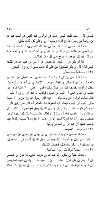 ‫٩٦٦‬                                                                 ‫اﻵﺣﺎد‬
                                                                   ‫اﻟ ﺜﺎ /‬
‫ﺍﻟﻨﻌﻤﺎﻥ ﻗﺎﻝ: ﲰﻌﺖ ﻃﻠﺤﺔ ﺍﻟﻴﺎﻣﻲ ﳛﺪﺙ ﻋﻦ ﺍﻣﺮﺃﺓ ﻣﻦ ﻋﺒﺪ ﺍﻟﻘﻴﺲ ﻋﻦ ﺃﺧﺖ ﻋﺒﺪ ﺍﷲ‬
         ‫ﺍﺑﻦ ﺭﻭﺍﺣﺔ ﻋﻦ ﺭﺳﻮﻝ ﺍﷲ ‪ ‬ﻗﺎﻝ: ))ﻭﺟﺐ ﺍﳋﺮﻭﺝ ﻋﻠﻰ ﻛﻞ ﺫﺍﺕ ﻧﻄﺎﻕ((.‬
‫- ﺣﺪﺛﻨﺎ ﳏﻤﺪ ﺑﻦ ﺍﳌﺜﲎ، ﺛﻨﺎ ﳏﻤﺪ ﺑﻦ ﻋﺒﺪ ﺍﷲ ﺍﻷﻧﺼﺎﺭﻱ، ﺛﻨﺎ ﺷﻌﺒﺔ، ﺛﻨﺎ ﳏﻤﺪ‬
‫ﺍﺑﻦ ﺍﻟﻨﻌﻤﺎﻥ ﻋﻦ ﻃﻠﺤﺔ ﻋﻦ ﺍﻣﺮﺃﺓ ﻣﻦ ﻋﺒﺪ ﺍﻟﻘﻴﺲ ﻋﻦ ﺃﺧﺖ ﻋﺒﺪ ﺍﷲ ﺑﻦ ﺭﻭﺍﺣﺔ ﻋﻤﺮﺓ‬
                       ‫ﻋﻦ ﺍﻟﻨﱯ ‪ ‬ﻗﺎﻝ: ))ﻭﺟﺐ ﺍﳋﺮﻭﺝ ﻋﻠﻰ ﻛﻞ ﺫﺍﺕ ﻧﻄﺎﻕ((.‬
‫- ﺛﻨﺎ ﺃﺑﻮ ﺑﻜﺮ ﺑﻦ ﺃﰊ ﺷﻴﺒﺔ، ﺛﻨﺎ ﺣﻔﺺ ﻋﻦ ﺍﳊﺴﻦ ﺑﻦ ﻋﺒﻴﺪ ﺍﷲ ﻋﻦ ﻃﻠﺤﺔ‬
    ‫ﺍﻟﻴﺎﻣﻲ ﻗﺎﻝ: ﻗﺎﻝ ﺃﺑﻮ ﺑﻜﺮ ﺍﻟﺼﺪﻳﻖ: ﺣﻖ ﻋﻠﻰ ﻛﻞ ﺫﺍﺕ ﻧﻄﺎﻕ ﺍﳋﺮﻭﺝ ﺇﱃ ﺍﻟﻌﻴﺪﻳﻦ.‬
                                                 ‫٥٩١١- ﺳﻼﻣﺔ ﺑﻨﺖ ﻣﻌﻘﻞ.‬
‫- ﺣﺪﺛﻨﺎ ﺍﳊﺴﻦ ﺑﻦ ﻋﻠﻲ ﺍﳊﻠﻮﺍﱐ، ﺛﻨﺎ ﻋﺒﺪ ﺍﷲ ﺑﻦ ﳏﻤﺪ ﺍﻟﻨﻔﻴﻠﻲ ﻋﻦ ﳏﻤﺪ ﺑﻦ‬
‫ﺳﻠﻤﺔ ﺛﻨﺎ ﳏﻤﺪ ﺑﻦ ﺇﺳﺤﺎﻕ ﻋﻦ ﺧﻄﺎﺏ ﺑﻦ ﺻﺎﱀ ﺍﻷﻧﺼﺎﺭﻱ ﻋﻦ ﺃﻣﻪ ﻋﻦ ﺳﻼﻣﺔ ﺑﻨﺖ‬
‫ﻣﻌﻘﻞ ﺍﻣﺮﺃﺓ ﻣﻦ ﺧﺎﺭﺟﺔ ﻗﻴﺲ ﺑﻦ ﻋﻴﻼﻥ ﻗﺎﻟﺖ: ﻗﺪﻡ ﰊ ﻋﻤﻲ ﰲ ﺍﳉﺎﻫﻠﻴﺔ ﻓﺒﺎﻋﲏ ﻣﻦ‬
‫ﺣﺒﺎﺏ ﺑﻦ ﻋﻤﺮﻭ ﺃﺧﻲ ﺃﰊ ﺍﻟﻴﺴﺮ ﺑﻦ ﻋﻤﺮﻭ، ﻓﻮﻟﺪﺕ ﻟﻪ ﻋﺒﺪ ﺍﻟﺮﲪﻦ ﺑﻦ ﺍﳊﺒﺎﺏ ﰒ‬
‫ﻫﻠﻚ ﻓﻘﺎﻟﺖ ﺍﻣﺮﺃﺗﻪ: ﺍﻵﻥ ﻭﺍﷲ ﺗﺒﺎﻋﲔ ﰲ ﺩﻳﻨﻪ ﻓﻘﺎﻝ ﺭﺳﻮﻝ ﺍﷲ ‪ :‬ﻣﻦ ﻭﱄ ﺍﳊﺒﺎﺏ؟‬
‫ﻓﻘﺎﻝ: ﺃﺧﻮﻩ ﺃﺑﻮ ﺍﻟﻴﺴﺮ، ﻓﺒﻌﺚ ﺇﻟﻴﻪ ﺃﻋﺘﻘﻮﻫﺎ ﻓﺈﺫﺍ ﺑﻠﻐﻜﻢ ﺃﻧﻪ ﻗﺪﻡ ﻋﻠﻲ ﺭﻗﻴﻖ ﻓﺄﺗﻮﱐ‬
‫ﺃﻋﻮﺿﻜﻢ ﻣﻨﻬﺎ ﻓﺄﻋﺘﻘﻮﱐ، ﻭﻗﺪﻡ ﻋﻠﻰ ﺭﺳﻮﻝ ﺍﷲ ‪ ‬ﺭﻗﻴﻖ ﻓﻌﻮﺿﻬﻢ ﻣﲏ ﻏﻼﻣ‪‬ﺎ، ﻗﺎﻝ‬
‫ﺃﺑﻮ ﺑﻜﺮ ﺑﻦ ﺃﰊ ﻋﺎﺻﻢ: ﻓﻤﻨﻪ ﺃﻥ ﺃﻡ ﺍﻟﻮﻟﺪ ﻻ ﺗﻌﺘﻖ ﲟﻮﺕ ﺳﻴﺪﻫﺎ ﻓﻼ ﺗﻜﻮﻥ ﺣﺮﺓ ﺇﻻ ﻣﻦ‬
‫ﻧﺼﻴﺐ ﻭﻟﺪﻫﺎ ﻭﺃ‪‬ﺎ ﺃﻣﺔ ﻟﻮﺭﺛﺔ ﺍﻟﺴﻴﺪ ﺇﻻ ﺃﻥ ﳛﺪﺙ ﳍﺎ ﻋﺘﻖ، ﻭﻻ ﻧﺼﻴﺐ ﻭﻟﺪﻫﺎ ﻣﻨﻬﺎ‬
                                   ‫ﻳﻮﺟﺐ ﻋﺘﻘﻬﺎ ﻷﻥ ﻋﺒﺪ ﺍﻟﺮﲪﻦ ﺃﺣﺪ ﻣﻦ ﻭﺭﺛﻬﺎ.‬
                                                 ‫٦٩١١- ﺃﻡ ﺳﺎﱂ ﺍﻷﺷﺠﻌﻴﺔ.‬
‫- ﺣﺪﺛﻨﺎ ﻋﻘﺒﺔ ﺑﻦ ﻣﻜﺮﻡ، ﺛﻨﺎ ﻋﺒﺪ ﺍﻟﺮﲪﻦ ﺑﻦ ﻣﻬﺪﻱ ﻋﻦ ﺳﻔﻴﺎﻥ ﻋﻦ ﺣﺒﻴﺐ ﺑﻦ‬
‫ﺃﰊ ﺛﺎﺑﺖ ﻋﻦ ﺭﺟﻞ ﻋﻦ ﺃﻡ ﺳﺎﱂ ﺍﻷﺷﺠﻌﻴﺔ ﺃﻥ ﺭﺳﻮﻝ ﺍﷲ ‪ ‬ﺃﺗﺎﻫﺎ ﻭﻫﻲ ﰲ ﻗﺒﺔ ﻓﻘﺎﻝ:‬
                             ‫))ﻣﺎ ﺃﺣﺴﻨﻬﺎ ﺇﻥ ﱂ ﻳﻜﻦ ﻣﻴﺘﺔ ﻗﺎﻝ: ﻓﺠﻌﻠﺖ ﺃﺗﺘﺒﻌﻬﺎ((.‬
                                  ‫٧٩١١- ﺍﳉﻬﺪﻣﺔ ﺍﻣﺮﺃﺓ ﺑﺸﲑ ﺑﻦ ﺍﳋﺼﺎﺻﻴﺔ.‬
‫- ﺣﺪﺛﻨﺎ ﻋﻘﺒﺔ ﺑﻦ ﻣﻜﺮﻡ، ﺛﻨﺎ ﻋﺒﺪ ﺍﷲ ﺑﻦ ﺣﺮﺏ ﺍﻟﻠﻴﺜﻲ، ﺛﻨﺎ ﻋﻮﻥ ﺑﻦ ﻛﻬﻤﺲ‬
‫ﻋﻦ ﺃﰊ ﺑﻜﺮ ﺑﻦ ﻋﻠﻲ ﻗﺎﻝ: ﲰﻌﺖ ﳛﲕ ﺑﻦ ﺃﰊ ﺣﻴﺔ ﺃﺧﱪﱐ ﺇﻳﺎﺩ ﺑﻦ ﻟﻘﻴﻂ ﺍﻟﺴﺪﻭﺳﻲ‬
‫ﻋﻦ ﺍﳉﻬﺪﻣﺔ ﺍﻣﺮﺃﺓ ﺑﺸﲑ ﺑﻦ ﺍﳋﺼﺎﺻﻴﺔ ﻗﺎﻟﺖ: ﺍﻧﺘﻬﻴﻨﺎ ﺇﱃ ﺭﺳﻮﻝ ﺍﷲ ‪ ‬ﻋﻨﺪ ﺻﻼﺓ‬
 