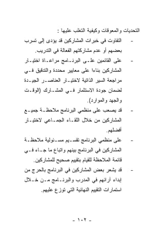 ‫ﺍﻟﺘﺤﺩﻴﺎﺕ ﻭﺍﻟﻤﻌﻭﻗﺎﺕ ﻭﻜﻴﻔﻴﺔ ﺍﻟﺘﻐﻠﺏ ﻋﻠﻴﻬﺎ :‬
‫ﺍﻟﺘﻔﺎﻭﺕ ﻓﻲ ﺨﺒﺭﺍﺕ ﺍﻟﻤﺸﺎﺭﻜﻴﻥ ﻗﺩ ﻴﺅﺩﻯ ﺇﻟﻰ ﺘﺴﺭﺏ‬         ‫-‬
    ‫ﺒﻌﻀﻬﻡ ﺃﻭ ﻋﺩﻡ ﻤﺸﺎﺭﻜﺘﻬﻡ ﺍﻟﻔﻌﺎﻟﺔ ﻓﻲ ﺍﻟﺘﺩﺭﻴﺏ.‬
‫ﻋﻠﻰ ﺍﻟﻘﺎﺌﻤﻴﻥ ﻋﻠـﻰ ﺍﻟﺒﺭﻨـﺎﻤﺞ ﻤﺭﺍﻋـﺎﺓ ﺍﺨﺘﻴـﺎﺭ‬         ‫-‬
‫ﺍﻟﻤﺸﺎﺭﻜﻴﻥ ﺒﻨﺎﺀﺍ ﻋﻠﻰ ﻤﻌﺎﻴﻴﺭ ﻤﺤﺩﺩﺓ ﻭﺍﻟﺘﺩﻗﻴﻕ ﻓـﻲ‬
‫ﻤﺭﺍﺠﻌﺔ ﺍﻟﺴﻴﺭ ﺍﻟﺫﺍﺘﻴﺔ ﻻﺨﺘﻴـﺎﺭ ﺍﻟﻌﻨﺎﺼـﺭ ﺍﻟﺠﻴـﺩﺓ‬
‫ﻟﻀﻤﺎﻥ ﺠﻭﺩﺓ ﺍﻻﺴﺘﺜﻤﺎﺭ ﻓـﻲ ﺍﻟﻤﺸـﺎﺭﻙ )ﺍﻟﻭﻗـﺕ‬
                               ‫ﻭﺍﻟﺠﻬﺩ ﻭﺍﻟﻤﻭﺍﺭﺩ(.‬
‫ﻗﺩ ﻴﺼﻌﺏ ﻋﻠﻰ ﻤﻨﻅﻤﻲ ﺍﻟﺒﺭﻨﺎﻤﺞ ﻤﻼﺤﻅـﺔ ﺠﻤﻴـﻊ‬             ‫-‬
‫ﺍﻟﻤﺸﺎﺭﻜﻴﻥ ﻤﻥ ﺨﻼل ﺍﻟﻠﻘـﺎﺀ ﺍﻟﺠﻤـﺎﻋﻲ ﻻﺨﺘﻴـﺎﺭ‬
                                        ‫ﺃﻓﻀﻠﻬﻡ.‬
‫ﻋﻠﻰ ﻤﻨﻅﻤﻲ ﺍﻟﺒﺭﻨﺎﻤﺞ ﺘﻘﺴـﻴﻡ ﻤﺴـﺌﻭﻟﻴﺔ ﻤﻼﺤﻅـﺔ‬           ‫-‬
‫ﺍﻟﻤﺸﺎﺭﻜﻴﻥ ﻓﻲ ﺍﻟﺒﺭﻨﺎﻤﺞ ﺒﻴﻨﻬﻡ ﻭﺍﺘﺒﺎﻉ ﻤﺎ ﺠـﺎﺀ ﻓـﻲ‬
    ‫ﻗﺎﺌﻤﺔ ﺍﻟﻤﻼﺤﻅﺔ ﻟﻠﻘﻴﺎﻡ ﺒﺘﻘﻴﻴﻡ ﺼﺤﻴﺢ ﻟﻠﻤﺸﺎﺭﻜﻴﻥ.‬
‫ﻗﺩ ﻴﺸﻌﺭ ﺒﻌﺽ ﺍﻟﻤﺸﺎﺭﻜﻴﻥ ﻓﻲ ﺍﻟﺒﺭﻨﺎﻤﺞ ﺒﺎﻟﺤﺭﺝ ﻤﻥ‬         ‫-‬
‫ﺇﺒﺩﺍﺀ ﺁﺭﺍﺌﻬﻡ ﻓﻲ ﺍﻟﻤﺩﺭﺏ ﻭﺍﻟﺒﺭﻨـﺎﻤﺞ ﻤـﻥ ﺨـﻼل‬
       ‫ﺍﺴﺘﻤﺎﺭﺍﺕ ﺍﻟﺘﻘﻴﻴﻡ ﺍﻟﻨﻬﺎﺌﻴﺔ ﺍﻟﺘﻲ ﺘﻭﺯﻉ ﻋﻠﻴﻬﻡ.‬




                       ‫- ٢٠١ -‬
 