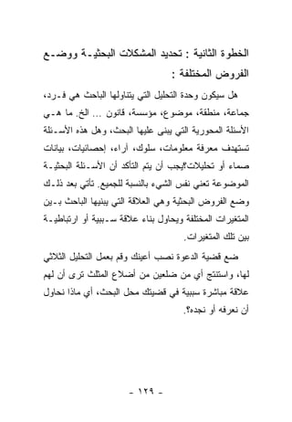 ‫ﺍﻟﺨﻁﻭﺓ ﺍﻟﺜﺎﻨﻴﺔ : ﺘﺤﺩﻴﺩ ﺍﻟﻤﺸﻜﻼﺕ ﺍﻟﺒﺤﺜﻴـﺔ ﻭﻭﻀـﻊ‬
                                  ‫ﺍﻟﻔﺭﻭﺽ ﺍﻟﻤﺨﺘﻠﻔﺔ :‬
‫ﻫل ﺴﻴﻜﻭﻥ ﻭﺤﺩﺓ ﺍﻟﺘﺤﻠﻴل ﺍﻟﺘﻲ ﻴﺘﻨﺎﻭﻟﻬﺎ ﺍﻟﺒﺎﺤﺙ ﻫﻲ ﻓـﺭﺩ،‬
‫ﺠﻤﺎﻋﺔ، ﻤﻨﻁﻘﺔ، ﻤﻭﻀﻭﻉ، ﻤﺅﺴﺴﺔ، ﻗﺎﻨﻭﻥ … ﺍﻟﺦ. ﻤﺎ ﻫـﻲ‬
‫ﺍﻷﺴﺌﻠﺔ ﺍﻟﻤﺤﻭﺭﻴﺔ ﺍﻟﺘﻲ ﻴﺒﻨﻰ ﻋﻠﻴﻬﺎ ﺍﻟﺒﺤﺙ، ﻭﻫل ﻫﺫﻩ ﺍﻷﺴـﺌﻠﺔ‬
‫ﺘﺴﺘﻬﺩﻑ ﻤﻌﺭﻓﺔ ﻤﻌﻠﻭﻤﺎﺕ، ﺴﻠﻭﻙ، ﺁﺭﺍﺀ، ﺇﺤﺼﺎﺌﻴﺎﺕ، ﺒﻴﺎﻨﺎﺕ‬
‫ﺼﻤﺎﺀ ﺃﻭ ﺘﺤﻠﻴﻼﺕ؟ﻴﺠﺏ ﺃﻥ ﻴﺘﻡ ﺍﻟﺘﺄﻜﺩ ﺃﻥ ﺍﻷﺴـﺌﻠﺔ ﺍﻟﺒﺤﺜﻴـﺔ‬
‫ﺍﻟﻤﻭﻀﻭﻋﺔ ﺘﻌﻨﻲ ﻨﻔﺱ ﺍﻟﺸﻲﺀ ﺒﺎﻟﻨﺴﺒﺔ ﻟﻠﺠﻤﻴﻊ. ﺘﺄﺘﻲ ﺒﻌﺩ ﺫﻟـﻙ‬
‫ﻭﻀﻊ ﺍﻟﻔﺭﻭﺽ ﺍﻟﺒﺤﺜﻴﺔ ﻭﻫﻲ ﺍﻟﻌﻼﻗﺔ ﺍﻟﺘﻲ ﻴﺒﻨﻴﻬﺎ ﺍﻟﺒﺎﺤﺙ ﺒـﻴﻥ‬
‫ﺍﻟﻤﺘﻐﻴﺭﺍﺕ ﺍﻟﻤﺨﺘﻠﻔﺔ ﻭﻴﺤﺎﻭل ﺒﻨﺎﺀ ﻋﻼﻗﺔ ﺴـﺒﺒﻴﺔ ﺃﻭ ﺍﺭﺘﺒﺎﻁﻴـﺔ‬
                                     ‫ﺒﻴﻥ ﺘﻠﻙ ﺍﻟﻤﺘﻐﻴﺭﺍﺕ.‬
‫ﻀﻊ ﻗﻀﻴﺔ ﺍﻟﺩﻋﻭﺓ ﻨﺼﺏ ﺃﻋﻴﻨﻙ ﻭﻗﻡ ﺒﻌﻤل ﺍﻟﺘﺤﻠﻴل ﺍﻟﺜﻼﺜﻲ‬
‫ﻟﻬﺎ، ﻭﺍﺴﺘﻨﺘﺞ ﺃﻱ ﻤﻥ ﻀﻠﻌﻴﻥ ﻤﻥ ﺃﻀﻼﻉ ﺍﻟﻤﺜﻠﺙ ﺘﺭﻯ ﺃﻥ ﻟﻬﻡ‬
‫ﻋﻼﻗﺔ ﻤﺒﺎﺸﺭﺓ ﺴﺒﺒﻴﺔ ﻓﻲ ﻗﻀﻴﺘﻙ ﻤﺤل ﺍﻟﺒﺤﺙ، ﺃﻱ ﻤﺎﺫﺍ ﻨﺤﺎﻭل‬
                                     ‫ﺃﻥ ﻨﻌﺭﻓﻪ ﺃﻭ ﻨﺠﺩﻩ؟.‬




                      ‫- ٩٢١ -‬
 