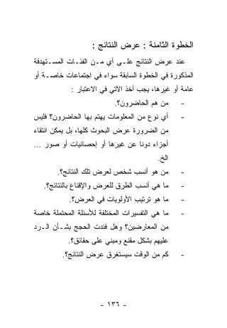 ‫ﺍﻟﺨﻁﻭﺓ ﺍﻟﺜﺎﻤﻨﺔ : ﻋﺭﺽ ﺍﻟﻨﺘﺎﺌﺞ :‬
‫ﻋﻨﺩ ﻋﺭﺽ ﺍﻟﻨﺘﺎﺌﺞ ﻋﻠـﻰ ﺃﻱ ﻤـﻥ ﺍﻟﻔﺌـﺎﺕ ﺍﻟﻤﺴـﺘﻬﺩﻓﺔ‬
‫ﺍﻟﻤﺫﻜﻭﺭﺓ ﻓﻲ ﺍﻟﺨﻁﻭﺓ ﺍﻟﺴﺎﺒﻘﺔ ﺴﻭﺍﺀ ﻓﻲ ﺍﺠﺘﻤﺎﻋﺎﺕ ﺨﺎﺼـﺔ ﺃﻭ‬
            ‫ﻋﺎﻤﺔ ﺃﻭ ﻏﻴﺭﻫﺎ، ﻴﺠﺏ ﺃﺨﺫ ﺍﻵﺘﻲ ﻓﻲ ﺍﻻﻋﺘﺒﺎﺭ :‬
                           ‫ﻤﻥ ﻫﻡ ﺍﻟﺤﺎﻀﺭﻭﻥ؟.‬     ‫-‬
‫ﺃﻱ ﻨﻭﻉ ﻤﻥ ﺍﻟﻤﻌﻠﻭﻤﺎﺕ ﻴﻬﺘﻡ ﺒﻬﺎ ﺍﻟﺤﺎﻀﺭﻭﻥ؟ ﻓﻠﻴﺱ‬     ‫-‬
‫ﻤﻥ ﺍﻟﻀﺭﻭﺭﺓ ﻋﺭﺽ ﺍﻟﺒﺤﻭﺙ ﻜﻠﻬﺎ، ﺒل ﻴﻤﻜﻥ ﺍﻨﺘﻘﺎﺀ‬
‫ﺃﺠﺯﺍﺀ ﺩﻭﻨﺎ ﻋﻥ ﻏﻴﺭﻫﺎ ﺃﻭ ﺇﺤﺼﺎﺌﻴﺎﺕ ﺃﻭ ﺼﻭﺭ …‬
                                         ‫ﺍﻟﺦ.‬
       ‫ﻤﻥ ﻫﻭ ﺃﻨﺴﺏ ﺸﺨﺹ ﻟﻌﺭﺽ ﺘﻠﻙ ﺍﻟﻨﺘﺎﺌﺞ؟.‬        ‫-‬
   ‫ﻤﺎ ﻫﻲ ﺃﻨﺴﺏ ﺍﻟﻁﺭﻕ ﻟﻠﻌﺭﺽ ﻭﺍﻹﻗﻨﺎﻉ ﺒﺎﻟﻨﺘﺎﺌﺞ؟.‬    ‫-‬
           ‫ﻤﺎ ﻫﻭ ﺘﺭﺘﻴﺏ ﺍﻷﻭﻟﻭﻴﺎﺕ ﻓﻲ ﺍﻟﻌﺭﺽ؟.‬      ‫-‬
‫ﻤﺎ ﻫﻲ ﺍﻟﺘﻔﺴﻴﺭﺍﺕ ﺍﻟﻤﺨﺘﻠﻔﺔ ﻟﻸﺴﺌﻠﺔ ﺍﻟﻤﺤﺘﻤﻠﺔ ﺨﺎﺼﺔ‬   ‫-‬
‫ﻤﻥ ﺍﻟﻤﻌﺎﺭﻀﻴﻥ؟ ﻭﻫل ﻓﻨﺩﺕ ﺍﻟﺤﺠﺞ ﺒﺸـﺄﻥ ﺍﻟـﺭﺩ‬
           ‫ﻋﻠﻴﻬﻡ ﺒﺸﻜل ﻤﻘﻨﻊ ﻭﻤﺒﻨﻲ ﻋﻠﻰ ﺤﻘﺎﺌﻕ؟.‬
         ‫ﻜﻡ ﻤﻥ ﺍﻟﻭﻗﺕ ﺴﻴﺴﺘﻐﺭﻕ ﻋﺭﺽ ﺍﻟﻨﺘﺎﺌﺞ؟.‬      ‫-‬




                      ‫- ٦٣١ -‬
 