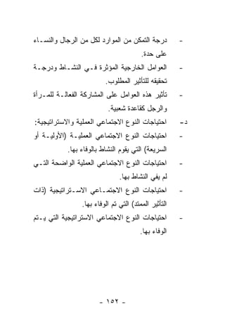 ‫ﺩﺭﺠﺔ ﺍﻟﺘﻤﻜﻥ ﻤﻥ ﺍﻟﻤﻭﺍﺭﺩ ﻟﻜل ﻤﻥ ﺍﻟﺭﺠﺎل ﻭﺍﻟﻨﺴـﺎﺀ‬          ‫-‬
                                         ‫ﻋﻠﻰ ﺤﺩﺓ.‬
‫ﺍﻟﻌﻭﺍﻤل ﺍﻟﺨﺎﺭﺠﻴﺔ ﺍﻟﻤﺅﺜﺭﺓ ﻓـﻲ ﺍﻟﻨﺸـﺎﻁ ﻭﺩﺭﺠـﺔ‬            ‫-‬
                          ‫ﺘﺤﻘﻴﻘﻪ ﻟﻠﺘﺄﺜﻴﺭ ﺍﻟﻤﻁﻠﻭﺏ.‬
‫ﺘﺄﺜﻴﺭ ﻫﺫﻩ ﺍﻟﻌﻭﺍﻤل ﻋﻠﻰ ﺍﻟﻤﺸﺎﺭﻜﺔ ﺍﻟﻔﻌﺎﻟـﺔ ﻟﻠﻤـﺭﺃﺓ‬        ‫-‬
                           ‫ﻭﺍﻟﺭﺠل ﻜﻘﺎﻋﺩﺓ ﺸﻌﺒﻴﺔ.‬
‫ﺍﺤﺘﻴﺎﺠﺎﺕ ﺍﻟﻨﻭﻉ ﺍﻻﺠﺘﻤﺎﻋﻲ ﺍﻟﻌﻤﻠﻴﺔ ﻭﺍﻻﺴﺘﺭﺍﺘﻴﺠﻴﺔ:‬          ‫ﺩ-‬
‫ﺍﺤﺘﻴﺎﺠﺎﺕ ﺍﻟﻨﻭﻉ ﺍﻻﺠﺘﻤﺎﻋﻲ ﺍﻟﻌﻤﻠﻴـﺔ )ﺍﻷﻭﻟﻴـﺔ ﺃﻭ‬           ‫-‬
            ‫ﺍﻟﺴﺭﻴﻌﺔ( ﺍﻟﺘﻲ ﻴﻘﻭﻡ ﺍﻟﻨﺸﺎﻁ ﺒﺎﻟﻭﻓﺎﺀ ﺒﻬﺎ.‬
‫ﺍﺤﺘﻴﺎﺠﺎﺕ ﺍﻟﻨﻭﻉ ﺍﻻﺠﺘﻤﺎﻋﻲ ﺍﻟﻌﻤﻠﻴﺔ ﺍﻟﻭﺍﻀﺤﺔ ﺍﻟﺘـﻲ‬          ‫-‬
                                ‫ﻟﻡ ﻴﻔﻲ ﺍﻟﻨﺸﺎﻁ ﺒﻬﺎ.‬
‫ﺍﺤﺘﻴﺎﺠﺎﺕ ﺍﻟﻨﻭﻉ ﺍﻻﺠﺘﻤـﺎﻋﻲ ﺍﻻﺴـﺘﺭﺍﺘﻴﺠﻴﺔ )ﺫﺍﺕ‬             ‫-‬
                 ‫ﺍﻟﺘﺄﺜﻴﺭ ﺍﻟﻤﻤﺘﺩ( ﺍﻟﺘﻲ ﺘﻡ ﺍﻟﻭﻓﺎﺀ ﺒﻬﺎ.‬
‫ﺍﺤﺘﻴﺎﺠﺎﺕ ﺍﻟﻨﻭﻉ ﺍﻻﺠﺘﻤﺎﻋﻲ ﺍﻻﺴﺘﺭﺍﺘﻴﺠﻴﺔ ﺍﻟﺘﻲ ﻴـﺘﻡ‬          ‫-‬
                                        ‫ﺍﻟﻭﻓﺎﺀ ﺒﻬﺎ.‬




                        ‫- ٢٥١ -‬
 