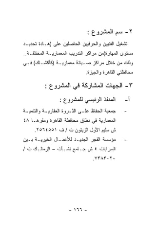 ‫٢- ﺴﻡ ﺍﻟﻤﺸﺭﻭﻉ :‬
‫ﺘﺸﻐﻴل ﺍﻟﻔﻨﻴﻴﻥ ﻭﺍﻟﺤﺭﻓﻴﻴﻥ ﺍﻟﺤﺎﺼﻠﻴﻥ ﻋﻠﻰ )ﻫـﺎﺩﺓ ﺘﺤﺩﻴـﺩ‬
‫ﻤﺴﺘﻭﻯ ﺍﻟﻤﻬﺎﺭﺓ(ﻤﻥ ﻤﺭﺍﻜﺯ ﺍﻟﺘﺩﺭﻴﺏ ﺍﻟﻤﻌﻤﺎﺭﻴـﺔ ﺍﻟﻤﺨﺘﻠﻔـﺔ..‬
‫ﻭﺫﻟﻙ ﻤﻥ ﺨﻼل ﻤﺭﺍﻜﺯ ﺼـﻴﺎﻨﺔ ﻤﻌﻤﺎﺭﻴـﺔ )ﻜﺄﻜﺸـﺎﻙ( ﻓـﻲ‬
                              ‫ﻤﺤﺎﻓﻅﺘﻲ ﺍﻟﻘﺎﻫﺭﺓ ﻭﺍﻟﺠﻴﺯﺓ.‬

          ‫٣- ﺍﻟﺠﻬﺎﺕ ﺍﻟﻤﺸﺎﺭﻜﺔ ﻓﻲ ﺍﻟﻤﺸﺭﻭﻉ :‬
                 ‫ﺍﻟﻤﻨﻔﺫ ﺍﻟﺭﺌﻴﺴﻲ ﻟﻠﻤﺸﺭﻭﻉ :‬        ‫ﺃ-‬
‫ﺠﻤﻌﻴﺔ ﺍﻟﺤﻔﺎﻅ ﻋﻠـﻰ ﺍﻟﺜـﺭﻭﺓ ﺍﻟﻌﻘﺎﺭﻴـﺔ ﻭﺍﻟﺘﻨﻤﻴـﺔ‬    ‫-‬
‫ﺍﻟﻤﻌﻤﺎﺭﻴﺔ ﻓﻲ ﻨﻁﺎﻕ ﻤﺤﺎﻓﻅﺔ ﺍﻟﻘﺎﻫﺭﺓ ﻭﻤﻘﺭﻫـﺎ ٨٤‬
     ‫ﺵ ﺴﻠﻴﻡ ﺍﻷﻭل ﺍﻟﺯﻴﺘﻭﻥ ﺕ / ﻑ ١٥٥٤٦٥٢.‬
‫ﻤﺅﺴﺴﺔ ﺍﻟﻔﺠﺭ ﺍﻟﺠﺩﻴـﺩ ﻟﻸﻋﻤـﺎل ﺍﻟﺨﻴﺭﻴـﺔ ﺒـﻴﻥ‬        ‫-‬
‫ﺍﻟﺴﺭﺍﻴﺎﺕ ٤ ﺵ ﺠـﺎﻤﻊ ﻨﺸـﺄﺕ – ﺍﻟﺯﻤﺎﻟـﻙ ﺕ /‬
                                 ‫٠٢٠٣٨٣٧.‬




                      ‫- ٦٦١ -‬
 