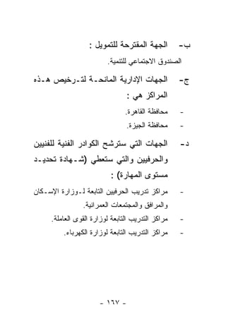 ‫ﺍﻟﺠﻬﺔ ﺍﻟﻤﻘﺘﺭﺤﺔ ﻟﻠﺘﻤﻭﻴل :‬        ‫ﺏ-‬
                         ‫ﺍﻟﺼﻨﺩﻭﻕ ﺍﻻﺠﺘﻤﺎﻋﻲ ﻟﻠﺘﻨﻤﻴﺔ.‬

‫ﺍﻟﺠﻬﺎﺕ ﺍﻹﺩﺍﺭﻴﺔ ﺍﻟﻤﺎﻨﺤـﺔ ﻟﺘـﺭﺨﻴﺹ ﻫـﺫﻩ‬               ‫ﺝ-‬
                                ‫ﺍﻟﻤﺭﺍﻜﺯ ﻫﻲ :‬
                                ‫ﻤﺤﺎﻓﻅﺔ ﺍﻟﻘﺎﻫﺭﺓ.‬    ‫-‬
                                ‫ﻤﺤﺎﻓﻅﺔ ﺍﻟﺠﻴﺯﺓ.‬     ‫-‬

‫ﺍﻟﺠﻬﺎﺕ ﺍﻟﺘﻲ ﺴﺘﺭﺸﺢ ﺍﻟﻜﻭﺍﺩﺭ ﺍﻟﻔﻨﻴﺔ ﻟﻠﻔﻨﻴﻴﻥ‬           ‫ﺩ-‬
‫ﻭﺍﻟﺤﺭﻓﻴﻴﻥ ﻭﺍﻟﺘﻲ ﺴﺘﻌﻁﻲ )ﺸـﻬﺎﺩﺓ ﺘﺤﺩﻴـﺩ‬
                           ‫ﻤﺴﺘﻭﻯ ﺍﻟﻤﻬﺎﺭﺓ( :‬
‫ﻤﺭﺍﻜﺯ ﺘﺩﺭﻴﺏ ﺍﻟﺤﺭﻓﻴﻴﻥ ﺍﻟﺘﺎﺒﻌﺔ ﻟـﻭﺯﺍﺭﺓ ﺍﻹﺴـﻜﺎﻥ‬       ‫-‬
                ‫ﻭﺍﻟﻤﺭﺍﻓﻕ ﻭﺍﻟﻤﺠﺘﻤﻌﺎﺕ ﺍﻟﻌﻤﺭﺍﻨﻴﺔ.‬
     ‫ﻤﺭﺍﻜﺯ ﺍﻟﺘﺩﺭﻴﺏ ﺍﻟﺘﺎﺒﻌﺔ ﻟﻭﺯﺍﺭﺓ ﺍﻟﻘﻭﻯ ﺍﻟﻌﺎﻤﻠﺔ.‬   ‫-‬
         ‫ﻤﺭﺍﻜﺯ ﺍﻟﺘﺩﺭﻴﺏ ﺍﻟﺘﺎﺒﻌﺔ ﻟﻭﺯﺍﺭﺓ ﺍﻟﻜﻬﺭﺒﺎﺀ.‬    ‫-‬




                      ‫- ٧٦١ -‬
 