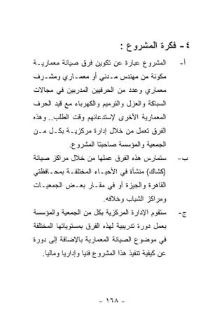 ‫٤- ﻓﻜﺭﺓ ﺍﻟﻤﺸﺭﻭﻉ :‬
‫ﺍﻟﻤﺸﺭﻭﻉ ﻋﺒﺎﺭﺓ ﻋﻥ ﺘﻜﻭﻴﻥ ﻓﺭﻕ ﺼﻴﺎﻨﺔ ﻤﻌﻤﺎﺭﻴـﺔ‬            ‫ﺃ-‬
‫ﻤﻜﻭﻨﺔ ﻤﻥ ﻤﻬﻨﺩﺱ ﻤـﺩﻨﻲ ﺃﻭ ﻤﻌﻤـﺎﺭﻱ ﻭﻤﺸـﺭﻑ‬
‫ﻤﻌﻤﺎﺭﻱ ﻭﻋﺩﺩ ﻤﻥ ﺍﻟﺤﺭﻓﻴﻴﻥ ﺍﻟﻤﺩﺭﺒﻴﻥ ﻓﻲ ﻤﺠﺎﻻﺕ‬
‫ﺍﻟﺴﺒﺎﻜﺔ ﻭﺍﻟﻌﺯل ﻭﺍﻟﺘﺭﻤﻴﻡ ﻭﺍﻟﻜﻬﺭﺒﺎﺀ ﻤﻊ ﻗﻴﺩ ﺍﻟﺤﺭﻑ‬
‫ﺍﻟﻤﻌﻤﺎﺭﻴﺔ ﺍﻷﺨﺭﻯ ﻹﺴﺘﺩﻋﺎﺌﻬﻡ ﻭﻗﺕ ﺍﻟﻁﻠﺏ.. ﻭﻫﺫﻩ‬
‫ﺍﻟﻔﺭﻕ ﺘﻌﻤل ﻤﻥ ﺨﻼل ﺇﺩﺍﺭﺓ ﻤﺭﻜﺯﻴـﺔ ﺒﻜـل ﻤـﻥ‬
             ‫ﺍﻟﺠﻤﻌﻴﺔ ﻭﺍﻟﻤﺅﺴﺴﺔ ﺼﺎﺤﺒﺘﺎ ﺍﻟﻤﺸﺭﻭﻉ.‬
‫ﺴﺘﻤﺎﺭﺱ ﻫﺫﻩ ﺍﻟﻔﺭﻕ ﻋﻤﻠﻬﺎ ﻤﻥ ﺨﻼل ﻤﺭﺍﻜﺯ ﺼﻴﺎﻨﺔ‬            ‫ﺏ-‬
‫)ﻜﺸﺎﻙ( ﻤﻨﺸﺄﺓ ﻓﻲ ﺍﻷﺤﻴـﺎﺀ ﺍﻟﻤﺨﺘﻠﻔـﺔ ﺒﻤﺤـﺎﻓﻅﺘﻲ‬
‫ﺍﻟﻘﺎﻫﺭﺓ ﻭﺍﻟﺠﻴﺯﺓ ﺃﻭ ﻓﻲ ﻤﻘـﺎﺭ ﺒﻌـﺽ ﺍﻟﺠﻤﻌﻴـﺎﺕ‬
                          ‫ﻭﻤﺭﺍﻜﺯ ﺍﻟﺸﺒﺎﺏ ﻭﺨﻼﻓﻪ.‬
‫ﺴﺘﻘﻭﻡ ﺍﻹﺩﺍﺭﺓ ﺍﻟﻤﺭﻜﺯﻴﺔ ﺒﻜل ﻤﻥ ﺍﻟﺠﻤﻌﻴﺔ ﻭﺍﻟﻤﺅﺴﺴﺔ‬        ‫ﺝ-‬
‫ﺒﻌﻤل ﺩﻭﺭﺓ ﺘﺩﺭﻴﺒﻴﺔ ﻟﻬﺫﻩ ﺍﻟﻔﺭﻕ ﺒﻤﺴﺘﻭﻴﺎﺘﻬﺎ ﺍﻟﻤﺨﺘﻠﻔﺔ‬
‫ﻓﻲ ﻤﻭﻀﻭﻉ ﺍﻟﺼﻴﺎﻨﺔ ﺍﻟﻤﻌﻤﺎﺭﻴﺔ ﺒﺎﻹﻀﺎﻓﺔ ﺇﻟﻰ ﺩﻭﺭﺓ‬
   ‫ﻋﻥ ﻜﻴﻔﻴﺔ ﺘﻨﻔﻴﺫ ﻫﺫﺍ ﺍﻟﻤﺸﺭﻭﻉ ﻓﻨﻴﺎ ﻭﺇﺩﺍﺭﻴﺎ ﻭﻤﺎﻟﻴﺎ.‬




                        ‫- ٨٦١ -‬
 