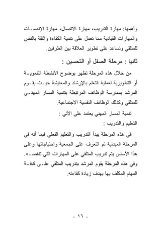 ‫ﻭﺃﻫﻤﻬﺎ: ﻤﻬﺎﺭﺓ ﺍﻟﺘﺩﺭﻴﺏ، ﻤﻬﺎﺭﺓ ﺍﻻﺘﺼﺎل، ﻤﻬﺎﺭﺓ ﺍﻹﻨﺼـﺎﺕ‬
‫ﻭﺍﻟﻤﻬﺎﺭﺍﺕ ﺍﻟﻘﻴﺎﺩﻴﺔ ﻤﻤﺎ ﺘﻌﻤل ﻋﻠﻰ ﺘﻨﻤﻴﺔ ﺍﻟﻜﻔﺎﺀﺓ ﻭﺍﻟﺜﻘﺔ ﺒﺎﻟﻨﻔﺱ‬
           ‫ﻟﻠﻤﺘﻠﻘﻲ ﻭﺘﺴﺎﻋﺩ ﻋﻠﻰ ﺘﻁﻭﻴﺭ ﺍﻟﻌﻼﻗﺔ ﺒﻴﻥ ﺍﻟﻁﺭﻓﻴﻥ.‬

                   ‫ﺜﺎﻨﻴﺎ : ﻤﺭﺤﻠﺔ ﺍﻟﺼﻘل ﺃﻭ ﺍﻟﺘﺤﺴﻴﻥ :‬
‫ﻤﻥ ﺨﻼل ﻫﺫﻩ ﺍﻟﻤﺭﺤﻠﺔ ﺘﻅﻬﺭ ﺒﻭﻀﻭﺡ ﺍﻷﻨﺸﻁﺔ ﺍﻟﺘﻨﻤﻭﻴـﺔ‬
‫ﺃﻭ ﺍﻟﺘﻁﻭﻴﺭﻴﺔ ﻟﻌﻤﻠﻴﺔ ﺍﻟﺘﻌﻠﻡ ﺒﺎﻹﺭﺸﺎﺩ ﻭﺍﻟﻤﻌﺎﻴﺸﺔ ﺤﻴـﺙ ﻴﻘـﻭﻡ‬
‫ﺍﻟﻤﺭﺸﺩ ﺒﻤﻤﺎﺭﺴﺔ ﺍﻟﻭﻅﺎﺌﻑ ﺍﻟﻤﺭﺘﺒﻁﺔ ﺒﺘﻨﻤﻴﺔ ﺍﻟﻤﺴﺎﺭ ﺍﻟﻤﻬﻨـﻲ‬
                ‫ﻟﻠﻤﺘﻠﻘﻲ ﻭﻜﺫﻟﻙ ﺍﻟﻭﻅﺎﺌﻑ ﺍﻟﻨﻔﺴﻴﺔ ﺍﻻﺠﺘﻤﺎﻋﻴﺔ.‬
                  ‫ﺘﻨﻤﻴﺔ ﺍﻟﻤﺴﺎﺭ ﺍﻟﻤﻬﻨﻲ ﻴﻌﺘﻤﺩ ﻋﻠﻰ ﺍﻵﺘﻲ :‬
                                         ‫ﺍﻟﺘﻌﻠﻴﻡ ﻭﺍﻟﺘﺩﺭﻴﺏ :‬
‫ﻓﻲ ﻫﺫﻩ ﺍﻟﻤﺭﺤﻠﺔ ﻴﺒﺩﺃ ﺍﻟﺘﺩﺭﻴﺏ ﻭﺍﻟﺘﻌﻠﻴﻡ ﺍﻟﻔﻌﻠﻲ ﻓﺒﻤﺎ ﺃﻨﻪ ﻓﻲ‬
‫ﺍﻟﻤﺭﺤﻠﺔ ﺍﻟﻤﺒﺩﺌﻴﺔ ﺘﻡ ﺍﻟﺘﻌﺭﻑ ﻋﻠﻰ ﺍﻟﺠﻤﻌﻴﺔ ﻭﺍﺤﺘﻴﺎﺠﺎﺘﻬﺎ ﻭﻋﻠﻰ‬
‫ﻫﺫﺍ ﺍﻷﺴﺎﺱ ﻴﺘﻡ ﺘﺩﺭﻴﺏ ﺍﻟﻤﺘﻠﻘﻲ ﻋﻠﻰ ﺍﻟﻤﻬﺎﺭﺍﺕ ﺍﻟﺘﻲ ﺘﻨﻘﺼـﻪ.‬
‫ﻭﻓﻲ ﻫﺫﻩ ﺍﻟﻤﺭﺤﻠﺔ ﻴﻘﻭﻡ ﺍﻟﻤﺭﺸﺩ ﺒﺘﺩﺭﻴﺏ ﺍﻟﻤﺘﻠﻘﻲ ﻋﻠـﻰ ﻜﺎﻓـﺔ‬
                      ‫ﺍﻟﻤﻬﺎﻡ ﺍﻟﻤﻜﻠﻑ ﺒﻬﺎ ﺒﻬﺩﻑ ﺯﻴﺎﺩﺓ ﻜﻔﺎﺀﺘﻪ.‬




                         ‫- ٦١ -‬
 