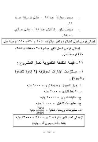 ‫ﻤﺒﻴﺽ ﻤﺤﺎﺭﺓ ﻋﺩﺩ ٥١ - ﻋﺎﻤل ﺨﺭﺴﺎﻨﺔ ﻋـﺩﺩ‬           ‫-‬
                                                 ‫٥١.‬
        ‫ﻤﺒﻴﺽ ﺩﻴﻜﻭﺭ ﻭﻜﺭﺍﻨﻴﺵ ﻋﺩﺩ ٥١ - ﻋﺎﻤل ﻋـﺎﺩﻱ‬         ‫-‬
                                           ‫ﻋﺩﺩ ٥٢.‬
‫ﺇﺠﻤﺎﻟﻲ ﻓﺭﺹ ﺍﻟﻌﻤل ﺍﻟﻤﻨﺒﺎﺸﺭﺓ ﻭﺍﻟﻐﻴﺭ ﻤﺒﺎﺸﺭﺓ= ٠٤٠١ + ٠٧٥= ٠١٦١ ﻓﺭﺼﺔ ﻋﻤل‬
        ‫ﺇﺠﻤﺎﻟﻲ ﻓﺭﺹ ﺍﻟﻌﻤل ﺍﻟﻐﻴﺭ ﻤﺒﺎﺸﺭﺓ =٢ ﻤﺤﺎﻓﻅﺔ × ٥٨٢=‬
                                           ‫٠٧٥ ﻓﺭﺼﺔ ﻋﻤل.‬

         ‫١١- ﻗﻴﻤﺔ ﺍﻟﺘﻜﻠﻔﺔ ﺍﻟﺘﻘﺩﻴﺭﻴﺔ ﻟﻌﻤل ﺍﻟﻤﺸﺭﻭﻉ :‬
        ‫١- ﻤﺴﺘﻠﺯﻤﺎﺕ ﺍﻹﺩﺍﺭﺍﺕ ﺍﻟﻤﺭﻜﺯﻴﺔ )٢ ﺇﺩﺍﺭﺓ ﻟﻠﻘﺎﻫﺭﺓ‬
                                                  ‫ﻭﺍﻟﺠﻴﺯﺓ( :‬
                 ‫ﺃ- ﺠﻬﺎﺯ ﻜﻤﺒﻴﻭﺘﺭ + ﻁﺎﺒﻌﺔ ﻟﻴﺯﺭ = ٠٠٠٦ ﺠﻨﻴﻪ‬
                               ‫ﺏ-٢ ﺨﻁ ﺘﻠﻴﻔﻭﻥ = ٠٠٠٢ ﺠﻨﻴﻪ‬
                            ‫ﺝ- ﻤﺎﻜﻴﻨﺔ ﺘﺼﻭﻴﺭ = ٠٠٠٠١ ﺠﻨﻴﻪ‬
                          ‫ﺝ- ﻤﻁﺒﻭﻋﺎﺕ ﺘﺸﻐﻴل = ٠٠٠٠١ ﺠﻨﻴﻪ‬
                  ‫ﺠﻨﻴﻪ.‬         ‫ﺩ- ﻤﻁﺒﻭﻋﺎﺕ ﻭﻭﺴﺎﺌل ﺩﻋﺎﻴﺔ =‬
                          ‫00001‬
                          ‫00083‬
         ‫ﺍﻹﺠﻤﺎﻟﻲ ﻟﻌﺩﺩ ﺍﺜﻨﻴﻥ ﺇﺩﺍﺭﺓ = ٢ × ٠٠٠٨٣ = ٠٠٠٦٧ ﺠﻨﻴﻪ‬
                     ‫)ﻓﻘﻁ ﺴﺘﺔ ﻭﺴﺒﻌﻭﻥ ﺃﻟﻑ ﺠﻨﻴﻪ(‬

                              ‫- ٠٨١ -‬
 