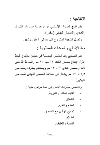 ‫ﺍﻹﻨﺘﺎﺠﻴﺔ :‬
‫ﻴﺘﻡ ﺇﻨﺘﺎﺝ ﺍﻟﻤﺴﻤﺎﺭ ﺍﻷﺴﺎﺴﻲ ﻤﻥ ﻨﻭﻋﻴـﺔ ﻤﺴـﻤﺎﺭ ﺍﻟﺸـﻙ‬
                     ‫ﻭﺍﻟﻌﺎﺩﻱ ﻭﺍﻟﻤﺴﻤﺎﺭ ﺍﻟﻨﻬﺎﺌﻲ )ﺩﻴﻜﻭﺭ(.‬
     ‫ﻭﺘﺼل ﺇﻨﺘﺎﺠﻴﺔ ﺍﻟﻤﺸﺭﻭﻉ ﺇﻟﻰ ﺤﻭﺍﻟﻲ ٤ ﻁﻥ / ﺸﻬﺭ.‬

                ‫ﺨﻁ ﺍﻹﻨﺘﺎﺝ ﻭﺍﻟﻤﻌﺩﺍﺕ ﺍﻟﻤﻁﻠﻭﺒﺔ :‬
‫ﻴﺘﻡ ﺍﻟﺘﺼﻨﻴﻊ ﻭﻓﻘﺎ ﻟﻸﺴﺱ ﺍﻟﻬﻨﺩﺴﻴﺔ ﻓﻲ ﺨﻁﻴﻥ ﻟﻺﻨﺘﺎﺝ ﺍﻟﺨﻁ‬
‫ﺍﻷﻭل ﻹﻨﺘﺎﺝ ﻤﺴﻤﺎﺭ ﺍﻟﺸﻙ ٣١ ﻤﻡ، ٠١ ﻤﻡ ﻭﺍﻟﺨـﻁ ﺍﻟﺜـﺎﻨﻲ‬
‫ﻹﻨﺘﺎﺝ ﻤﺴﻤﺎﺭ ﻋﺎﺩﻱ ٢ × ٣١ ﻤﻡ ﻭﻴﺴﺘﺨﺩﻡ ﺒﻤﻔﺭﺩﻩ ﻭﻤﺴـﻤﺎﺭ‬
‫٥,١ × ٣١ ﻤﻡ ﻭﻴﺩﺨل ﻓﻲ ﺼﻨﺎﻋﺔ ﺍﻟﻤﺴﻤﺎﺭ ﺍﻟﻨﻬﺎﺌﻲ )ﻤﺴـﻤﺎﺭ‬
                                                 ‫ﺍﻟﺩﻴﻜﻭﺭ(.‬
        ‫ﻭﺘﺘﻠﺨﺹ ﺨﻁﻭﺍﺕ ﺍﻹﻨﺘﺎﺝ ﻓﻲ ﻋﺩﺓ ﻤﺭﺍﺤل ﻤﻨﻬﺎ :‬
                        ‫ﺘﻐﺫﻴﺔ ﺍﻟﺴﻠﻙ / ﺍﻟﺸﺭﻴﻁ.‬        ‫-‬
                                     ‫ﺍﻟﺘﺸﻜﻴل.‬        ‫-‬
                                ‫ﺍﻟﻘﻁﻊ ﻭﺍﻟﺜﻘﺏ.‬        ‫-‬
                     ‫ﺘﺠﻤﻴﻊ ﺍﻟﺭﺃﺱ ﻤﻊ ﺍﻟﻤﺴﻤﺎﺭ.‬         ‫-‬
                                      ‫ﺍﻟﻁﻼﺀ.‬         ‫-‬
                             ‫ﺍﻟﺘﻌﺒﺌﺔ ﻭﺍﻟﺘﻐﻠﻴﻑ.‬       ‫-‬


                     ‫- ٤٨١ -‬
 