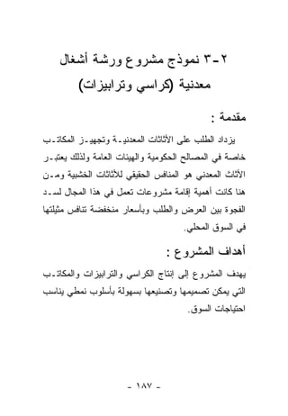 ‫٢-٣ ﻨﻤﻭﺫﺝ ﻤﺸﺭﻭﻉ ﻭﺭﺸﺔ ﺃﺸﻐﺎل‬
         ‫ﻤﻌﺩﻨﻴﺔ )ﻜﺭﺍﺴﻲ ﻭﺘﺭﺍﺒﻴﺯﺍﺕ(‬

                                           ‫ﻤﻘﺩﻤﺔ :‬
‫ﻴﺯﺩﺍﺩ ﺍﻟﻁﻠﺏ ﻋﻠﻰ ﺍﻷﺜﺎﺜﺎﺕ ﺍﻟﻤﻌﺩﻨﻴـﺔ ﻭﺘﺠﻬﻴـﺯ ﺍﻟﻤﻜﺎﺘـﺏ‬
‫ﺨﺎﺼﺔ ﻓﻲ ﺍﻟﻤﺼﺎﻟﺢ ﺍﻟﺤﻜﻭﻤﻴﺔ ﻭﺍﻟﻬﻴﺌﺎﺕ ﺍﻟﻌﺎﻤﺔ ﻭﻟﺫﻟﻙ ﻴﻌﺘﺒـﺭ‬
‫ﺍﻷﺜﺎﺙ ﺍﻟﻤﻌﺩﻨﻲ ﻫﻭ ﺍﻟﻤﻨﺎﻓﺱ ﺍﻟﺤﻘﻴﻘﻲ ﻟﻸﺜﺎﺜﺎﺕ ﺍﻟﺨﺸﺒﻴﺔ ﻭﻤـﻥ‬
‫ﻫﻨﺎ ﻜﺎﻨﺕ ﺃﻫﻤﻴﺔ ﺇﻗﺎﻤﺔ ﻤﺸﺭﻭﻋﺎﺕ ﺘﻌﻤل ﻓﻲ ﻫﺫﺍ ﺍﻟﻤﺠﺎل ﻟﺴـﺩ‬
‫ﺍﻟﻔﺠﻭﺓ ﺒﻴﻥ ﺍﻟﻌﺭﺽ ﻭﺍﻟﻁﻠﺏ ﻭﺒﺄﺴﻌﺎﺭ ﻤﻨﺨﻔﻀﺔ ﺘﻨﺎﻓﺱ ﻤﺜﻴﻠﺘﻬﺎ‬
                                    ‫ﻓﻲ ﺍﻟﺴﻭﻕ ﺍﻟﻤﺤﻠﻲ.‬

                                ‫ﺃﻫﺩﺍﻑ ﺍﻟﻤﺸﺭﻭﻉ :‬
‫ﻴﻬﺩﻑ ﺍﻟﻤﺸﺭﻭﻉ ﺇﻟﻰ ﺇﻨﺘﺎﺝ ﺍﻟﻜﺭﺍﺴﻲ ﻭﺍﻟﺘﺭﺍﺒﻴﺯﺍﺕ ﻭﺍﻟﻤﻜﺎﺘـﺏ‬
‫ﺍﻟﺘﻲ ﻴﻤﻜﻥ ﺘﺼﻤﻴﻤﻬﺎ ﻭﺘﺼﻨﻴﻌﻬﺎ ﺒﺴﻬﻭﻟﺔ ﺒﺄﺴﻠﻭﺏ ﻨﻤﻁﻲ ﻴﻨﺎﺴﺏ‬
                                     ‫ﺍﺤﺘﻴﺎﺠﺎﺕ ﺍﻟﺴﻭﻕ.‬




                     ‫- ٧٨١ -‬
 