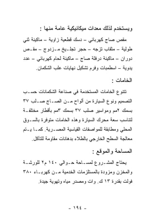 ‫ﻭﻴﺴﺘﺨﺩﻡ ﻟﺫﻟﻙ ﻤﻌﺩﺍﺕ ﻤﻴﻜﺎﻨﻴﻜﻴﺔ ﻋﺎﻤﺔ ﻤﻨﻬﺎ :‬
‫ﻤﻘﺹ ﺼﺎﺝ ﻜﻬﺭﺒﺎﺌﻲ – ﺩﺴﻙ ﻗﻁﻌﻴﺔ ﺯﺍﻭﻴﺔ – ﻤﺎﻜﻴﻨﺔ ﺜﻨﻲ‬
‫ﻁﻭﻟﻴﺔ – ﻤﺜﻘﺎﺏ ﺘﺯﺠﻪ – ﺤﺠﺭ ﺘﺠﻠـﻴﺦ ﻤـﺯﺩﻭﺝ – ﻤﻘـﺹ‬
‫ﺩﻭﺭﺍﻥ – ﻤﺎﻜﻴﻨﺔ ﺩﺭﻓﻠﺔ ﺼﺎﺝ – ﻤﺎﻜﻴﻨﺔ ﻟﺤﺎﻡ ﻜﻬﺭﺒﺎﺌﻲ – ﻋﺩﺩ‬
      ‫ﻴﺩﻭﻴﺔ – ﺍﺴﻁﻤﺒﺎﺕ ﻭﻓﺭﻡ ﺘﺸﻜﻴل ﻨﻬﺎﻴﺎﺕ ﻋﻠﺏ ﺍﻟﺸﻜﻤﺎﻥ.‬

                                           ‫ﺍﻟﺨﺎﻤﺎﺕ :‬
‫ﺘﺘﻨﻭﻉ ﺍﻟﺨﺎﻤﺎﺕ ﺍﻟﻤﺴﺘﺨﺩﻤﺔ ﻓﻲ ﺼﻨﺎﻋﺔ ﺍﻟﺸﻜﻤﺎﻨﺎﺕ ﺤﺴـﺏ‬
‫ﺍﻟﺘﺼﻤﻴﻡ ﻭﻨﻭﻉ ﺍﻟﺴﻴﺎﺭﺓ ﻤﻥ ﺃﻟﻭﺍﺡ ﻤـﻥ ﺍﻟﺼـﺎﺝ ﺼـﻠﺏ ٧٣‬
‫ﺒﺴﻤﻙ ٢ﻤﻡ ﻭﻤﻭﺍﺴﻴﺭ ﺼﻠﺏ ٧٣ ﺒﺴﻤﻙ ٣ﻤﻡ ﺒﺄﻗﻁﺎﺭ ﻤﺨﺘﻠﻔـﺔ‬
‫ﻟﺘﻨﺎﺴﺏ ﺴﻌﺔ ﻤﺤﺭﻙ ﺍﻟﺴﻴﺎﺭﺓ ﻭﻫﺫﻩ ﺍﻟﺨﺎﻤﺎﺕ ﻤﺘﻭﻓﺭﺓ ﺒﺎﻟﺴـﻭﻕ‬
‫ﺍﻟﻤﺤﻠﻲ ﻭﻤﻁﺎﺒﻘﺔ ﻟﻠﻤﻭﺍﺼﻔﺎﺕ ﺍﻟﻘﻴﺎﺴﻴﺔ ﺍﻟﻤﺼـﺭﻴﺔ. ﻜﻤـﺎ ﻴـﺘﻡ‬
    ‫ﻤﻌﺎﻟﺠﺔ ﺍﻟﺴﻁﺢ ﺍﻟﺨﺎﺭﺠﻲ ﺒﺎﻟﻁﻼﺀ ﺒﺩﻫﺎﻨﺎﺕ ﻤﻘﺎﻭﻤﺔ ﻟﻠﺘﺂﻜل.‬

                                  ‫ﺍﻟﻤﺴﺎﺤﺔ ﻭﺍﻟﻤﻭﻗﻊ :‬
‫ﻴﺤﺘﺎﺝ ﺍﻟﻤﺸـﺭﻭﻉ ﻟﻤﺴـﺎﺤﺔ ﺤـﻭﺍﻟﻲ ٠٤١ ﻡ٢ ﻟﻠﻭﺭﺸـﺔ‬
‫ﻭﺍﻟﻤﺨﺯﻥ ﻭﻤﺯﻭﺩﺓ ﺒﺎﻟﻤﺴﺘﻠﺯﻤﺎﺕ ﺍﻟﺨﺩﻤﻴﺔ ﻤـﻥ ﻜﻬﺭﺒـﺎﺀ ٠٨٣‬
       ‫ﻓﻭﻟﺕ ﺒﻘﺩﺭﺓ ٣١ ﻙ. ﻭﺍﺕ ﻭﻤﺼﺩﺭ ﻤﻴﺎﻩ ﻭﺘﻬﻭﻴﺔ ﺠﻴﺩﺓ.‬



                      ‫- ٤٩١ -‬
 