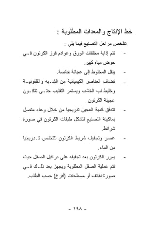 ‫ﺨﻁ ﺍﻹﻨﺘﺎﺝ ﻭﺍﻟﻤﻌﺩﺍﺕ ﺍﻟﻤﻁﻠﻭﺒﺔ :‬
                    ‫ﺘﺘﻠﺨﺹ ﻤﺭﺍﺤل ﺍﻟﺘﺼﻨﻴﻊ ﻓﻴﻤﺎ ﻴﻠﻲ :‬
‫ﺘﺘﻡ ﺇﺫﺍﺒﺔ ﻤﺨﻠﻔﺎﺕ ﺍﻟﻭﺭﻕ ﻭﻋﻭﺍﺩﻡ ﻓﺭﺯ ﺍﻟﻜﺭﺘﻭﻥ ﻓـﻲ‬   ‫-‬
                             ‫ﺤﻭﺽ ﻤﻴﺎﻩ ﻜﺒﻴﺭ.‬
                ‫ﻴﻨﻘل ﺍﻟﻤﺨﻠﻭﻁ ﺇﻟﻰ ﻋﺠﺎﻨﺔ ﺨﺎﺼﺔ.‬    ‫-‬
‫ﺘﻀﺎﻑ ﺍﻟﻌﻨﺎﺼﺭ ﺍﻟﻜﻴﻤﻴﺎﺌﻴﺔ ﻤﻥ ﺍﻟﺸـﺒﻪ ﻭﺍﻟﻘﻠﻔﻭﻨﻴـﺔ‬   ‫-‬
‫ﻭﺨﻠﻴﻁ ﻟﺏ ﺍﻟﺨﺸﺏ ﻭﻴﺴﺘﻤﺭ ﺍﻟﺘﻘﻠﻴﺏ ﺤﺘـﻰ ﺘﺘﻜـﻭﻥ‬
                              ‫ﻋﺠﻴﻨﺔ ﺍﻟﻜﺭﺘﻭﻥ.‬
‫ﺘﺘﺩﻓﻕ ﻜﻤﻴﺔ ﺍﻟﻌﺠﻴﻥ ﺘﺩﺭﻴﺠﻴﺎ ﻤﻥ ﺨﻼل ﻭﻋﺎﺀ ﻤﺘﺼل‬      ‫-‬
‫ﺒﻤﺎﻜﻴﻨﺔ ﺍﻟﺘﺼﻨﻴﻊ ﻟﺘﺸﻜل ﻁﺒﻘﺎﺕ ﺍﻟﻜﺭﺘﻭﻥ ﻓﻲ ﺼﻭﺭﺓ‬
                                      ‫ﺸﺭﺍﺌﻁ.‬
‫ﻋﺼﺭ ﻭﺘﺠﻔﻴﻑ ﺸﺭﻴﻁ ﺍﻟﻜﺭﺘﻭﻥ ﻟﻠﺘﺨﻠﺹ ﺘـﺩﺭﻴﺠﻴﺎ‬         ‫-‬
                                    ‫ﻤﻥ ﺍﻟﻤﺎﺀ.‬
‫ﻴﻤﺭﺭ ﺍﻟﻜﺭﺘﻭﻥ ﺒﻌﺩ ﺘﺠﻔﻴﻔﻪ ﻋﻠﻰ ﺩﺭﺍﻓﻴل ﺍﻟﺼﻘل ﺤﻴﺙ‬    ‫-‬
‫ﺘﺘﻡ ﻋﻤﻠﻴﺔ ﺍﻟﺼﻘل ﺍﻟﻤﻁﻠﻭﺒﺔ ﻭﻴﺠﻬﺯ ﺒﻌﺩ ﺫﻟـﻙ ﻓـﻲ‬
  ‫ﺼﻭﺭﺓ ﻟﻔﺎﺌﻑ ﺃﻭ ﻤﺴﻁﺤﺎﺕ )ﺃﻓﺭﺥ( ﺤﺴﺏ ﺍﻟﻁﻠﺏ.‬




                      ‫- ٨٩١ -‬
 